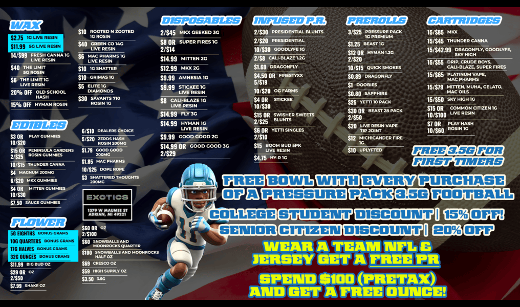 an A..... tilfr 95993 lama mos OUICS SN.M. 511.541111 993593 5319 IT $11.19 $009 2/919 114111.F5 EXC. CS .z.znlat PIN 13389 113 151$65 111Xr ono IgslOo crn 9499 rogo n9E aiezEdED UDEEECCIIIEIDUC CIRZL-Li.1J3131EEDUCCUCMI WDOLLEGE SENSOR 155 99391995 91.15951393 LHJutLIAJIL1 I jl.Je F4T2iLut WEAR A TEAM NFL C JERSEY GET A FREE PR SPEND $100 PRETAX AND GET A FREE OUNCE / SHOP OUR FULL MENU FOR PICKUP OR CURBSIDE ONLINE ATWWW.EXOTICSADRIAN.COMLOWEST PRICES IN MICHIGAN*WE MATCH PRICES* 