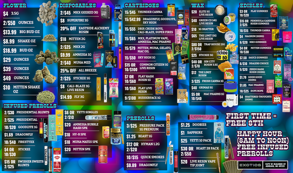 zrzEn $4 3.5G 21$50 OUNCES DISPOSABLES LI . 2/$45 MKX GEEKED 36 446 $8 SUPERFIRE 1G 20 OFF $13.99 BIG BUD OZ $8.99 SHAKE. OZ $18.99 BUD OZ $29 OUNCES $39 OUNCES $49 OUNCES $10 MITTEN SHAKE OZ At INFUSED PEE/DLLS 2/$30 PRESIDENTIAL BLUNTS 2/$25 PRESIDENTIAL 11 10420 GOODLYFE 1G it $1.69 DRAGONFLY 10/$40 nRESTYXX $4 OR STICKEE 10/$30 $15 OR SWISHER SWEETS 2/$25 BLUNTS . 12CATITEIDGEZ Pup. j 15/$45 THUNDER CANNA $20 ant SG 1 L1VERESIN L. WAX EASTS1DE ALCHEMY ROSIN $18 MITTEN 2G 2/$25 MX 2G $9.99 AMNESIA IG 21$40 MUHA MED lV 25 OFF ALL BREEZE 2/$25 STICKEE 10 $8 CALI-BLAZE 1G LIVE RESIN $14.99 PLY3G OR TETT S INGLES 2/$10 $20 AMNESIA BUBBLE HASH SPK $18 HY-RSPK $18 MUHA MATES SPK 1 15442.00 DRAGONFLY GOODLYFE SKY HIGH 15455 DRIP CRUDE BOYS CALI-BLAZE SUPER FIRES nttr 15485 MKX PLATINUM VAPE AMNESIA MAC PRAMS 151$19 MITTEN MUHA GELATO MAC OIL 15/$50 SKYHIGHIG 1 $15 OR COMMON CITIZEN 1G nisi 0 0 LIVE RESIN 0244 M $7 OR PLAY HASH 10/$60 ROSIN IG riZ anal 10/$60 PLAY LIVE 11 11.4Yr 9/$100 BUDDERFACE IG Pranalt a 4 3/$25 PRESSURE PACK 11T.1 1G PREMIUM SI SAPPHIRE $40 GREEN C014G LIVE RESIN $10 SHATTER $65 THE LIMIT 15G LIVE RESIN $80 OR TRAP HOUSE15Ge 2/8150 $25 STK/ME SO $10 oR siNcrri 2/$10 ROSIN 3.50 $12 THE LIMIT ROSIN EDIBLES. $3 OR PLAY GUNNIES 10/$20 $15 OR PEN INSIRA GARDENS 2425 ROSIN CILRIMIES . 84 MAGNUM 200H0 THUNDER CANNA ri 10/$15 8420 1411X GtIMMIES $40R WREN GIDOCLES 10/$30 Ofir $15 SAUCE GUNMIES 3425 FRESH CANNA 10 $40 GRIMA55G 8510 DEALERS CHOICE 5/820 MDR HASH et. RO$0120010 $17$ GOODGOOD 200/4G kali. 10/$25 DOPE ROPE $5 OR MAC PHARNS IG 10/$40 $1.25 DOOBIES $1.25 BEAST TG $12 OR HYMAN L2G 2/$20 10/$15 QUICK SMOKES $0.89 DRAGONFLY 4 $25 YETTI 10 PACK $30 OR BEAST 28 PACK 2/$50 - $20 LIVE RESIN VAPE TIP JOINT a ma MGUo s2or THOUGHTS 7 FIRST TIME FREE 8TH HAPPY noun SAM TO NOON FREE INFUSED PREROLLS 1579 W MAOMII ST ADRIAN MI 40121 / SHOP OUR FULL MENU FOR PICKUP OR CURBSIDE ONLINE ATWWW.EXOTICSADRIAN.COMLOWEST PRICES IN MICHIGAN*WE MATCH PRICES* 