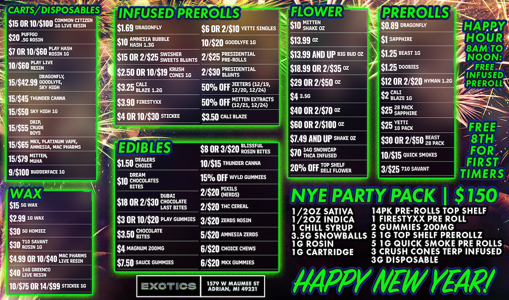 CARTS/DISPOSABLES $15 OR 10/$1110 rut Lir $20 SG ROSIN $7 01110/$60 riot fr 10/$60 Zawr 15442.99txTE 15445 Thum ovw 15450 SKY larAl 15/$55 pctixis 15465 sc vAPE 15/$79 tiellur 9/$100 MACE so WAX r INFUSED PRERO c FLOWER $1.69 DRAGONFLY $6 OR 2/$10 YETTI SINGLES 71 oz GOODLYFE IG $13.99 OZ $15 OR 2/$25 SWISHERimn 2/$25 pREW $2.50 OR 10/$19 Xs w 2/$30 rnAL 50 OFF 32/419 $325 912E 1.20 $13.99 AND UP BIG MU 02 $18.99 OR 2/$35 a $29 OR 2/550 oz $3.90 FIRESTYXI $2.9910 WAX $1.50 36E DREAM $10 CHOCOLATES BITES $18 OR 2/$30 ATE $3 OR 10420 PLAY MIMS 3050 HOMER $30R10 SAVANT $3.50 CHOCOLATEBITES $4 MAGNUM 200MG $1.50 SAUCE GUMMIES $8 OR 3/$20 tetES 1041$ mem CANNA 15 off MAW OUNCES 2420 2/$20 INC CEREAL 3420 was ROSIN 5420 AMNESIA ZERIXS 6420 CHM CHEWS 6/$20 MK MIMS 1579 W MAUMEE ST ADRIAN MI 49221 $40 OR 2/$70 a $60 OR 24100 on $7.49 AND UP SHAKE oz Mn ITirtGA INFUSED 20 OFF n PREROLLS DRAGONFLY $1 SAPPHIRE $1.25 BEAST 10 $1.25 1BaS $12 OR 2/520 ozmoN $2 BLAZE E $25 rAggz $25 Thei $30 OR 2450 arm 10/$15 QUICK MK 3/525 no snow . HARPY HOUR 8AMTO NOON. /FREE. INFUSED PREROLL 1 /20Z SATIVA 1/20Z INDICA 1 CHILL SYRUP 3.5G SNOWBALLS 1G ROSIN 1G CARTRIDGE 14PK PRE-ROLLS TOP SHELF 1 FIRESTYXX PRE ROLL 2 GUMMIES 200MG 51G TOP SHELF PREROLLZ 5 1G QUICK SMOKE PRE ROLLS 3 CRUSH CONES TERP INFUSED 3G DISPOSABLE / SHOP OUR FULL MENU FOR PICKUP OR CURBSIDE ONLINE ATWWW.EXOTICSADRIAN.COMLOWEST PRICES IN MICHIGAN*WE MATCH PRICES* 