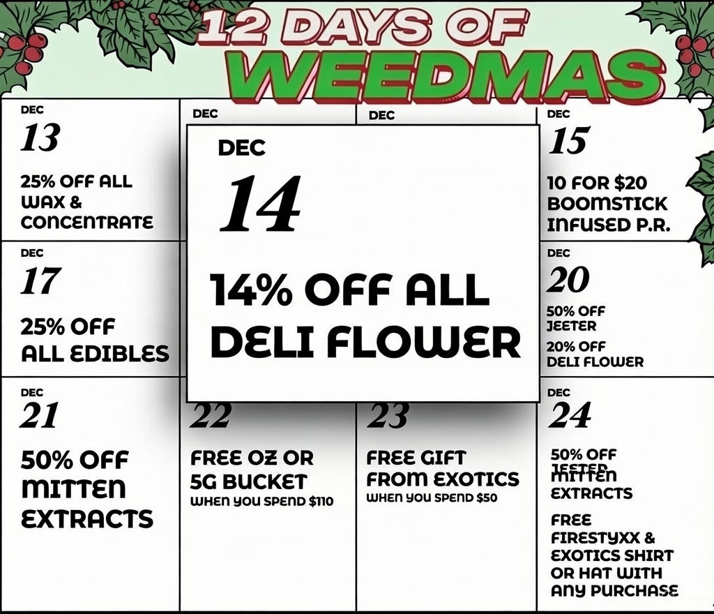 25 OFF ALL WAX COMMTRATE DEC 17 25 OFF ALL EDIBLE DEC 21 50 OFF MITTEn EXTRACTS DEC 14 14 OFF ALL DELI FLOWER 2Z-FREE OZ OR 5G BUCKET WHEfl YOU SPEW $110 23 FREE GIFT FROM EXOTICS WHEfl YOU SPErlD $50 10 FOR $20 BOOMSTICK IrlFUSED P.R. DEC 20 50 OFF 3EETER 20 OFF DELI FLOWER DEC 24 50 OFF NSfilfgn EXTRACTS FREE FIRESTYXX EXOTICS SHIRT OR HAT WITH Any PURCHASE / SHOP OUR FULL MENU FOR PICKUP OR CURBSIDE ONLINE ATWWW.EXOTICSADRIAN.COMLOWEST PRICES IN MICHIGAN*WE MATCH PRICES* 