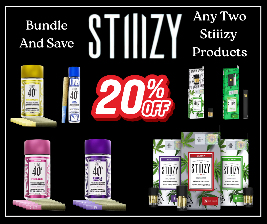Bundle And Save 4as SLIM 40s PINK EA InaserulAS MilanISOU 1117.1.3.insail STIIILI 20 STIlT 40 PURINA PUNCH -SOS--a ailamGOOLI Ona.inlat Any Two Stiiizy Products til If wMI STIIIIY HYBRID STIIIZY rzt STIIIZY 014 GRAM MMus MC 0011 Rant wimp 0.103 /   Stiiizy Bundle Sale  Save 20% Until 12/12! Holiday Stiiizy Deal: Buy Any 2, Get 20% Off Stiiizy Fans  This One's for You! Stiiizy Holiday Bundle Deal  Save 20%! Get into the holiday spirit with one of our biggest Stiiizy promotions of the season! Now through 12/12/25, bundle ANY two Stiiizy products and instantly SAVE 20% at Elevate.Mix and match your favorites, try something new, or stock up for holiday gifting  the choice is yours. Eligible Stiiizy Products Include:Prerolls: 1g singles & 2.5g 5-packsPods: Classic & premium strainsAIO Vapes: All-in-one disposablesLiquid Diamond AIOs and Pods: Extra-potent, smooth-hitting formulaWhether you're prepping for holiday gatherings or looking for easy stocking stuffers, this is the perfect time to elevate your Stiiizy stash. Bundle Any 2  Save 20%  Ends 12/12/25Stop in, shop online, or order for delivery while supplies last.