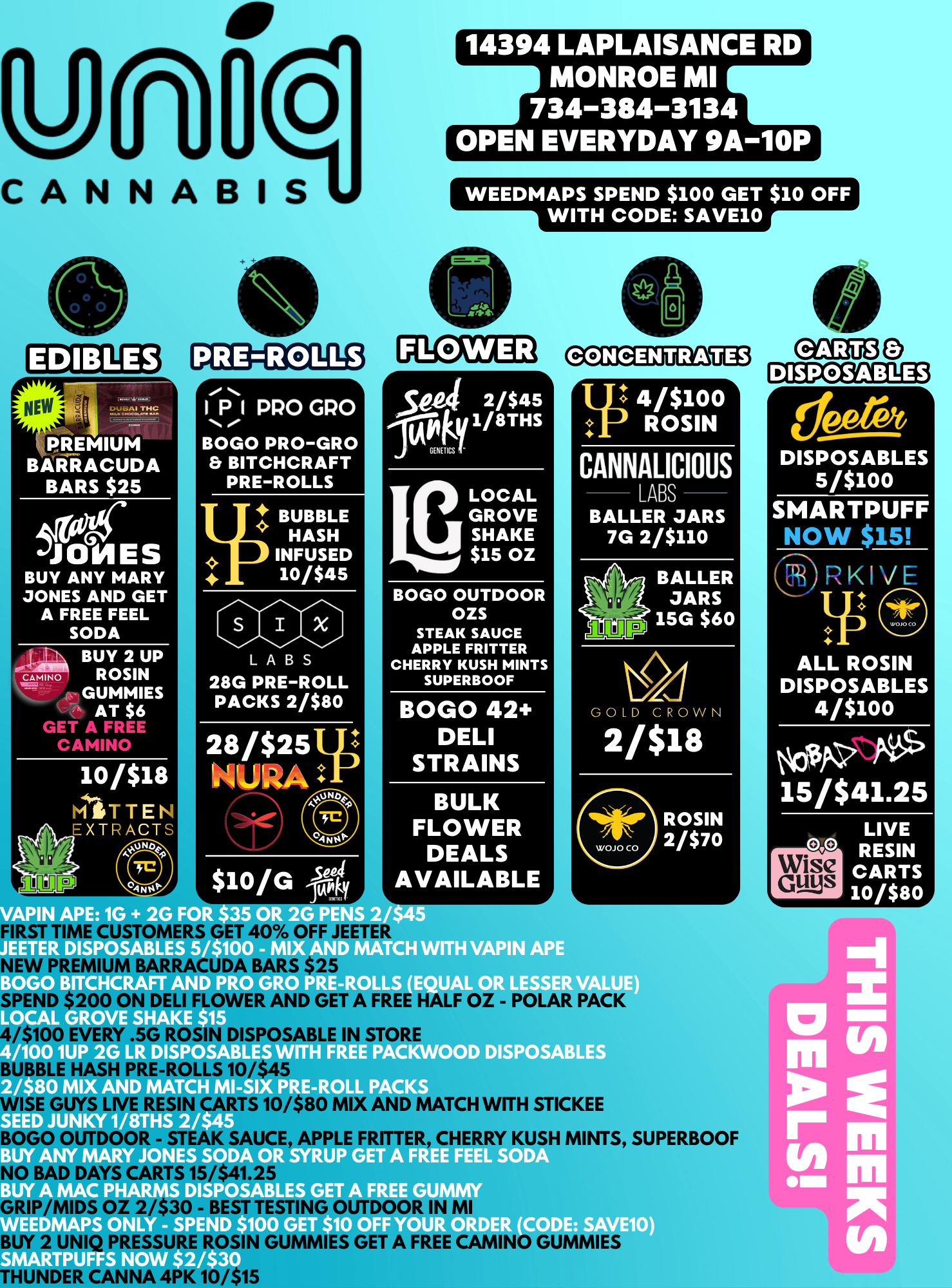 Wise Guys. 14394 LAPLAISANCE RD MONROE MI 734-384-3134 OPEN EVERYDAY 9A-10P WEEDMAPS SPEND $100 GET $10 OFF WITH CODE SAVE10 EDIBLES BUY ANY MARY JONES AND GET A FREE FEEL SODA ecA BUY 2 UP orruk mmo ROSIN GUMMIES AT $6 GET A FREE CAMINO 10/$18 MITTEN EXTRACTS I P 1 PRO GRO BOGO PROGRO BITCHCRAFT PREROLLS BUBBLE HASH INFUSED 10/$45 LABS 28G PREROLL PACKS 2/$80 $10/G -st11411 TIME CUSTOMERS GET 4 UM BARRACUDA B 504 2/$45 1/14 1/8THs nms- LOCAL GROVE SHAKE $15 OZ BOGO OUTDOOR OZS STEAK SAUCE APPLE FRITTER CHERRY KUSH MINTS SUPERBOOF BOGO 42 DELI STRAINS BULK FLOWER DEALS AVAILABLE 2G PE S 2/$45 IX AND MATCH WITH VAPIN APE IV4/$100 ROSIN CANNALICIOUS LABS BALLER JARS 7G 2/$110 BALLER JARS 15G $60 GOLD CROW N 2/$18 WOJOCC ROSIN 2/$70 SPEND $200 ON DELI FLOWER AND GET A FREE HALF OZ - POLAR PACK A G ROSIN DISPOSABLE IN STORE /100 1UP 2G LR DISPOSABLES WITH FR 2/$80 TCH MI-SIX FIRE-ROLL PACKS - I S LIVE RE BOGO OUTDOOR - ST v SAUCE APP NO BAD DAYS CARTS 15/$41.2 ND MATCH WITH STICKEE RTE P GE EE LES GET A FREE GUMMY 11 10 OFF YOUR ORDER CODE SAVE10 ERRY KUSH MINTS SUPERBOOF BUY 2 UNIQ PRESSURE ROSIN GUMMIE REE CAMINO GUMMIES THUNDER CANNA 4PK 10/$15 DISPOSABLES 5/$100 SMARTPUFF NOW $15 KIVE ip ALL ROSIN DISPOSABLES 4/$100 tmis. 15/$41.25 0 0 LIVE RESIN CARTS 10/$80 / 