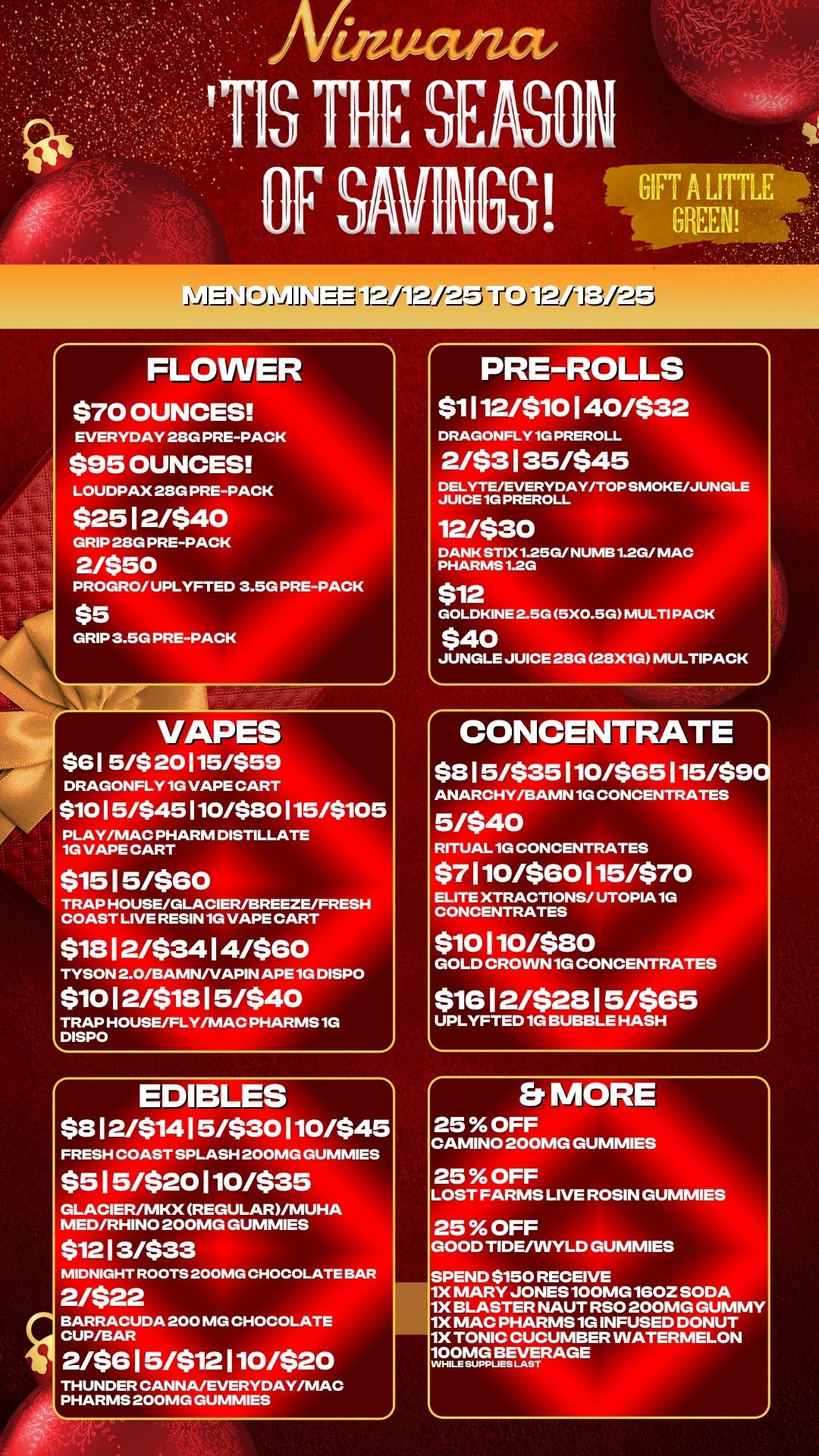 FLOWER $70 OUNCES EVERYDAY 28G PRE-PACK $95 OUNCES LOUDPAX 28G PRE-PACK $2512/$40 GRIP 243G PRE-PACK 2/$50 PROGRO/ UPLYFTED 3.5G PRE-PACK $5 GRIP 3.5G PRE-PACK VAPES $61 5/$ 20115/$59 DRAGONFLY 1G VAPE CART $1015/$45110/$80115/$105 PLAY/MAC PHARM DISTILLATE 1G VAPE CART $15 15/$60 TRAP HOUSE/GLACIER/BREEZE/FRESH COAST LIVE RESIN 1G VAPE CART $1812/$3414/$60 TYSON 2.0/BAMN/VAPIN APE 1G DISPO $1012/$1815/$40 TRAP HOUSE/FLY/MAC PHARMS1G DISPO EDIBLES $s 12/$1415/$3o 10/e45 FRESH COAST SPLASH 200MG GUMMIES $515/$20110/$35 GLACIER/MKX REGULAR/MUHA MED/RHINO 200MG GUMMIES $1213/$33 MIDNIGHT ROOTS 200MG CHOCOLATE BAR 2/$22 BARRACUDA 200 MG CHOCOLATE CUP/BAR 2/$615/$12110/$20 THUNDER CANNA/EVERYDAY/MAC PHARMS 200MG GUMMIES PRE-ROLLS $1112/$10140/$32 DRAGONFLY 1G PREROLL 2/$3135/$45 DELYTE/EVERYDAY/TOP SMOKE/JUNGLE JUICE 1G PREROLL 12/$30 DANK STIX1.25G/ NUMB 1.2G/ MAC PHARMS1.2G $12 GOLDKINE 2.5G 5X0.5G MULTI PACK $40 JUNGLE JUICE 28G 28X1G MULTIPACK CONCENTRATE $815/$35110/$65115/$90 ANARCHY/BAMN 1G CONCENTRATES 5/$40 RITUAL 1G CONCENTRATES $7110/$60115/$70 ELITE XTRACTIONS/ UTOPIA 1G CONCENTRATES $10 110/$80 GOLD CROWN 1G CONCENTRATES $16 12/$28 15/$65 UPLYFTED 1G BUBBLE HASH Et MORE 25 OFF CAMINO 200MG GUMMIES 25 OFF LOST FARMS LIVE ROSIN GUMMIES 25 OFF GOOD TIDE/WYLD GUMMIES SPEND $150 RECEIVE 1X MARY JONES 100MG 1GOZ SODA 1X BLASTER NAUT RSO 200MG GUMMY 1X MAC PHARMS 1G INFUSED DONUT 1X TONIC CUCUMBER WATERMELON 100MG BEVERAGE INHI LE SUPPLIES LAST / 