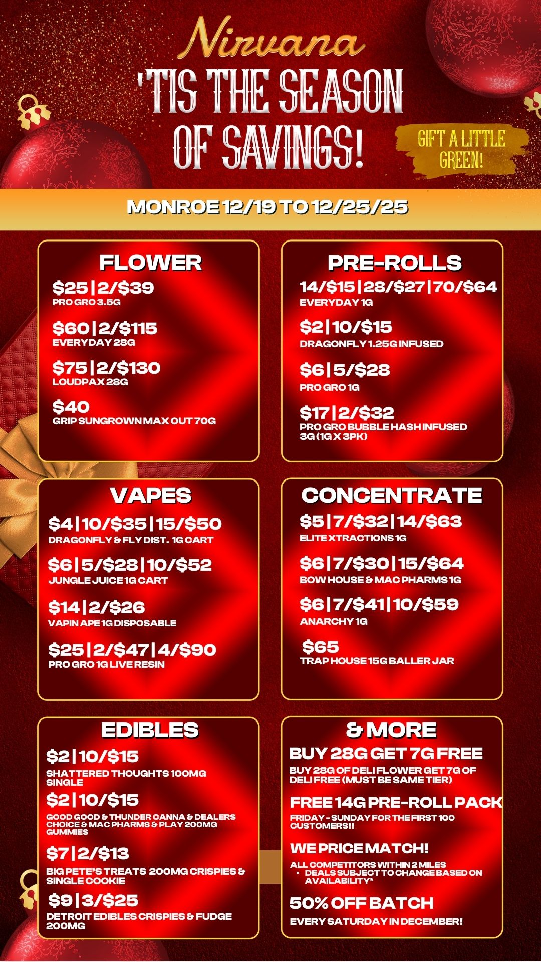 JJI Ji--r.JE1-1-2/1-7-11-12/2.--if.--- FLOWER $25 12/$39 PRO GRO 3.5G $60 12/$115 EVERYDAY 23G $75 12/$130 LOUDPAX 23G $40 GRIP SUNGROVVN MAX OUT 70G VAPES $4110/$35115/$50 DRAGONFLY is FLY DIST. 1G CART $615/$28110/$52 JUNGLE JUICE 1G CART $14 12/$26 VAPIN APE 1G DISPOSABLE $25 12/$47 14/$90 PRO GRO 1G LIVE RESIN EDIBLES $2110/$15 SHATTERED THOUGHTS 100MG SINGLE $2110/$15 GOOD GOOD b THUNDER CANNA b DEALERS CHOICE b MAC PHARMS Et PLAY 200MG GUMMIES $712/$13 BIG PETES TREATS 200MG CRISPIES SINGLE COOKIE $913/$25 DETROIT EDIBLES CRISPIES Et FUDGE 200MG PRE-ROLLS 14/$15128/$27170/$64 EVERYDAY 1G $2110/$15 DRAGONFLY 1.25G INFUSED $615/$28 PRO GRO 1G $17 12/$32 PRO GRO BUBBLE HASH INFUSED 3G 1G X 3PK CONCENTRATE $517/$32114/$63 ELITE XTRACTIONS 1G $617/$30115/$64 BOW HOUSE Er MAC PHARMS 1G $617/$41110/$59 ANARCHY 1G $65 TRAP HOUSE 15G BALLER JAR Er MORE BUY 28G GET 7G FREE BUY 213G OF DELI FLOWER GET 7G OF DELI FREE MUST BE SAME TIER FREE 14G PRE-ROLL PACK FRIDAY - SUNDAY FOR THE FIRST 100 CUSTOMERS WE PRICE MATCH ALL COMPETITORS WITHIN 2 MILES DEALS SUBJECT TO CHANGE BASED ON AVAILABILITY 50 OFF BATCH EVERY SATURDAY IN DECEMBER / 