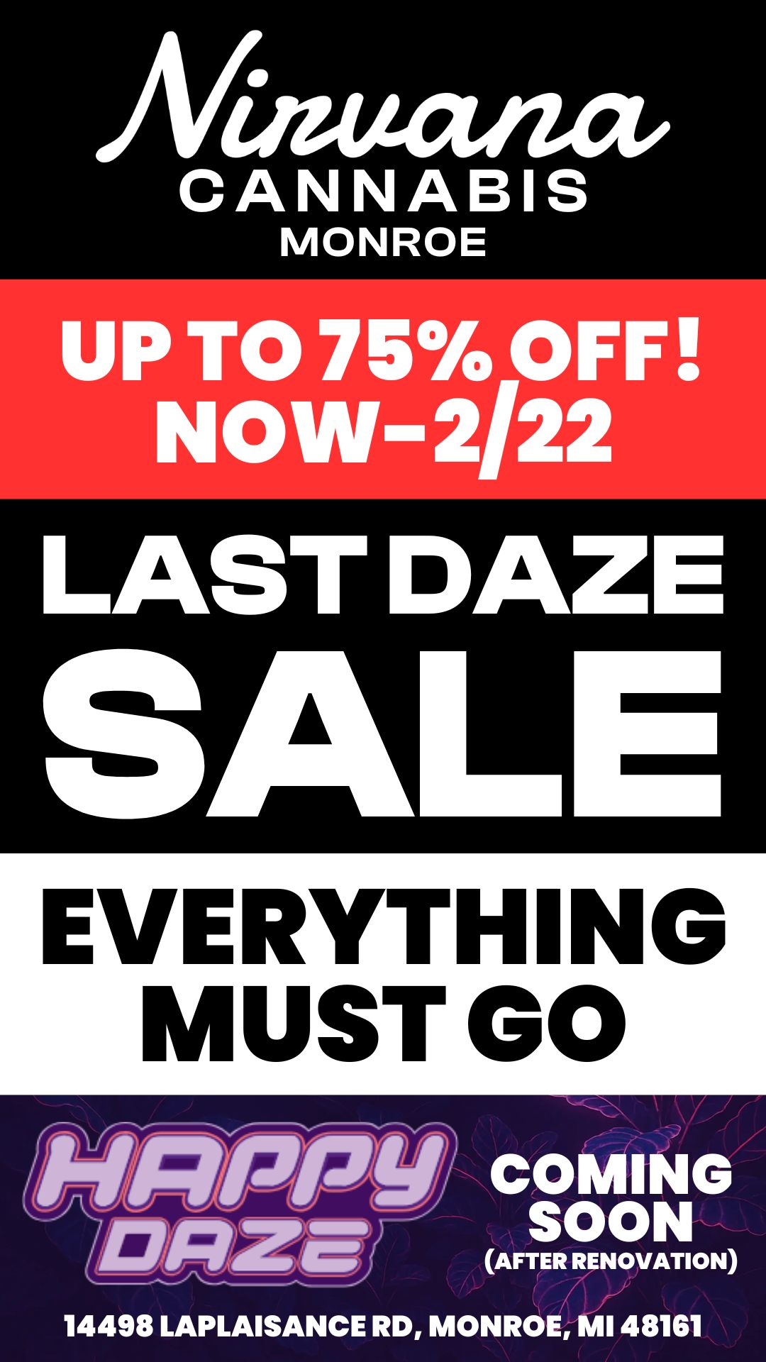 Ninucuza CANNA -IS MONROE UP TO 75OFF NOW 2/22 LAST DAZE SALE EVERYTHING MUST GO COMING SOON AFTER RENOVATION 14498 LAPLAISANCE RD MONROE MI 48161 / 