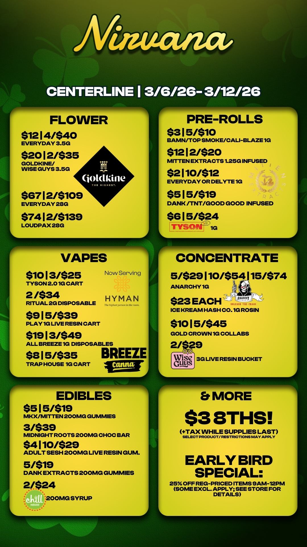 FLOWER $1214/$40 EVERYDAY 3.5G $20 12/$35 GOLDKINE/ WISE GUYS 3.5G me joldkine $6712/$109 EVERYDAY 23G $7412/$139 LOUDPAX 23G VAPES $1013/$25 TYSON 2.0 1G CART 2 /$34 RITUAL 2G DISPOSABLE $915/$39 PLAY 1G LIVE RESIN CART $19 13/$49 ALL BREEZE 1G DISPOSABLES $815/$35 4111111 Now Serving HYMAN TRAP HOUSE 1G CART r EDIBLES BREEZE CGISIUL $515/$19 MKX/MITTEN 200MG GUMMIES 3/$39 MIDNIGHT ROOTS 200MG CHOC BAR $4110/$29 ADULT SESH 200MG LIVE RESIN GUM. 5/$19 DANK EXTRACTS 200MG GUMMIES 2/$24 200MG SYRUP PRE-ROLLS $315/$10 BAMN/TOP SMOKE/CALI-BLAZE 1G $1212/$20 MITTEN EXTRACTS 1.25G INFUSED $2110/$12 EVERYDAY OR DELYTE 1G $515/$19 DANK /TNT/GOOD GOOD INFUSED $6 1 5/$24 ITYCO 1G FP-CONCENTRATE 5/$29110/$54115/$74 ANARCHY 1G $23 EACH 7r ICE KREAM HASH CO.1G ROSIN $1015/$45 GOLD CROWN 1G COLLABS 2/$29 Wise 3G LIVE RESIN BUCKET Er MORE $3 8THS TAX WHILE SUPPLIES LAST SELECT PRODUCT/ RESTRICTIONS MAY APPLY EARLY BIRD SPECIAL 25 OFF REG-PRICED ITEMS 9AM-12PM SOME EXCL. APPLY SEE STORE FOR DETAILS / 