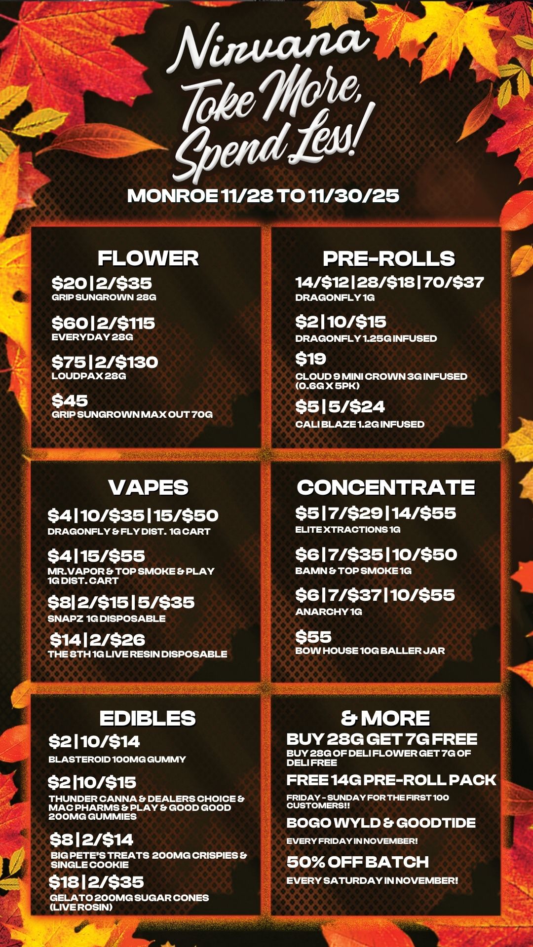 r. MONROE 11/28 TO 11/30/25 FLOWER $2012/$35 GRIP SUNOROINN 2SG $8012/$115 EVERYDAY 28G $7512/$130 LOUDPAX 28G $45 GRIP SUNGROWN MAX OUT 70G PRE-ROLLS 14/$12128/$18170/$37 DRAGONFLY1G $2110/$15 DRAGONFLY1.25G INFUSED $19 CLOUD 9 MINI CROWN 3G INFUSED 0.6G X 5PK $515/$24 CALI BLAZE 1.2G INFUSED VAPES $4110/$35115/$50 DRAGONFLY Er FLY DIST. 1G CART $4115/$55 MR.VAPOR Et TOP SMOKE Et PLAY 1G DIST. CART $812/$1515/$35 SNAPZ 1G DISPOSABLE $1412/$26 THE 8TH 1G LIVE RESIN DISPOSABLE EDIBLES $2110/$14 BLASTEROID 100MG GUMMY $2110/$15 THUNDER CANNA Er DEALERS CHOICE MAC PHARMS Et PLAY GOOD GOOD 200MG GUMMIES $812/$14 BIG PETES TREATS 200MG CRISPIES SINGLE COOKIE $1812/$35 GELATO 200MG SUGAR CONES LIVE ROSIN CONCENTRATE $517/$29114/$55 ELITE XTRACTIONS1G $617/$35110/$50 BAMN Et TOP SMOKE 1G $617/$37110/$55 ANARCHY1G $55 BOW HOUSE1OG BALLER JAR Er MORE BUY 286 GET 7G FREE BUY 28G OF DELI FLOVVER GET 7G OF DELI FREE FREE 146 PRE-ROLL PACK FRIDAY - SUNDAY FOR THE FIRST 100 CUSTOMERS BOGO WYLD Et GOODTIDE EVERY FRIDAY IN NO 50 OFF BATCH EVERY SATURDAY IN NOVEMBER / 