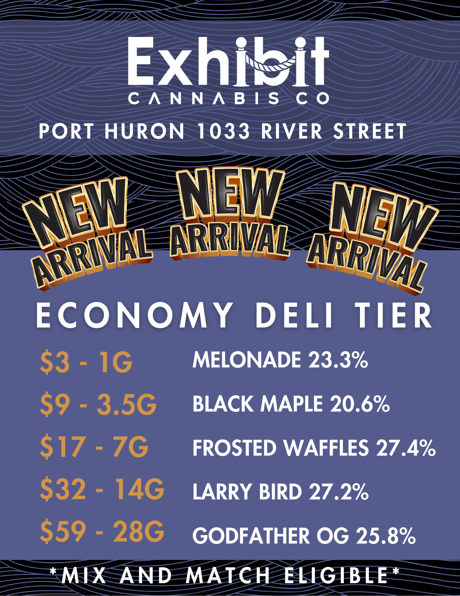 210 r ICI 111V itl 11 111 CANNABIS CO PORT HURON 1033 RIVER STREET ECONOMY DELI TIER $3 - 1G MELONADE 23.3 $9 - 3.5G $17 - 7G $32 - 14G $59 - 28G BLACK MAPLE 20.6 FROSTED WAFFLES 27.4 LARRY BIRD 27.2 GODFATHER OG 25.8 - C H E / New Economy Deli Tier hand selected by the best, so we can keep bringing you the best in Port Huron! 