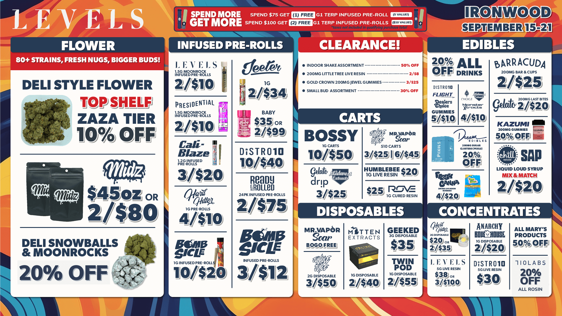ALL MARYS PRODUCTS 50A0111 110LABS 20 OFF ALL ROSIN LEVELS FLOWER SPEND MORE SPEND $75 GET EgzaG1 TERP INFUSED PRE-ROLL IKKKER GETMORE SPEND $100 GET FIG1 TERP INFUSED PRE-ROLLS . Imm INFUSED PRE-ROLLS CLEARANCE 80 STRAINS FRESH NUGS BIGGER BUDS DELI STYLE FLOWER TOPSIIELF ZAZA TIER 10 OFF $4 5oz OR 2480 MOONROCKS DELI SNOWBALLS 20 OFF -dr/1 IEV E 1. S ZAN PRESIDENTIAL mama. 21$110 HCaii Iaz I 1 wesm- 3/$20 Ola goo 4/4110 10/$21 aing deet4 2/44 EN B 1ABY 6 DSTR010 10440 1e0VijeVi 2/475 Peep weLE 3/$12 INDOOR SHAKE ASSORTMENT 200MO LITTLE TREE LIVE RESIN GOLD CROWN MOMS JEWEL SWAMIES SMALL BUD ASSORTMENT S096OFF 2/041 3/US 3096OFF CARTS BOSSY drip 31$15 510 CARTS Vitn Ma I 1 grg /BE LREEE1 IENE $1 412 IG CURED REIN DISPOSABLES MR.VAPoR Voar BOLO IEE letr 3//$5.4 MITTEN EXTRACTS 1G DISPOSABLE 2440 GEEKED 3G DISPOSABLE ns TWIN POD 1G DISPOSABLE 2f$AS RONWOOD eEnEEEDTOMEI EDIBLES OFF -11 ALL ....str-tr- DRINKS rultou FLIGHT1.411t mmmn vine 44$10 fil PEP fereas4 49410 bpRRACUDA WONG BAR CUPS 8 Zi$2 gdatirica KAZUMI 11561 SAP LIQUID LOUD SYRUP MIX MATCH 2/$20 CONCENTRATES ANARCHY soinmusE MINOT OVENW. no / 