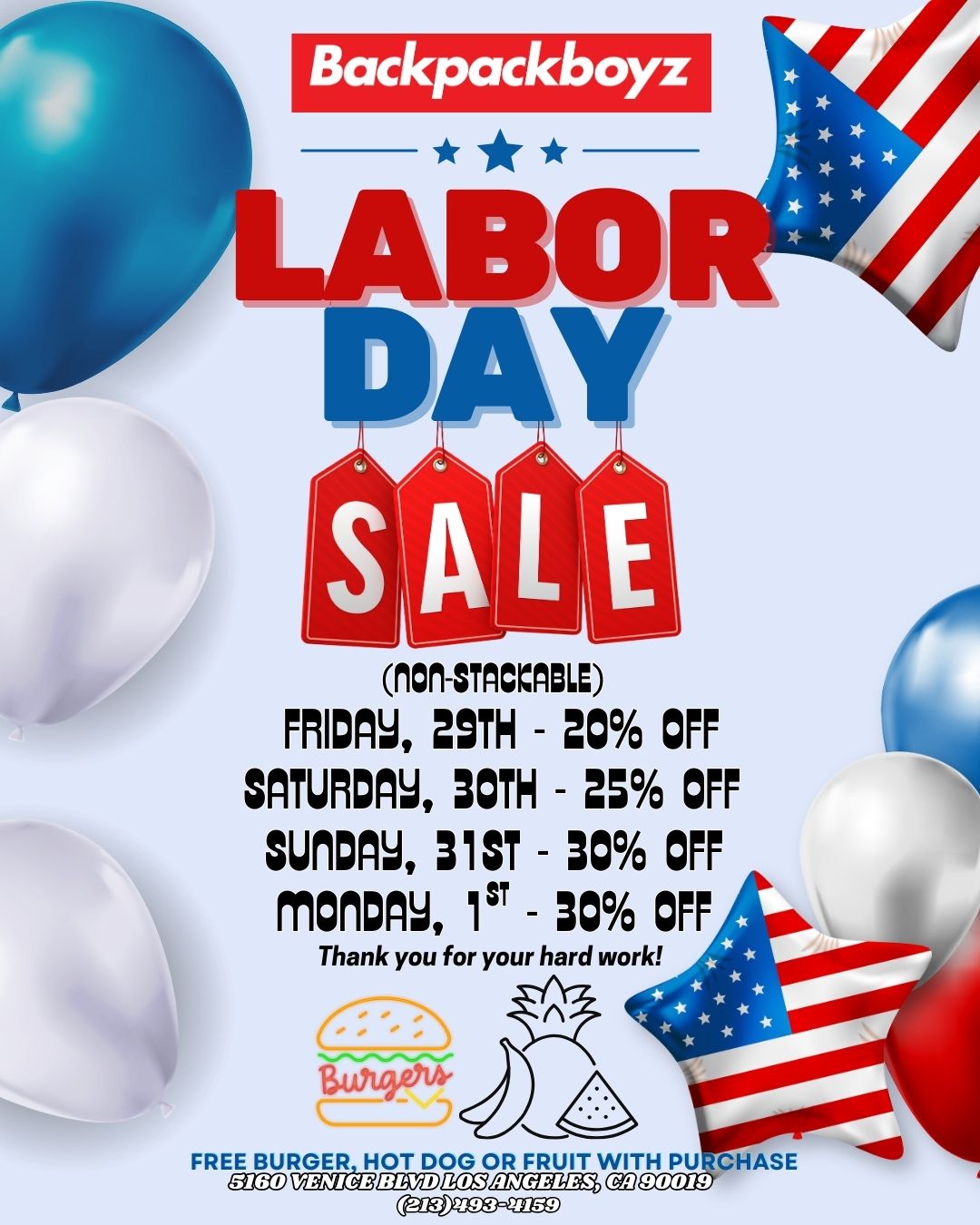 Backpackboyz ACA-STACIr1OLE MAW 29TH - 20 OFF MOON 30TH - 23 OFF OM 31ST - 30 OFF 13T - 30 OFF Thank you for your hard work FREE BURGER HOT DOG OR FRUIT WITH PU CHASE EL133 DUFACCia BIWD gaegLMgalactCpl 11EIgtecg3EDEO / 