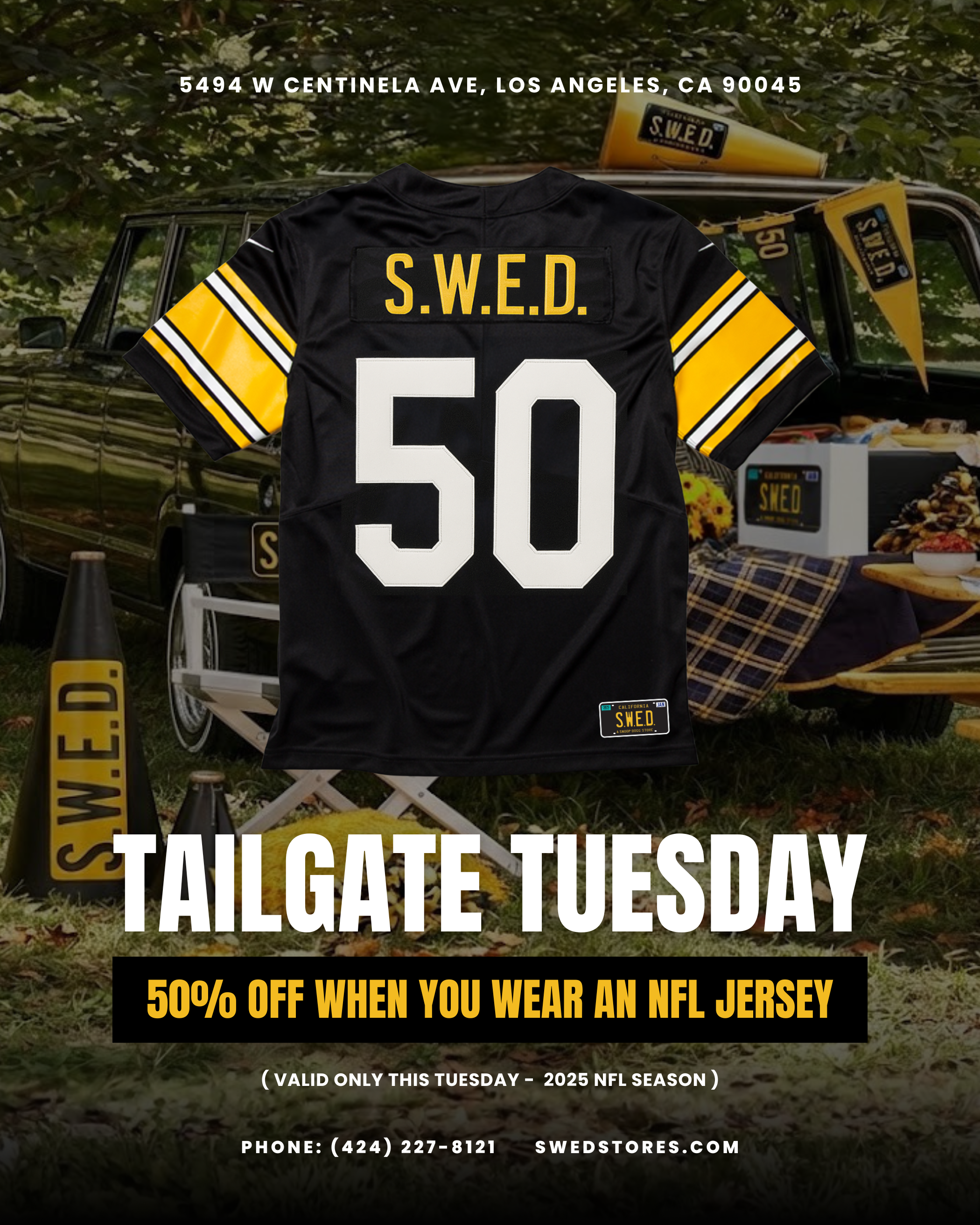 VALID ONLY THIS TUESDAY - 2025 NFL SEASON - PHONE 424 227-8121 SWEDSTORES.COM /  Tailgate Tuesday at S.W.E.D.Feb 3rd | Wear an NFL Jersey & Get 50% OffThe super bowl is right around the corner and we're kicking things off early Slide through this Tuesday reppin your favorite team and get 50% OFF STOREWIDE just for rockin an NFL jersey.It's just one of our many ways for how we show love to the squad.  5494 W Centinela Ave, Los Angeles (424) 2278121One day only. Don't miss the tailgate.