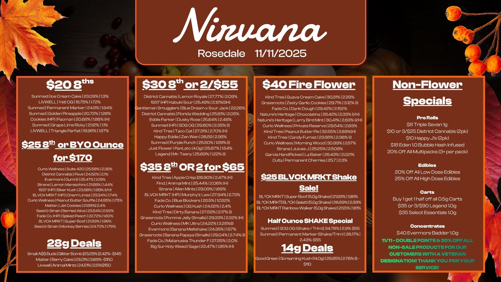 $20 Eiths Sunmed I Ice Cream Cake I 23.0911.3 LIVVVELL I Yeti OG 118.7811.72 Sunmed 1 Permanent Marker I 24.811.94 Sunmed I Golden Pineapple 120.7211.26 Cookies HP I Pacman I 20.6811.86 H Sunmed 1 Grape Lime Ricky I 21.1211.. LIVWELL I Triangle Parfait 118.9811.87 $25 8t1 or BYO Ounce for $170 Curio VVellness1Suite 420125.581236 District Cannabis 1 Pave124.5212.1 EvermorelGumi 6125.4711.09 StranelLemon Maraschino121.6811.44 1937 HPIBiker Kush 23.9811.98 VH BLVCK MRKT HP I Cherri Limez I 23.341174 Curio VVellness1Peanut Butter Souffle124.951175 Matter.lJet Cookies 121.89124 Seed 8 Strain1Berried Alive123.5412.92 Fade Co. HP I Spiked Peach 122721160 BLVCK MRKT1Super Boof121.9311.98 Seed b StrainlMonkey Berries124.7011.76 28g Deals Small ASS Buds I Glitter Bomb 123291242 -$145 Matter. Berry Cake 1 23.011 3.68 -3150 Livwell 1 Animal Mints I 24.5.1253150 Allituzuza Rosedale 11/11/2025 $30 8th or 21-1 District Cannabis I Lemon Royale I 27.771 2.09 1937 HP Kabuki Sour 125.49 I 2.12SH entlemen Smugglers Blue Dream x Sour Jack 122.26 District Cannabis I Florida Wedding 125.611 2.05 Eddie Parker I Dusky Rose 125.64 12.46 Sunmed HP I S. OG I 29.6012.35 I Kind Tree I Taco Cat I 27.311 270 H Happy Eddie Zen Wen 1 26.891 2.98 Sunmed I Purple Punch I 25.5011.89 I Just Flower I PanLato 4.0g I 25.6711.54 Legend 1 Mr. Teeny I 25.691122 I $35 8t- OR 2 for $65 Kind Tree I Apple Crisp 126.90 I 2.47 H Find. I Animal Mint 125.44 12.06 H Strane I Alien Mints I 29.0911.69 BLVCK MRKT HP 1 Murphy. Law I 27.9412.73 Fade Co. I Blue Blockers I 28.511.032 Curio Wellness 10G Kush 124.8212.4 Kind Tree 1 Dirty Banana 127.831217 0 Grassroots Pomme Jelly Smalls 1 2933 1232 H Curio Wellness 1 MK Ultra 1 24.221 2.28I Evermore I Banana Meltshake I 24.3511.57 Grassroots I Banana Papaya Smalls I 29.0412.74 I Fade Co.1 Matanuska Thunder F 1 27.851 2.0 Big Sur Holy Weed I Sage 122.4711.95 H r40 Fire Flower KInd Tree I Guava Cream Cake I 30.3112.39 Grassroots I Zesty Garlic Cookies 1 29.711312 11 Fade Co. I Dank Dough 129.42 12.152 Natures Heritage I Chocolatina 1 28.4212.33 0/H Natures Heritage 1 Larry Bird Mint I 30.411 2.63 I/H Curio Wellness I Private Reserve 129.54 12.63 Kind Tree I Peanut Butter Pie I 32551 269H KiriiioldvvTerieineelsCsalziloyrFnuinng-ievvz 01 2.3d.91 38091 29.03/06217 0/ Strane I Juicee J 128.25 12.509 Garcia Hand Picked I La Baker 1 28.431 2.021 Culta Permanent Cherries I 25.71 2.3 $25 BLVCK MRKT Shake Sale BLACK MRKT 1 Super Boof 5.09 Shake I 21.9311.98 BLACK MRKT1 BLACK Gob. 5.0g Shake I 26.8912.39 BLACK MRI Rainbow Walker 5.09 Shake I 23.511.61 Half Ounce SHAKE Special Sunmed 1 SDG OG Shake / TrimI 34.76 I 2.9355 Sunmed I Permanent Marker Shakeirrim 1 26.171 2.43355 14g Deals od Green 1 Screaming Kush 14.091 23.951 2.76 I - $110 Non-Flower Specials Pre Rolls $8 Triple Seven lg $10 or 3/$25 District Cannabis 2pk 310 Happy Js 2pk $18 Eden 10 Bubble Hash Infused 20 Off All Multipacks 3 per pack Edibles 20 Off All Low Dose Edibles 25 Off All High Dose Edibles Carts Buy1get1half off all 0.5g Carts $35 or 3/$90 Legend 1.0g $35 Select Essentials 1.0g Concentrates $40 Evermore Badder1.0g 11/11- DOUBLE POINT ALL NON-SALE PRODUCTS FOR OUR CUSTOMERS VVITH A VETERAN DESIGNATION THANK YOU FOR YOUR SERVICE / 