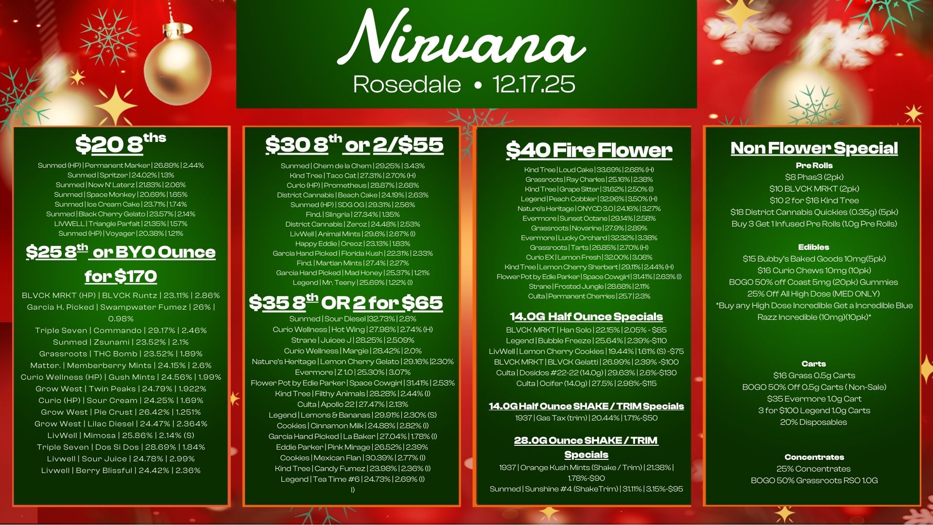 mectiacir Rosedale 12.17.25 $2013ths Sunmed HP 1 Permanent Marker I 26.8912.44 Sunmed I Spritzer 124.07.113 Sunmed I Now NLaterz 218312.06 Sunmed 1 Space Monkey I 20.6911.65 Sunmed I Ice Cream Cake 1.71 11.74 Sunmed 1 Black Cherry Gelato I 235712.14 LIVVVELL Triangle Parfait 1213511.57 Sunmed HP I Voyager I 20.38112rh $25 Bth or BYO Ounce for $170 BLVCK MRKT HP 1 BLVCK Runtz 1 23.11 1 2.86 Garcia H. Picked 1 Swampwater Fumez 126 1 Triple Seven 1 Commando 29.171 2.46 Sunmed I Zsunami 1 23.521 2.1 Grassroots 1 THC Bomb 23.52 1 1.89 Matter. 1 Memberberry Mints 1 24.151 2.6 Curio Wellness HP 1 Gush Mints 24.5611.99 Grow West 1 Twin Peaks 24.7911.922 Curio HP 1 Sour Cream 1 24.25 11.69 Grow West I Pie Crust 1 26.42 1 1.251 Grow West Lilac Diesel 1 24.471 2.364 LivWell I Mimosa 1 25.86 1 2.14 S Triple Seven I Dos Si Dos 1 28.69 1 1.84 Livwell I Sour Juice 1 24.78 1 2.99 Livwell I Berry Blissful 1 24.423.12.36 $30 ath or 2/$55 Sunmed I Chem de la Chem 12925 1 3A3 Kind Tree I Taco Cat 1 27.31 1 2.70 H Curio HP 1 Prometheus 1 28.871268 District Cannabis I Beach Cake 1 24191 2.6. Sunmed HP1 SDG 29.311 2.56 Find. Slingria 1 27.341135 District Cannabis 1 Zeroz 1 24.48 1 253 LivWeIl 1 Animal Mints 129.6 I 2.67 I Happy Eddie I Oreoz 23.131183 Garcia Hand Picked Florida Kush 12231 1 2.33 Find. Martian Mints 127.4 I 227 Garcia Hand Picked I Mad Honey 1 25.37 1121 Legend I Mr. The I 25.6911.2201 $35 8th OR 2 for $65 Sunmcd Sour Diesel 132.73 1 2.8 Curio Wellness Hot Wing 1 27.98 1 2.74 H Strane 1 Juicee J 128.2512.509 Curio Wellness 1 Margie 1 28.42 1 2.0 Natures Heritage Lemon Cherry Gelato 129.1612.30 Evermore 1 Z 1.0125.3013.07 Flower Pot by Edie Parker 1 Space Cowgirl 131.4112.53 Kind Tree 1 Filthy Animals 1 28.28 2.44 I Cults Apollo 22127.471213 Legend 1 Lemons Er Bananas 1 29.91 1 2.30 S Cookies 1 Cinnamon Milk 1 24.88 1 2.82 I Garcia Hand Picked 1 La Baker 1 27.0411.7. I Eddie Parker 1 Pink Mirage 1 26.52 1 2.39 Cookies Mexican Flan 130.39 1 2.77 I Kind Tree 1 Candy Fumez 1 23.9.1226 I Legend Tea Time 6 1 24.7. 12.69 I $40 Fire Flower Kind TreelLoud Cake133.6912.68H Grassroots I Ray Char1.125.16 I 238 Kind Tree Grape Sitter 131.621 250 I Legend 1..h Cobbler132.961850H Natures Heritage ONYCD 80124.161327 Evermore Sunset Ootane129.141258 Grassroots Novarine127.91239 Evermore I Lucky Orchard132.3213.38 Grassroots I Tarts I 26.8512700-0 Curio EX I Lemon Fre.132.00 I ace Kind Tree I Lemon Cherry Sherbert I 29.111244 H Flower Pot by Edie Parker I Space Cov./giri I 31.411263 I Strane I Frost. Jungle128.68 I 2.11 Cutta Permanent Cherries125.712.3 14.0G Half Ounce Specials BLVCK MRKT1Han Solo I 22.1512.05 - $85 Legend Bubble Freeze I 25.641 2.39-$110 LivWell Lemon Cherry Cookies 119.44 11.61 S -$75 BLVCK MRKT 1 BLVCK Gelatti 1 26.99 2.39 -5100 Cults I Dosidos 22-22 14.0g1 29.63 1 2.6-$130 Culta Ocifer 14.0g 1 27.5 1 2.98-$115 14.0G Half Ounce SHAKE / TRIM Specials 1937 I Gas Tax trirn I 20.441171-$50 23.0G Ounce SHAKE / TRIM Specials 1937 1 Orange Kush Mints Shake / Trim1 21.381 1.78$90 Sunmed 1 Sunshine 4 ShakeTrimI 3111 1 3.15-$95 Non Flower Special Pre Rolls SS Phas3 t2pk $10 BLVCK MRKT 2pk $10 2 for $16 Kind Tree $18 District Cannabis Quickies 0.35g 5pk Buy 3 Get 1 Infused Pre Rolls 1.09 Pre Rolls Edibles $15 Bubbys Baked Goods1Orng5pk $16 Curio Chews10mg 10pk BOGO 50 off Coast Sing 20pk Gurnmies 26 Off All High Dose MED ONLY Buy any High Dose Incredible Get a Incredible Blue Razz Incredible 10mg10pk. Cans $16 Grass 0.59 Carts BOGO 50 Off 0.5g Carts Non-Selo $35 Evermore1.0g Cart 3 for $100 Legend1.0g Carts 20 Disposables Concentrates 25 Concentrates BOGO 50 Grassroots RSO 1.0G / 
