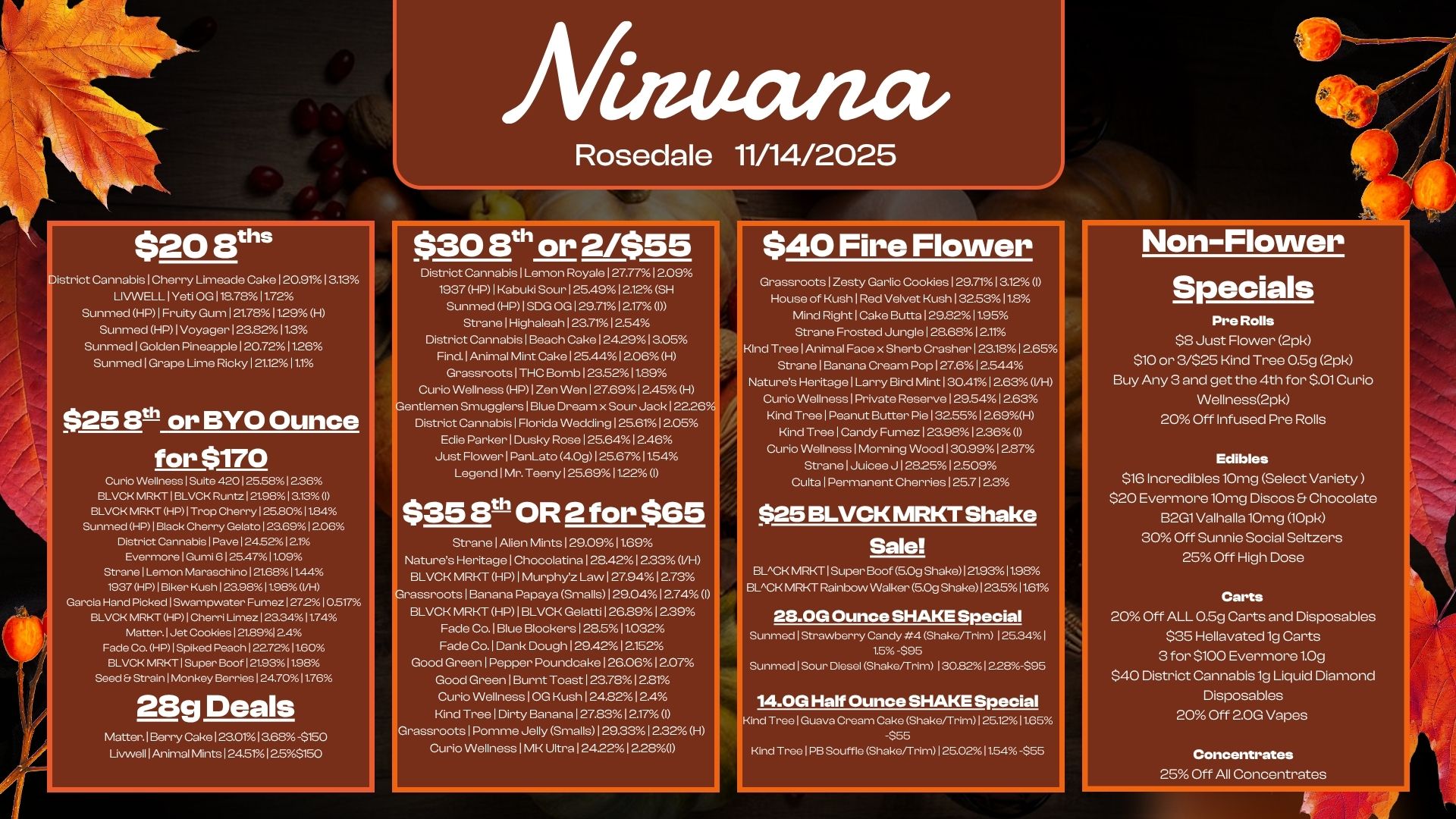 Allituzuza $20 8th8 District Cannabis I Cherry Limeade Cake 1200.13.13 LIVVVELL Yeti OG 118.7811.72 Sunmed HP I Fruity Gum I 21.7811.29 H Sunmed HP Voyager 123.8211.3 Sunmed 1 Golden Pineapple I 20.7211.26 Sunmed I Grape Lime Ricky I 21.1211.. $25 8t1 or BYO Ounce for $170 Curio Wellness 1 Suite 420125.581236 BLVCK MRKT I BLVCK Runts I 21981 3.13 I BLVCK MRKT HP1Trop Cherry 1 25B011.84 Sunmed HP I as. Cherry Gel I 256912.06 District Cannabis 1 Pave 1 245212.1 Evermore I Gumi 6125.4711.09 Strane 1 Lemon maraschino I 21.6.11.44 1937 HP1 Biker Kush I 23.9811.98 VH Garcia Hand Picked I Swampwater Fumes 1272 10517 BLVCK MRKT HP I Cherri Limes I 25341174 Matter. Jet Cookies 1 21.891 2.4 Fade Co. HP I Spiked Peach 22.7211.60 BLVCK MRKT Super Boof 121.9311.98 Seed 8 Strain 1 Monkey Berries 124.7011.76 28g Deals Matter.113erry Cake 123.011 3.68 -9150 Livwell 1 Animal Mints I 24.5112.53150 Rosedale 11/14/2025 $30 8t or 2/$55 District Cannabis 1 Lemon Royale 127.77 12.09 1937 HP I Kabuki Sour 125.491 2.12 SH Sunmed HP 1 SDG OG I 29.711 2.17. Strane 1 Highaleah 123.7112.54 District Cannabis I Beach Cake I 24.2913.05 Find. I Animal Mint Cake 125.441 2.06 H Grassroots 1 THC Bomb 123.5211.89 Curio Wellness HP 1 Zen Wen I 27.691 2.45 H gentlemen Smugglers 1 Blue Dream x Sour Jack 122.26 District Cannabis I Florida Wedding 125.6112.05 Eclie Parker 1 Dusky Rose I 25.641 2.46 Just Flower 1 PanLato 4.0g 1 25.6711.54 Legend 1 Mr. Teeny I 25.6911.22 I $35 13th OR 2 for $65 Strane Alien Mints 129.0911.69 Natures Heritage 1 Chocolatina 1 28.4212.33 VH BLVCK MRKT HP 1 Murphys Law 1 27.941 073 rassroots 1 Banana Papaya Smalls 129.04 1 2.74 I BLVCK MRKT HP 1 BLVCK Gelatti I 26.891 239 Fade Co. 1 Blue Blockers 1 28.511.032 Fade Co. 1 Dank Dough I 29.40.1 2.152 Good Green 1 Pepper Poundcake 126.06 12.07 Good Green I Burnt Toast 1 23.7812.81 Curio Wellness I OG Kush 1 24.8212.4 Kind Tree 1 Dirty Banana 1 27.8312.17 I Grassroots 1 Pomme Jelly Smalls I 29.331 2.32 H Curio Wellness I MK Ultra 124.221228I $40 Fire Flower Non-Flower Grassroots I Zesty Garlic Cookies 1 29.711 3.12 I House of Kush I Red Velvet Kush I 32.5311.8 Mind Right 1 Cake Butta 1298211.95 Strane Frosted Jungle I 28.681 211 Kind Tree 1 Animal Face x Sherb Crasher I 23181 255 Strane 1 Banana Cream Pop 127.612.544 Natures Heritage I Larry Bind Mint 1 30.411 2.63 I/H Curio Wellness I Private Reserve 129.54 I a63 Kind Tree I Peanut Butter Pie 132.551 2.69H Kind Tree Candy Fume. 23.981 2.36 I Curio Wellness I Morning Wood 130.99 1 2.87 Strane 1 Juicee J1282512.509 Culta Permanent Cherries 1 25.71 2.3 $25 BLVCK MRKT Shake Sale BLACK MRKT Rainbow Walker 5.09 Shake1 2as 11.61 BLACK MRKT 1 Super Boof 5.09 Shake1 2103 0.98 28.0G Ounce SHAKE Special Sunmed Strawberry Candy ff4 Shake/Trim I 25.341 1.5 -995 Sunmed Sour Diesel Shake/Trim 130.821 228-595 Specials Pre Rolls $8 Just Rower 2pk $10 or 3/$25 Kind Tree 0.5g 2pk Buy Any 3 and get the 4th for $.01 Curio Wellness2pk 20 Off Infused Pre Rolls Edibles $10 Incredibles 10mg Select Variety $20 Eyermore10mg Discos Chocolate B2G1 Valhalla 10mg 10Pk 30 Off Sunnie Social Seltzers 25 Off High Dose 14.0C1 Half Ounce SHAKE Special Kind Tree I Guava Cream Cake Shake/Trim I 251211.65 -955 Kind Tree 1PB Souffle Shake/Trim 1 25.0211.54 -$55 Carts 20 Off ALL 0.5g Carts and Disposables $35 Hellayated1g Carts 3 for $100 Eyermore1.0g $40 District Cannabis 1g Liquid Diamond Disposables 20 Off 2.0G Vapes Concentrates 25 Off All Concentrates / 