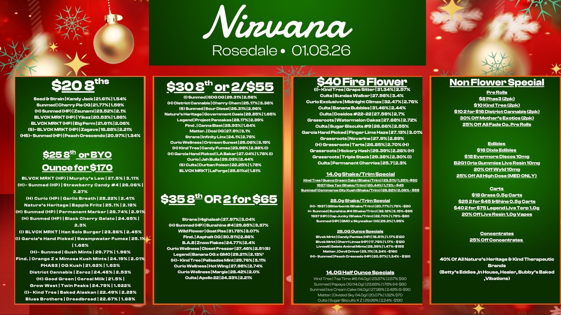 Rosedale 01.08.26 $20 8ths Seed Strain IKandyJack121.6111.54 Sunmed I Cherry Pie OG 121.7711.59 HSunmedHP1Zsunami123.5212.1 BLVCKMRKTHPIYikez120.5311.86 BLVCK MRKT HP I B19 Perm121.6112.06. S- BLVCK MRKTHP1Zagave 116.8812.2T HS-Sunmed HP1 Peach CrescendoI20.9711.34 $25 Bth or BYO Ounce for $170 BLVCK MRKT HP I Murphys Law127.513.11 H- Sunmed HP I Strawberry Candy 4 126.06I 2.27 H Curio HP I Garlic Breath128.2212.41 Natures HeritagelBapple Fritz 125.1 12.18 H Sunmed HP1Permanent Marker I 26.7412.91 H Sunmed HP Black Cherry Gelato124.65 2.3 I BLVCK MRKT1Han Solo Burger123.8612.45 I Garcias Hand Picked I Swampwater Fume. 125.1 11.68 H- Sunmed I Gush Mints129.7711.96 Find. I Orange Z x Mimosa Kush Mints124.1912.0 PHAS310G Kush I 21.6211.63 District Cannabis I ZerozI24.4812.53 H Good Green I Cereal Milk 121.5 Grow INest1Twin Peaks I 24.7911.922 1- Kind Tree Baked AlaskanI22.4912.28 Blues Brothers1Dreadbread122.711.68 $30 Elth or 2/$55 I Sunmed I SDG OG 129.3112.5B H District Cannabis Cherry Chem 125.17 MSG SSunmed I Sour Diesel 126.3112.96 Natures Heritage Government Oasis 1273.8511.65 Legend I Project Pancakes 128.1712.39 Find. Canna Blast 128.9311.64 Matter. I Dosi OG 127.913.1 Strane I Inf inity Link 124.112.7G Curio Wellness Crimson Sunset 125.0613.19 H Kind Tree I Candy Fumez 123.9812.361 H Garcia Hand Picked LA Baker 127.0411.78W Curio I Jah Bulls 129.0312.44 S Culta I Durban Poison 122.2511.78 BLVCK MKT 1 LaForge 125.81d 11.81 $35 13t-t OR 2 for $65 Strane I Highaleah127.9713.04 H Sunmed HP I Sunshine 4129.6513.37 Wild Flower I Goat Piss/31.7813.07 Find. Asphalt OG 130.5112.86 B.A.B I Znow Flakes 124.7712.4 Curio Wellness I Closet Freezer I27.4612.51S Legend Banana OG x GM0129.2112.13 H- Kind Tree I Palisades Mint 129.7613M Curio Wellness I Hot Wing 127.9812.74 Curio Wellness I Margie 128.4212.0 Cults I Apollo 22124.3312.21 1- Kind Tree I Grape SitterI31.3412.57 Cults Sundae Walker 127.9813.4 Curio Exclusive I Midnight Climax 132.4712.76 Cults Banana Bubbles 131.4612.44 Cults I Dosidos22-22127.5912.7 Grassroots Watermelon Cakez127.681 2.72. Cults I Sugar Biscuits. 126.6612.55 Garcia Hand Picked I Finger Lime Haze 127.1313.01. Grassroots INovarine127.912.89 H Grassroots I Tarts 126.8512.70H Grassroots Hickory Hash 129.3912.26H Grassroots Triple Stack 129.3812.30I Culta Permanent Cherries 125.712.3 14.0g Shake/Trim Special Kind Treed Guava Cream Cake Shakerfrim123 5111 35.-850 19371 Gas Tax 9.akeRrim/120-441/411-73.- 8118 Sunmed 1 Cammeroe City Kush ShakerrHm128.92112.043. - $55 28.0g Shake/Trim Special H-19371 Glitte rbe mb Shake/Trim/ 1 20.77.11.78 -$80 H- Sunmed Sunshine .4 Shake/Trm132.1213.15-$95 1937 HP I Cap Junky Shake/Trim122.7011.79-$80 Sunmed HP IGMO x Skyvvalker 0G129-2X11.95 28 OG Ounce Specials Ellvck Mrkt 1 Candy Panties HP118.5.11.17$120 Blvek Mrkt Cher Lime. HP117.7811.17 - $120 1vwell 1 Gelato Animal Mints 128.3911.47-$155 Matter. Devil Driver 123.17/.1 3.34 -$180 H- SunmedlPeach Cr... ode HP/120.9711.34 -$120 14.013 Half Ounce Specials Kind Tree I Tea Time .6 14.09123.8712.57$. Sunm.1Papaya OH 1409 123.6611.78 H-$80 Sunmed I Ice Cream Cake 04.001 27.981.. 0-$90 Matter. I Divided Sky 14.09 120.0711.32$70 Cu. I Sugar Biscuits X ZI29.9912.24 4130 Non Flower Special Pre Rolls $8 Phas3 $10 Kind Tree 2pLc $.2 for 616 District Cannabis 440 30 Off Mothers Exotics 2p1c 25.0ff All Fade Co. Pre Rolls Edibles $16 Dixie Edibles $18 Evermore Discos 10mg 62G1Oria Gummies Live Resin10mg 20 Off VVyld10mg 25 Off All High Dose MED ONLY Carts $18 Grass 0.5g Carts $252 for $45 Shine 0.5g Carts $402 for $75 Legend Live Terp1.0g 20 Off Live Resin 1.0g Vapes Concentrates 25 Off Concentrates 40 Of All Natures Heritage b Kind Therapeutic Brands Bettys Eddies In House Healer Bubbys Baked Vibations / 