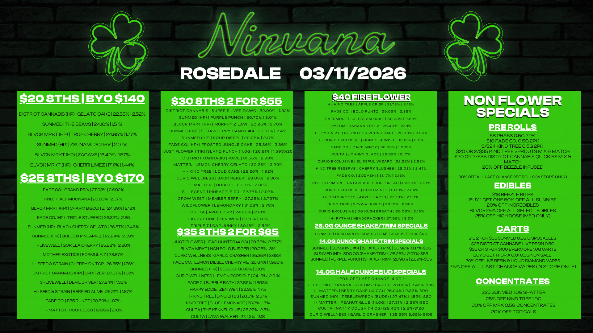 $208THS I BYO $14 DISTRICT CANNABIS HP I GELATO CAKE 122.5512.52 SUNMED I THE BEAVS 124.1611.51 BLVCK MRKT HP I TROP CHERRY 124.9511.77 SUNMED HP I ZSUNAMI 120.9512.07 BLVCK MRKT HP I ZAGAVE 116.4911.57 LVCK MRKT HP 1 CHERRI LIMEZ 1171111.44 $258THS I BYO $1 FAD RAND FIND. 1 HALF MOONANA 126.8812.07 BLVCK MRKT HP I CHARM BISCUITZ 1 24.391 2.13 FADE CO. HP I TRIPLE STUFFED 126.32 12.35 SUNMED HP I BLACK CHERRY GELATO 1 26.871 2.46 SUNMED HP I GOLDEN PINEAPPLE I 22.241 2.59 I - LIVEWELL I GORILLA CHERRY 125.861226 MOTHER EXOTICS I FORMULA Z 123.87 H - SEED STRAIN I CHERRY ON TOP 126.35 11.76 DISTRICT CANNABIS HP I SPRITZER 127.3711.82 S - LIVEWELL I DEVIL DRIVER 127.241125 H - SEED STRAIN 1 BERRIED ALIVE 125.21 11.87 FADE CO. I E85 RUNTZ 1 28.5911.87 I - MATTER. I KUSH BLISS 119.85 12.18 ROSEDALE 03/11/2026 isncrAgTVTSTIPWSTEVEMEFAM-I rr2 SUNMED HP I PURPLE PUNCH 1 26.70 1 3.01 BLVCK MRKT HP I MURPHYZ LAW 1 30.95 1 3.70 SUNMED HP I STRAWBERRY CANDY 4 130.67 I 2.4 SUNMED HP I SOUR DIESEL 129.98 I 2.17 FADE CO. HP I FROSTED JUNGLE CAKE I 25.861 2.30 JUST FLOWER I TIKI ISLAND PUNCH 4.0G I 26.91 11.59325 DISTRICT CANNABIS I PAVE I 31.55 I 2.93 MATTER. I LEMON CHERRY GELATO I 30.23 12.29 H - KIND TREE I LOUD CAKE 1 28.20 11.92 CURIO WELLNESS I JACK HERER I 28.03 I 2.36 I - MATTER. I DOSI OG I 28.01 I 2.32 S - LEGEND I PINEAPPLE 99 I 22.781 2.93 GROW WEST I MEMBER BERRY I 27.281 2.797 WILDFLOWER I LEMONDARY I 31.58 12.76 CULTA I APOLLO 22 1 24.33 I 2.21 HAPPY EDDIE I ZEN WEN 1 27.91 11.9 $3113THS 2 FOR 65 JUST FLOWER I HEAD HUNTER 4.0G 1 29.561 2.577 BLVCK MRKT I HAN SOLO BURGER 129.0813 CURIO WELLNESS I GARLIC CRASHER 125.25 13.68 FADE CO. I LEMON DIESEL CHERRY PIE 1 25.6411.996 SUNMED HP I SDG OG 131.0913.18 CURIO WELLNESS I LEMON POPSICLE 1241912.91 FADE C.1 BUBBLE BATH 132.8611.893 HAPPY EDDIE I ZEN WEN 129.3511.7 I - KIND TREE I DINO BITES 128.5 1 2.51 KIND TREE I BLUE LEMONADE 1 232 1 1.7 CULTA I THE KENNEL CLUB 126.2212.5 CULTA I LAVA WALKER 127.42 12.18 - Gm - 1-4 - KIND TREE I APPLE CRISP 1 31.73 1 3.13 FADE CO. I BOLO RUNTZ I 29.03 12.38 EVERMORE I ICE CREAM CAKE I 30.681 2.68 RYTHM I BANANA TREEZ 1 26.46 12.21 I - TYSON 2.0 1 POUND FOR POUND CAKE 1 23.96 1 2.99 H- CURIO EXCLUSIVE I GONDOLA WISH I 33.13 I 2.11 FADE CO. I CAKE MINTZ I 30.35 11.663 CULTA I JOHNNY GLAZE I 23.62 I 2.17 CURIO EXCLUSIVE I BLISSFUL WIZARD 132.261 2.52 KIND TREE RESERVE I CHERRY SLUSHEE 128.03I 2.47 FADE CO. I ZODASHI I 31.17 I 2.18 I/H EVERMORE I PATAPEAKE SHORTBREAD I 32.29 I 2.21 CURIO EXCLUSIVE I KUSH MINTZ I 31.21 I 2.24 H- GRASSROOTS I APPLE TARTS I 27.76 1 2.38 KIND TREE I SW/WALKER 111 29.19 12.86 CURIO EXCLUSIVE I OG KUSH BREATH 1 30.03 I 2.13 IH RYTHM I H c SUNMED I GUSH MI SHAKE/TRIM SPECIALS 14.0G OUNCE SHAKE RIM SPECIALS SHAKE SUNMED HP I SDG OG SHAKE/TRIM 1 28.251 2.07-$55 SUNMED I PURPLE PUNCH SHAKE/TRIM 1 28.98 1 229-$55 14.0G HALF OUNCE BUD SPECIALS far e-Frix3T-cR-A-Fcnto I- LEGEND I BANANA OG X GMO 14.0G 128.96 12.45-$95 I - MATTER. I BERRY CAKE 14.OG I 25.04 12.33490 SUNMED HP I PEBBLEWRECK BUDS 127.47I1.52-$60 I - MATTER. I PEANUT GLUE 14.OG I 27.31 I 2.33-$90 CULTA I NATTY DOUGH 14.OG 128.46 12.2-$120 CURIO WELLNESS I GARLIC CRASHER 1 25.25 3.684105 .5G 2PK $10 FADE CO. 0.5G 2PK 3/S24 KIND TREE 0.5G 2PK $20 OR 2/$35 KIND TREE SPROUTS MIX MATCH $20 OR 2/$35 DISTRICT CANNABIS QUICKIES MIX MATCH 20 OFF BEEZLE INFUSED 30 OFF ALL LAST CHANCE PRE ROLLS IN STORE ONLY M-1 771 $18 BEEZLE BITES BUY 1 GET ONE 50 OFF ALL SUNNIES 20 OFF INCREDIBLES BLVCK25 OFF ALL SELECT e y EDIBLES 25 111 CARTS $18 2 FO UNYI e SPOSABLES $25 DISTRICT CANNABIS LIVE RESIN 0.5G $35 OR 3 FOR $100 EVERMORE 1.0G CARTS BUY 3 GET 1 FOR A 0.01 0.5G NON SALE 20 OFF LIVE RESIN LIQUID DIAMOND VAPES 25 OFF ALL LAST CHANCE VAPES IN STORE ONLY CONCENTRATES $25 SUNMED 1.0G SHATTER 25 OFF KIND TREE 1.0G 30 OFF MPX 0.5G CONCENTRATES 20 OFF TOPICALS / 