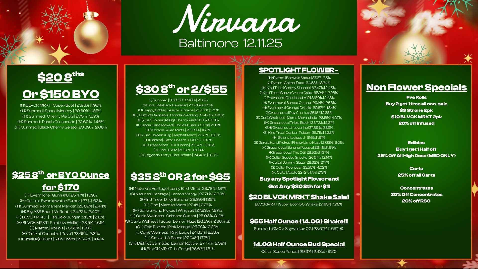 $20 Eels Or $150 BYO HBLVCR MRKT I Super Boof 121.9311.98 IH Sunmed I Space Monkey120.6911.65 IH Sunmed I Cherry Pie 0G121511.39 IH Sunmed1Peach Crescendo122.6911.46 IH Sunmed I Black Cherry Gelato I 23.6912.06 $25 EO or BYO Ounce for $170 H EvermorelGumi 6125.4711.09 IH Garcia1Swampwater Fumez1271.63 IH Sunmed I Permanent Marker126.891244 H Big ASS Buds I McRuntz I 24.221240 H BLVD MRKTIHan Solo Burger121.612.13 HBLVCR MRKTIRainbow Walker 23.511.61 S Matter.1Rollinia125.5.11.59 H District Cannabis 1 Pave.1.6512.31 H Small ASS Buds I Rain Drops 1234211.84 mectiza Baltimore 12.11.25 $30 8th or 2/$55 Sunmed I SDG OG I 29.612.35 I Find. Hollaback Hawaiian 27.7812.651 H Happy Eddie Beauty Er Brains 129.9711.73 IH District Cannabis I Florida Wedding I 25.8911.99 IHJust Flower 14.0g Cherry Piel 29.181209 I Garcia Hand Picked I Florida Kush I 22.3rAl 230 IH Strane I Alien Mints 129.091169 IH Just Flower 409 I Asphalt Plant 126.2112.61 11-1 Stranel Gator Breath I 23.0311.39 H Grassroots 1 THC Bomb 123.52/ 1189 S Find I BAM 1285212.63 H Legends Dirty Kush Breath 124.4211.90 $353th OR 2 for $65 H Natures HeritagelLarry Bird Mints128.7811.81 S Natures HeritageILemon Mar127.7112.59 I Kind Tree I Dirty Banana 128.2911.85 IH Find I Martian Mints 127.412.27 IH Garcia Hand Picked1Wingsuit I 27.8311.87 H Curio Wellness I Crimson Sunset 125.0613.19 S Curio Wellness1Super Lemon Haze 126.591236S SI-1 Edie Parker1Pink Mirage125.7812.39 I Curio Wellnesslking Louie124.8512.38 IH Garcia LA Baker 127.0411.781 SH District Cannabis I Lemon Royale I 27.771209 HBLVCR MRKT1LaForgel 26.61110 SPOT1JGHT1 FLOVVER - IH Rythm Brownie Scout 37.37125 I Ryth m I Animal Pa. 34.631324 IHKind Tree Cherry Slushee 1324712.45 1Kind Tree Guava Cream Cake 135241228 I Evermore I Deadband 12131891248 H Evermore I Sunset Octane 129.141258 H Evermore 1 Orange Drizzle I 305711.84 Grassroots I Ray Charles 125161238 S Curio Wellness Mama Marmalade 126.1314.07 IH Grassroots Triple Stack 1.7312.31 SH Grassroots Novarine127.8912.89 S Kind Tree I Durban Poison I 26.7. I a32 1H Strane 1 Juicee J I 3161101 S Garcia Hand Picked I Finger Lime Haze 127.1313.01 H Grassroots I Banana Papaya 126.411199 Grassroots I The OG128.5211.37 H Cu. I Scooby Snacks 26.541214 I Cu. Johnny Glaze 128.62I 217 S Cu. I Poonesia I335514.02A H Cu. I Apolb 22127.4712.13 Buy any Spotlight Flower and Get Any $20 8th for $1 $20 BLVCK MRKT Shake Sale BLVCK MRKT I Super Boof 5.0g Shako 121.93I 198 $55 Half Ounce 14.0G Shake SunmedIGMO x Skywalker OG I 28.5711.55 I 14.0G Half Ounce Bud Special CultalSpace Panda129212.43- 5120 Non Flower Specials Pre Rolls Buy 2 get1free all non-sale $9 Strane 2pk $10 BLVCK MRKT 2pk 20 off Infused Edibles Buy1get1Half off 25 Off All High Dose MED ONLY Carts 25 off all Carts Concentrates 30 Off Concentrates 20 off RSO / 