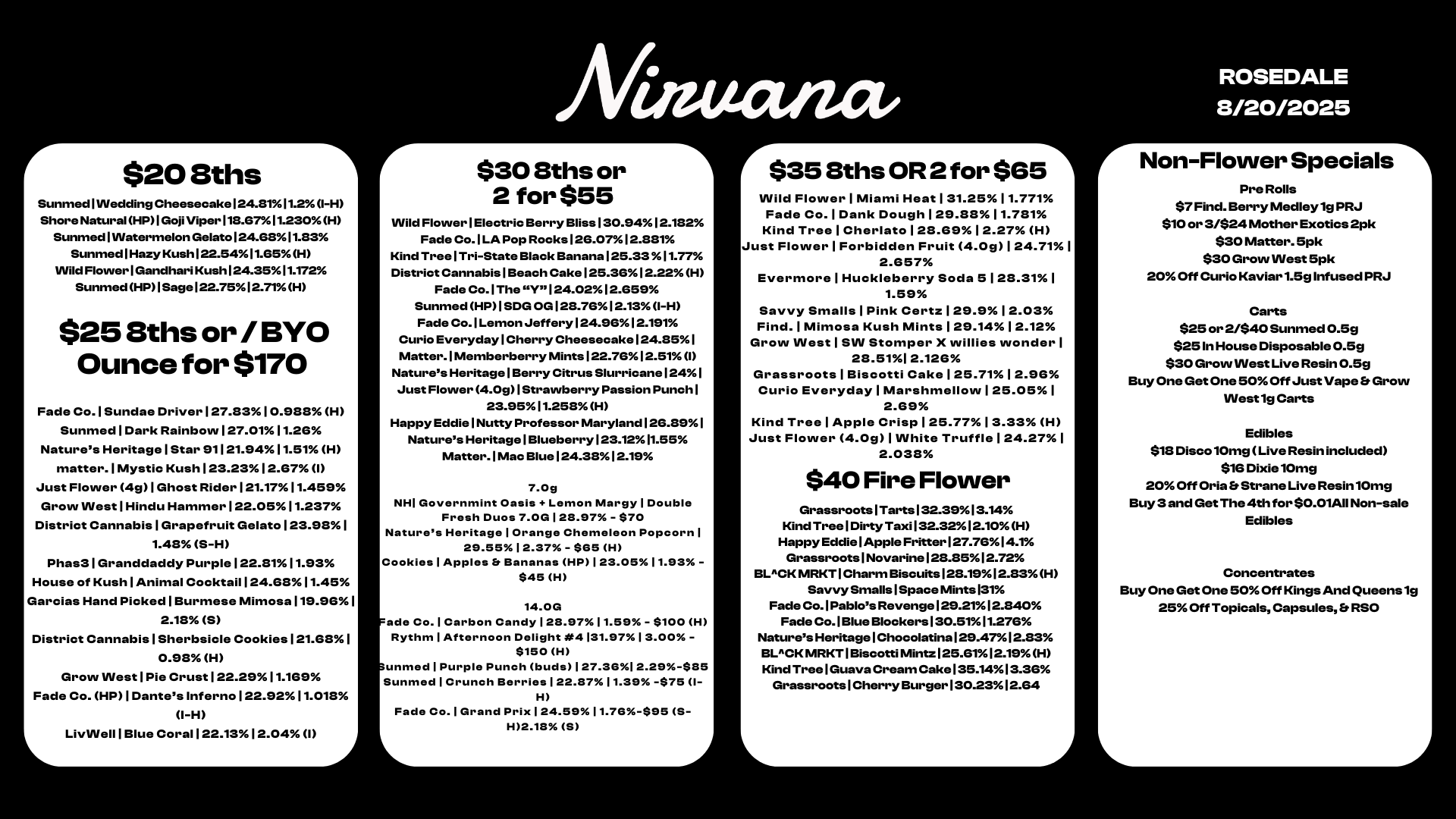 r $20 8ths Sunmed I Wedding Cheesecake 124.81 11.2 1-H Shore Natural HP I Goji Viper 118.6711.230 H Sunmed I Watermelon Gelato124.6811.83 Sunmed1HazyKush122.5411.65H Wild Flower I Gandhari Kush 124.3511.172 SunmedHP1Sage122.7512.71H $25 Sths or / BYO Ounce for $170 Fade Co. I Sundae Driver127.8310.9 88 H Sunmed I Dark Rainbow127.0111.26 Natures Heritage I Star 91121.9411.51 H matter. I Mystic Kush123.2312.67 I Just Flower 4g1Ghost Rider121.1711.459 Grow West I Hindu Hammer122.0 5 11.237 District Cannabis I Grapefruit Gelato123.981 1.48 S-H Phas3 I Granddaddy Purple122.8111.93 House of Kush1Animal Cocktail 1 24.6811.45 Garcias Hand Picked I Burmese Mimosa119.961 2.18 5 District Cannabis I Sherbsicle Cookies121.681 0.98 H Grow West I Pie Crust122.2911.16 9 Fade Co. HP I Dantes Inferno122.9211.018 1-H LLivVVell1Blue Coral 1 22.1312.04 I Aetuanct. r $30 Sths or 1 2 for $55 Wild Flower1Electric Berry Bliss 130.94 12.182 Fade Co. I LA Pop Rocks126.07012.881 Kind TreelTri-State Black Banana125.3311.77 District Cannabis I Beach Cake125.3612.22H Fade Co.1TheY124.0212.659 Sunmed HP I SDG OG 128.76 12.13 1-H Fade Co. I Lemon Jeffery 124.96 12.191 Curio Everyday I Cherry Cheesecake124.851 Matter. I Memberberry Mints 122.76 12.51 I Natures Heritage I Berry Citrus Slurricane1241 Just Flower 4.091 Strawberry Passion Punch I 23.9511.258 H Happy Eddie I Nutty Professor Maryland126.891 Natures HeritagelBlueberry123.1211.55 Matter. I Mac Blue124.3812.19 7.0g NHI Governmint Oasis Lemon Margy I Double Fresh Duos 7.0G 128.97 - $70 Natures Heritage I Orange Chemeleon Popcorn 1 29.55 12.37 - $85 H Cookies I Apples Bananas HP 1 23.05 11.93 - $45 H 14.0G Fade Co. 1 Carbon Candy 128.9711.59 - $100 H Rythm I Afternoon Delight 4 131.97 1 3.00 -$150 H unmed I Purple Punch buds 1 27.381 2.29-$85 Sunmed I Crunch Berries 1 22.87 11.39 -$75 I-H Fade Co. I Grand Prix 1 24.59 11.78-$95 5-H2.18 5 L r$35 Sths OR 2 for $651 Wild Flower I Miami Heat 1 31.2 511.771 Fade Co. I Dank Dough 1 29.8 811.781 Kind Tree 1 Cherlato 1 28.6 91 2.27 H Just Flower 1 Forbidden Fruit 4.091 24.711 2.6 5 7 Evermore I Huckleberry Soda 5 128.311 1.59 Savvy Smalls I Pink Certz 12 9.9 1 2.03 Find. I Mimosa Kush Mints 129.1412.12 Grow West I SW Stomper X willies wonder I 28.511 2.126 Grassroots I Biscotti Cake 125.711 2.9 6 Curio Everyday I Marshmellovv12 5.0 51 2.69 Kind Tree I Apple Crisp 125.7701 3.33 H Just Flower 4.091 White Truffle 1 24.27 1 2.0 3 8 $40 Fire Flower Grassroots I Tarts 132.39 13.14 Kind Tree I Dirty Taxi 132.32 12.10 H Happy EddielAppleFritter127.7614.1 Grassroots1Novarine128.8512.72 BLACK MRKT I Charm Biscuits128.1912.83H Savvy Smalls I Space Mints 131 Fade Co.1PablosRevenge129.2112.840 Fade Co.1Blue Blockers130.5111.276 Natures Heritage I Chocolatina 129.47 12.83 BLACK MRKT1BiscottiMintz125.6112.19H Kind Tree1Guava Cream Cake 135.14 13.36 Grassroots I Cherry Burger 130.23 12.64 L ROSEDALE 8/20/2025 r Non-Flower Specials -1 Pre Rolls $7 Find. Berry Medley 19 PRJ $10 or 3/$24 Mother Exotics 2pk $30 Matter. 5pk $30 Grow West 5pk 20 Off Curio Kaviar 1.5g Infused PRJ Carts $25 or 2/$40 Sunmed 0.5g $25 In House Disposable 0.59 $30 Grow West Live Resin 0.59 Buy One Get One 50 Off Just Vape Grow West 1g Carts Edibles $18 Disco 10mg Live Resin included $16 Dixie 10mg 20 Off Oria Strane Live Resin lOmg Buy 3 and Get The 4th for $0.01A11 Non-sale Edibles Concentrates Buy One Get One 50 Off Kings And Queens lg 25 Off Topicals Capsules Et RSO L / 