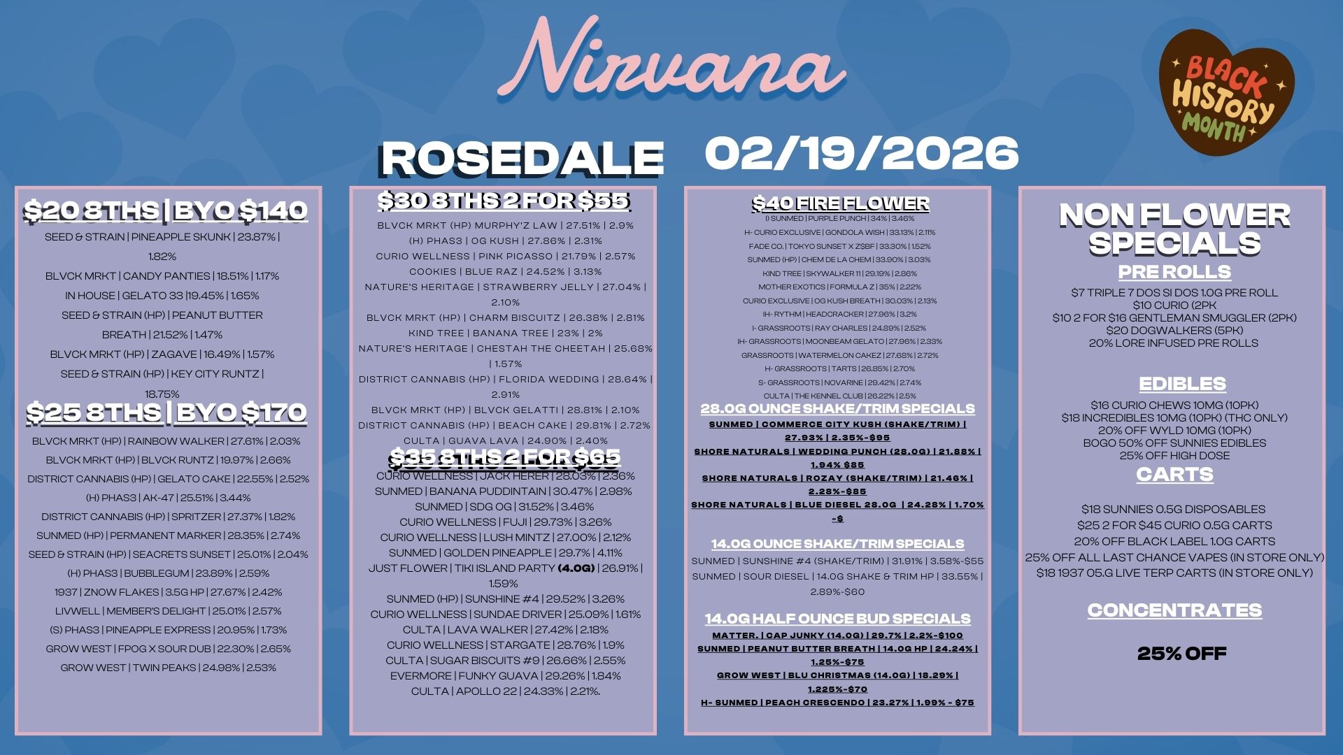 SEED STRAIN I PINEAPPLE SKUNK 123.87 1 1.82 BLVCK MRKT I CANDY PANTIES 118.51 11.17 IN HOUSE I GELATO 33 119.451 1.65 SEED STRAIN HP I PEANUT BUTTER BREATH 121.52 11.47 BLVCK MRKT HP I ZAGAVE 116.49 11.57 SEED STRAIN HP I KEY CITY RUNTZ 1 18.75 1 L117/Cd BLVCK MEET HP I RAINBOW WALKER I 27.61 1203 BLVCK MRKT HP I BLVCK RUNTZ 119.97 12.66 DISTRICT CANNABIS HP I GELATO CAKE 12255 1252 H PHAS3 I AK-47 1 25.511 3.44 DISTRICT CANNABIS HP I SPRITZER 127.3711.82 SUNMED HP PERMANENT MARKER 128.35 1274 SEED STRAIN HP I SEACRETS SUNSET 125.011204 H PHAS3 I BUBBLEGUM 123.89 1259 1937 I ZNOW FLAKES 3.5G HP I 27.671 2.42 LIVWELL MEMBERS DELIGHT 125.01 12.57 S PHAS3 PINEAPPLE EXPRESS 20.9511.73 GROW WEST 1 FPOG X SOUR DUB I 22.301 2.65 GROW WEST I TWIN PEAKS 1 24.981 2.53 BLVCK MRKT HP MURPHY.Z LAW127.5112.9 H PHAS3 I OG KUSH127.86 12.31 CURIO WELLNESS1PINK PICASSO 121.79 12.57 COOKIES I BLUE RAZ 124.5213.13 NATURES HERITAGE I STRAWBERRY JELLYI27.041 2.10 BLVCK MRKT HP I CHARM BISCUITZ 126.3812.81 KIND TREE I BANANA TREE12312 NATURES HERITAGE1CHESTAH THE CHEETAH 125.68 11.57 DISTRICT CANNABIS HP1FLORIDA WEDDING 128.64 I 2.91 BLVCK MRKT HP I BLVCK GELATTI 128.81 12.10 DISTRICT CANNABIS HP I BEACH CAKE 129.81 12.72 CULTA I GUAVA LAVAl24.90 12.40 Vitt SUNMED 1 BANANA PUDDINTAIN 130.47 12.98 SUNMED I SDG OG I 31.521 3.46 CURIO WELLNESS I FUJI 129.73 13.26 CURIO WELLNESS I LUSH MINTZ 127.00 12.12 SUNMED I GOLDEN PINEAPPLE 129.7 14.1. JUST FLOWER I TIKI ISLAND PARTY 4.00 126.91 1 1.59 SUNMED HP I SUNSHINE 4 I 29.52 1 3.26 CURIO WELLNESS I SUNDAE DRIVER 125.0911.61 CULTA I LAVA WALKER 127.42 12.18 CURIO WELLNESS I STARGATE 128.76 11.9 CULTA I SUGAR BISCUITS 9 I 26.661 2.55 EVERMORE I FUNKY GUAVA 129.26 11.84 CULTA I APOLLO 22 124.33 12.21. L.1-d1LLc V LE - I SUNMED PURPLE PUNCH 13413A6 H- CURIO EXCLUSNE 1 GONDOLA WISH 133.1396 12.7196 FADE CO. TOKYO SUNSET X Z91.1333011.52 SUNMED HP CHEM DE LA CHEM 1339096 1 3.03 KIND TREE SKYWALKER 111201912.86 MOTHER EXOTICS FORMULA Z 1 g596 1 222 CURIO EXCLUSIVE 10G KUSH BREATH 130.03121396 IH- RYTHM 1 HEADCRACKER 12766 13.2 I- GRASSROOTS RAY CHARLES 12429 292 IH. GRASSROOTS 1 MOONBEAM GETO 127.9612.33 GRASSROOTS WATERMELON CAKEZ 127.681272 H. GRASSROOTS TARTS 126.851270 S. GRASSROOTS NOVARINE 129.421 274 CULTA THE KENNEL CLUB 126.22 las IkUNMED I COMMERCE CITY KUSH SHAKE/TRIM 27.93 I 2.36.-895 $HORE NATURALS 1 WEDDING PUNCH 28 OM 1 21 88 1.9414.$$A SHORE NATURALS I ROZAY SHAKE/TRIM 121.48 2.28-$88 SHORE NATURALS I BLUE DIESEL 28.06 124.28 11.70 116.60 E 4 SHAKE/TRIM 131.91 13.58-$55 4Ns4.. E su SUNMED I SOUR DIESEL 114.00 SHAKE 8 TRIM HP 133.55I 2.89-$60 MATTER. I OAP JUNKY 14.00 SUNMED I PEANUT BUTTER BREATH 114.00 HP 124.24 1.28-13715 GROW WEST I BLU CHRISTMAS 14.0G118.29 1.225-870 H- SUNMED I PEACH CRESCENDO I 23.2711.99 - $76 $7 TRIPLE 7 DOS SI DOS 1.0G PRE ROLL $10 CURIO 2PK $10 2 FOR $16 GENTLEMAN SMUGGLER 2PK $20 DOGWALKERS 5PK 20 LORE INFUSED PRE ROLLS $16 CURIO CHEWS 10MG 10PK $18 INCREDIBLES 10MG 10PK THC ONLY 20 OFF WYLD 10MG 10PK BOLO 50 OFF SUNNIES EDIBLES 25 OFF HIGH DOSE $18 SUNNIES 0.5G DISPOSABLES $25 2 FOR $45 CURIO 0.5G CARTS 20 OFF BLACK LABEL 1.0G CARTS 25 OFF ALL LAST CHANCE VAPES IN STORE ONLY $181937 05.G LIVE TERP CARTS IN STORE ONLY ONCENTRATE / 