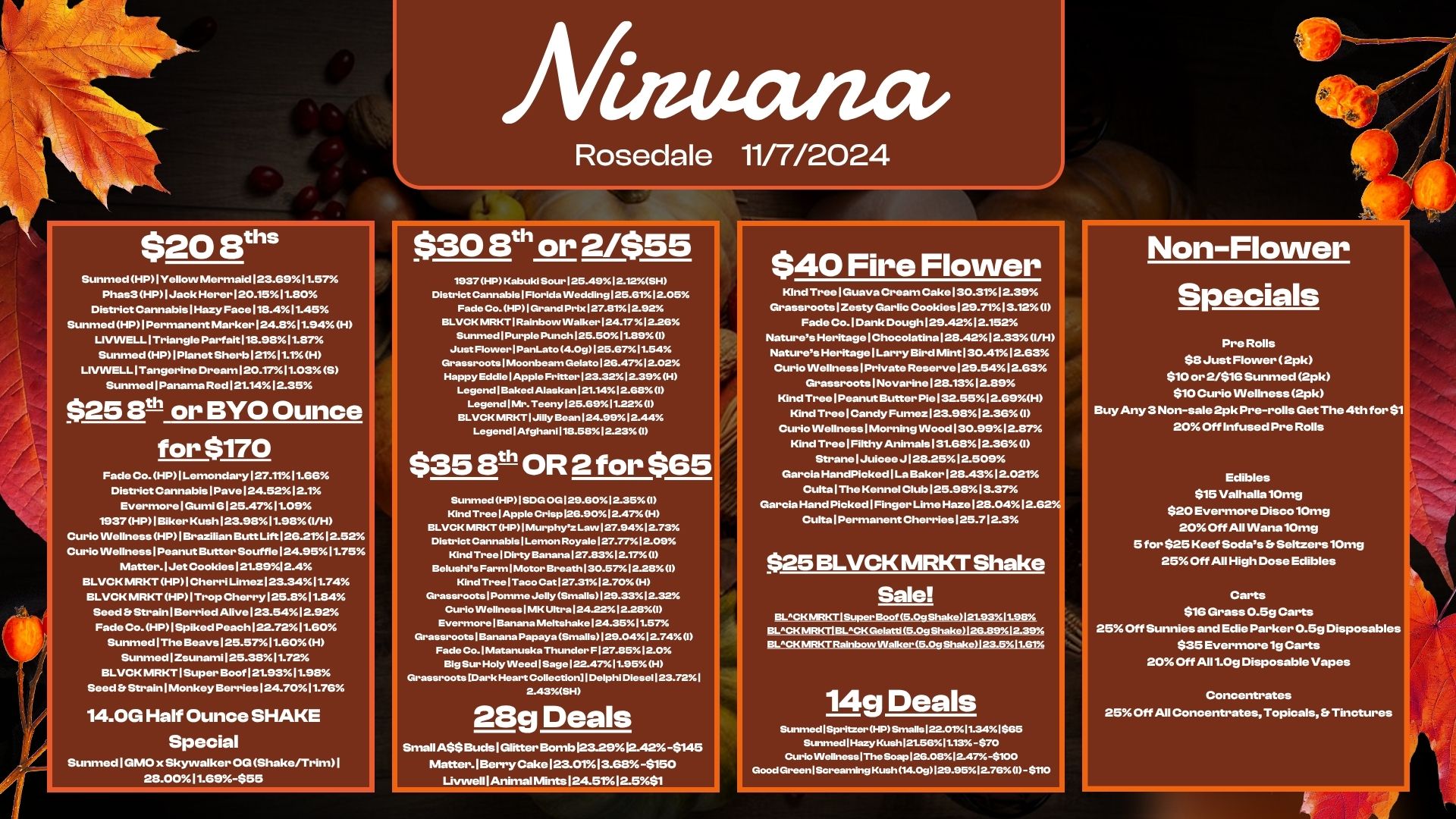 Aftaucum Rosedale 11/7/2024 $20 8ths $30 8th or 2/$55 Summed HP I Yellow Mermaidl2s.e.11.67 1937 HP Kab uki Sour125.4912.12SH Phas3 HP I Jac k Herer120.1511.80 District Cannabis Florida VVe dd Ing125.6112.05 District CannabislHazy Face118.4.11.45 Fade Co. HP1Grand Prix127.8112.92 Sunmed HP I Permanent Marker124.811.94H BLVCK MRKT1Rainbow IiVa Ike 24.17 12.26 LIVWELL1Triangle Parfait118.9811.8h Sunrried1Purple Punch/25.50189 I Sunmed HP1PlanetSherb12111.1H Just Flower 1 PanLato 4.0g125.61.54 LIVVVELLITangerine Dream120.141.03S Sunmed I Panama Red121.1412.35 $25 el or BYO Ounce for $170 Fade Co. HP I Lemondary I 27.TI11.66 District Cannabis I Pave124.52.12.1 Evermore I Gumi 6125.47 I-1.09 1937 HP I Biker Kush123.9811.98 I/H Curio INellness HP113razilian Butt Lift126.2112.5a Curio VVellness I Peanut Butter Souffle124.9511.75 Matter. I Jet Cookies 121.8912.4 BLVCK WIRKT HP I CherriLimez123.3411.74 BLVCK MRKT HP I Trop Cherry 125.811.84 Seed b St rainlBerried Alive 123.5412.92 Fa. Co. HP I Spiked Peach1..7211.60 SuntnedlThe Beays125.5711.60H Summed I Zsunamil25.34311.72 BLVCK MRKT I Super Boot 121.9311.98 Seed bStrainlMonkey .rries124.7011.76 14.0G Half Ounce SHAKE Special .inmed I GMO x.ywalker 00 Sha keirrim I 23.0011.69-$55 Grassroots1MoonbeamGelato126.4712.02 Happy Ed dle1Ap ple Fr itter123.32A 2.39 H LegendlBaked Alaskan121.1412.68 I Le9e.dliVir.Teenyl25.6911.22 I BLVCK MRKT1Jilly Bean124.991244 LegendiAf ghani118.5812.23 I $35 Etth OR 2 for $65 Sunmed HP SDG 0G129.6012.35 I Kind TreelApp le Crisp126.9012.47 H BLVCK MRKT HP 1 Mu rp hyz Law127.9412.73 District Canna bislLe mon Royal el27.7712.09 Kind Tre el. Ba nana127.8312.T7 I Belushrs Farm1Motor B reath130.5712.28 I Kind TreelTaco Cat127.3112.70 Hi G ras sr o ots 1 Pom me Jel ly Smalls129.3312.32 1 Curio VVellnessIMK Ultra124.2212281 EvermorelBanan a Meltshake124.3511.57 Grassroots Banana Papaya Smalls129.0412.74 I Fade Co.1MatanuskaThunder F127.8512.0 Big Sur Holy Weed 1 Sage122.41.95.H Grassroots Dark Heart Co I le ctio nIlDelphi Diesel 123.721 2.43SH 28g Deals Small ASSI.ads I Glitter Bomb123.2312.42-$145 Matter. I Berry Cake I 23.0113.63 -$150 Livwe.lAnimallVrintsI24.5112.5$1 $40 Fire Flower Non-Flower I Kind Tree I Guava Cream CakeI30.3112.39 Grassroots I Zesty Garlic Cook iesl..7113.12 I Fade Co.1Dank Dough129.4212.152 Natures HeritagelChocolatinal28.4212.33VH Natures HeritagelLarry Bird MintI30.41 12.63 Curio INellness Private Reserve129.5412.63 Grassroots I Nova rine 1213.13 12.89 Kind TreelPeanut Butter PieI32.5512.69H Kind Tree I Candy Furnez I 23.91312.36 I Curio Wellness I Morning INood130.99.12.37 Kind Tree Filthy Animals131.6812.36I Strane I Juice. J128.2512.509 Ga rcia Ha ndPic ked I La Baker 128.4312.021 Culta I The Kennel ClubI25.9313.37 Garcia Hand Picked Finger Lime Haze128.0412.62 Culta I Permanent Cherries125.712.3 $25 BLVCK MRKT Shake Sale E1MRKTISuperElOgStakell21.9311.9Er/0 131K1111111KMBL.1033...g.haken26.89la.9 11115CrRaInbewWalkerA.0gShake123.5.11.61 14g Deals Suru-ned1Spritzer HP Smallsiaaorm 1.34.5 SurtmedlHazyKush121.5611.13-$70 LCuHoWellnessITheSoap126.0812.47-S100 icmardGree n 1 Se rear. Kush .14-09129.951276 I S110 Specials Pre Rolls SS Just Flower 2pk $10 or 2/$1S Sunmed 2pk $10 Curio Wellness 2pk Buy Any 3 Non-sale 2pk Pre-rolls Get The 4th for $1 20 Off Infused Pre Rolls Edibles $15 Valhalla10mg $20 Evermore Disco10mg 20 Off All1Nana10mg 5 for $25 Keef Sodas. Seltzers10mg 25 Off All High Dose Edibles Carts WS Grass 0.59 Carts 25 Off Sunnies and Edie Parker 0.5g Disposables $35 Evermore 1g Carts 20 Off A111.0g Disposable Vapes Concentrates 25 Off All Concentrates Topicals Et Tinctures / 