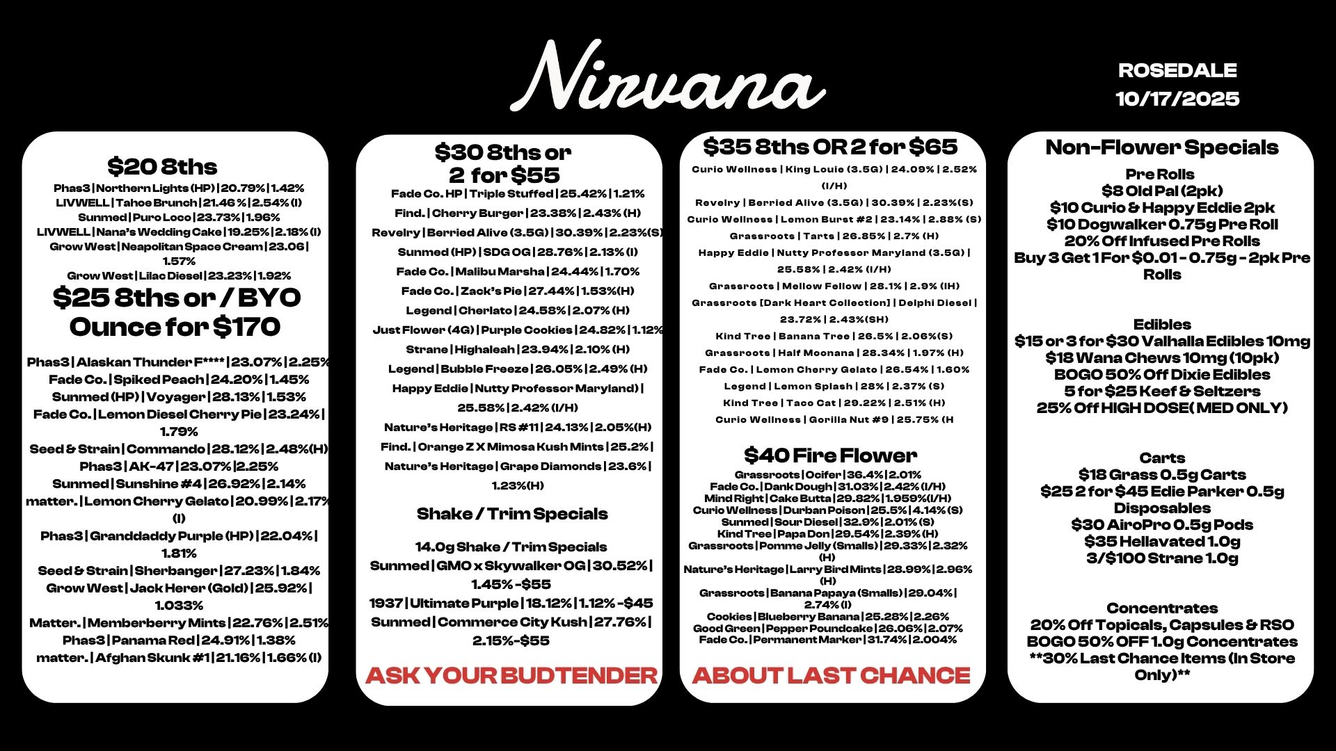 rNon-Flower Specials -1 Pre Rolls $8 Old Pal 2pk $10 Curio Et Happy Eddie 2pk $10 Dogwalker 0.75g Pre Roll 20 Off Infused Pre Rolls Buy 3 Get1For $0.01 - 0.75g - 2pk Pre Rolls Edibles $15 or 3 for $30 Valhalla Edibles10mg $18 Wana Chevus10mg 10pk BOGO 50 Off Dixie Edibles 5 for $25 Keef Er Seltzers 25 Off HIGH DOSE MED ONLY Carts $18 Grass 0.5g Carts $252 for $45 Edie Parker 0.5g Disposables $30 AiroPro 0.5g Pods $35 Hellavated1.0g 3/$100 Strane1.0g Concentrates 20 Off Topicals Capsules Et RSO BOGO 50 OFF 1.09 Concentrates 30 Last Chance Items In Store L Only ....A r $208ths 1 Phas31Northern Lights HP120.7911.42 LIVVVELL1Tahoe Brunch 121.46 12.54I Sunmed1Puro Loco123.7311.96 LIVINELL1NanasVVedding Cake119.2512.18 I Grow West1Neapolitan Space Cream 123.0e1 1.57 Grow West1Lilac Diese1123.2311.92 $25 Mils or / BYO Ounce for $170 Phas3 I Alaskan Thunder FI23.0712.25 Fade Co. Spiked Peach I 24.2011.45 Sunmed HP I Voyager I 23.1311.53 Fade Co. I Lemon Diesel Cherry Pie 123.24 I 1.79 Seed Er Strain Commando I 23.121 2.48H Phas3 I AK-47123.0712.25 Sunmed I Sunshine 4I 29.9212.14 matter. Lemon Cherry Gelato I 20.991 2.1n I Phas3 I Granddaddy Purple HPI22.04 I 1.81 Seed Strain I Sherbanger127.2311.34 Grow West I Jack Herer Gold125.92 I 1.033 Matter. Memberberry Mints122.7612.51 Phas3 I Panama Red I 24.9111.33 matter. Afghan Skunk 1121.1611.66 I L r $30 8ths or 1 2 for $55 Fade Co. HP1Triple Stuffed 125.4211.21 Find. Cherry Burger123.3812.43 H Revelry Berried Alive 3.5G130.39 12.23S Sunmed HP1SDG 06128.7612.13W Fade Co.1Malibu Marshal24.4411.70 Fade Co.1Zacks Pie127.4411.53H LegendlCherlato124.5812.07 H Just Flower 4G1 Purple Cookies124.8211.12 StranelHighaleah 123.9412.10 H LegendlBubble Freeze126.0512.49 H Happy EddielNutty Professor Maryland 25.5812.42 I/H Natures HeritageIRS .11124.1312.05H Find. Orange Z X Mimosa Kush Mints125.21 Natures HeritagelGrape Diamonds123.61 1.23H Shake / Trim Specials 14.09 Shake /Trim Specials Sunmed I GMO x Skyvvalker OGI30.52 I 1.45 -$55 1937I Ultimate Purple 118.1211.12 -$45 Sunmed I Commerce City Kush I 27.761 2.15-$55 LASK YOUR BUDTENDEI $35 8ths OR 2 for $65 Curio Wellness I King Louie 3.5G124.0912.52 I/H Revelry I Berried Alive 3.56130.39612.23S Curio Wellness I Lemon Burst 2 123.14 12.88 S Grassroots I Tarts 126.85 12.7 H Happy Eddie I Nutty Professor Maryland 3.5G I 25.5812.42 I/H Grassroots I Mellow Fellow I 28.112.9 IH Grassroots Dark Heart Collection I Delphi Diesel I 23.72 I 2.43.SH Kind Tree I Banana Tree 126.5 12.065 Grassroots I Half Moonana I 28.3411.97 H Fade Co. I Lemon Cherry Gelato126.541.80 Legend I Lemon Splash 128 12.37 S Kind Tree I Taco CatI29.222.51 H Curio Wellness I Gorilla Nut OD 125.75 H $40 Fire Flower Grassroots 1 Ocifer135.412.01 Fade Co.1Dank Dough131.0312.42 I/H Mind RightlCake Butta129.8211.959VH Curio Wellness1Durban Poison125.514.14S SunmedlSour Diese1132.912.01S Kind TreelPapa Don 29.5412.39H Grassroots1Pomme Jelly Smalls129.3312.32 H Natures HeritagelLarry Bird Mints 128.9912.96 H Grassroots1Banana Papaya Smalls129.041 2.74 I CookiesiBlueberryBananal25.2812.26 Good Green1Pepper Poundcake125.0612.07 Fade Co.1PermanentMarker131.7412.004 ABOUT LAST CHANCE ROSEDALE 10/17/2025 / 