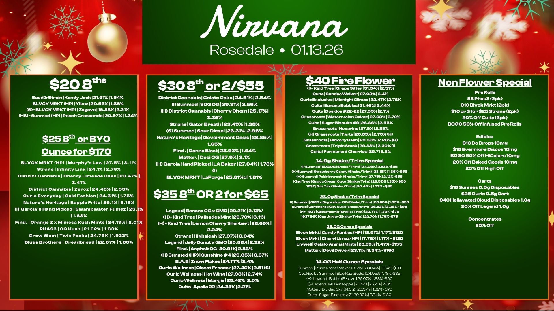 $20 8ths Seed Strain1KandyJack121.61.11.54 BLVCKWIRKTHP1Yikez120.53.11.86 S-BLVCKNIRKTHP1Zagave116.88.12.21 H5-SunmedHP1Peacherescendo120.9711.34 $2513 or BYO Ounce for $170 BLVCK MRKT HP1MurPhYs Stranellnfinity Linx124.112.76 District CannabislCherry Limeade Cake123.47 3.41 District CannabislZeroz 1 24.481 2.53 Curio EverydaylGold Fashion124.5111.75 Natures HeritagelBapple Fritz125.112.18 I Garcias Hand Picked1Swampwater Fumez 1 25 11.68 Find.10range Z x Mimosa Kush Mints124.1912. PHAS310G Kush121.6211.63 Grow INest1Twin Peaks124.7911.922 Blues Brothers1Dreadbread122.6711.68 Rosedale 01.13.26 $30 8th or 2/$55 District Cannabis 1 Gelato Cake 124.5112.54 I Sunmed 1SDG OG 129.3112.56 H District Cannabis 1Cherry Chem 125.171 3.36 Strane 1 Gator Breath 123.4511.5B S Sunmed Sour Diesel 126.3112.96 Natures Heritage Government Oasis 123.351 1.65 Find .1 Canna Blast 12E15311.64 Matter. 1 Dosi OG127.913.1 H Garcia Hand Picked ILA Baker 127.0411.78Y BLVCK MRKT 1LaForge 125.01d Mal $35 Etti OR 2 for $65 LegendlBanana OG xGM0129.2112.13 H- Kind Tree 1 Palisades Mint 129.7613.11 H- Kind Tree 1 Lemon Cherry Sherbert 123.591 2.24 StranelHighaleah127.3713.04 Legend 1 Jelly Donut x GMO 125.6312.32 Find. Asphalt OG 130.5112.86 HSunmed HP1Sunshine 41213.5513.37 B.A.B12now Flakes 124.7712.4 Curio Wellness 1 Closet Freezer 127.4612.51 S Curio Wellness 1Hot Wing 127.9812.74 Curio Wellness Margie 123.4212.0 Cults 1 Apollo 22124.3312.21 Ire ower ID- Kind Tree Grape SitterI31.3412-57 Culta Sundae Walker127.9813.4 Curio Exclusive Midnight Climax 132.4712.76 Cultal.nana Bubbles131.4612.44 Cults I Dosidos 22-2.2127.5912.7 Grassroots Watermelon Cakez127.6812.72 Cults Sugar Biscuits.9126.6612.55 Grassroots Novarine127.912.89 H Grassroots I Tarts126.8512.70H Grassroots1HickoryHash129.3912.26H Grassroots I Triple Stack 129.3812.30 I Cults Permanent Cherries 125.712.3 14.0g Shake/Trim Special 1 ...mod I SDG OG Shakerrr.134.09.2.88-$55 HSunnxd I Strawberry Candy ShakeRrim128.1811.3855 H Summed I Pobblowreck Shako/Trm127.7512.12-555 Kind Theo Guava Cream Cake Shako/Trim123.5111.35-850 19371 Gas Tax Shako/Trim120.4411.73- $45 28.05 Shake/Trim Sunmed MAO x Skyvvalker OG ShakeRrim128.8311.9595 Sunmod I Comm.. City Kush ohake/trim126.92.2.06- S95 H-19371Glitterbomb Shakonm120.77.1.713 -S75 1937 HP I Cap Junky Shake/Trim122.7011.79-$75 28.0G Ounce Specials Block Mrktl Candy Panties HP118.5111.17 $120 BlyckMrktICherri LimezHP117.7611.17- $120 Livwell 1 Gelato Animal Mints 128.3911.475155 Matter. Devil Driver 123.1113.34.-3160 14.0G Half Ounce Specials Sunmecl I Permanent Marker Buds 129.641 3.044-$90 Cookies by Sunmed I Blue Raz Buds 124.0511.78-$85 0-0- Legend I Bubble Freeze I 2e.o-/11.93$90 0 Legend 1 Mile Pineapple Mug. 2.241-$85 Matter. Divided Sky 14.0g I 20.071122 - $70 Cults I Sugar Biscuits X Z I 29.991224 -$130 Non Flower Special Pre Rolls S8Phas32pk $10 Block Mrkt 2pk $10 or 3 for $25 Strane 2pk 20 Off Cults 2pk BOLO 50 Off Infused Pre Rolls Edibles $16 Do Drops 10mg $18 Evermore Discos 10mg BOLO 50 Off HiColors10mg 20 Off Baked Goods 10mg 25 Off High Off Carts $18 Sunnies 0.5g Disposables $25 Curio 0.5g Cart $40 Hellavated Cloud Disposables 1.09 20 Off Legend 1.0g Concentrates 25 Off / 