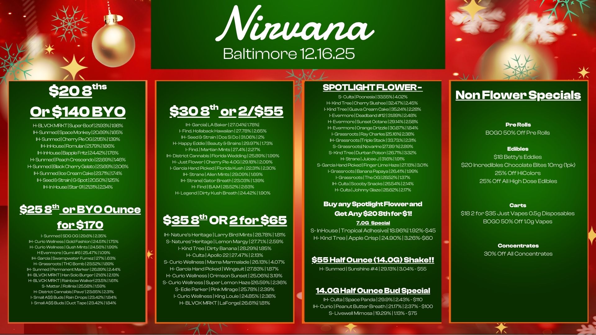 $20 8ths Or $140 BYO H- ELVCK MRKT Super Boof 121931198 IH- Stsmcd 1 Space Monkey120.69/011.65 1H-Sunn-icd1CrierPie.1211511.39 IH- InHot..c 1Romulan 121791166 IH- InHousc 1.0010 Fri121244201176 H- Sunmed 1 Peach Croscendo1.691146 H-Sulmed 1Black Cherry GelatoI.691206 IH-Sunmccl 1 Ice Cream Cake1.711174 IH-Seed8StrainIG-Spot120.501125 IH- In House 1 Star 91121311234 $25 Elt or BYO Ounce for $170 Sun med IS.. 1..612.35 IH- Cut Wellness 1 Gold Fashion 124511175 H- Curio Wellness 1 Gush Mints 1245611.99 H Evermore 1 Gumi .6 125.4711.09 IH- Garcia 1 Swampwater 271.63 H- Grassroots 1 THC Bomb 1 23.521129 IH- Sunmed 1 Permanent Marker 1.29961 2.44 H- BLVCR MRI-a 1 Han Solo Burger 12161213 H- BLVCR MRKT 1 Rainbow Walker 2a5 I 1.6r4 S- Matter.1Rollinia 1 255. 1.9 H- District Canna. Pave 1 23.651 221 I- Small A. Buds 11in Drops 123.421124 I- Small A. Buds 1 Duct Tape 1..421124 luta/ wit Baltimore 12.16.25 $30 8th or 2/$55 IH- Garcia LA Baker 127.0411.781 I- Find. Hollaback Hawaiian I 27.7.12.65 IH- Seed Strain I Dos Si Do 131.0612 I-1- Happy Eddie I Beauty Er Brains 129.9711.73 I- Find. Martian Mints 127.41227 IH- District Cannabis Florida Wedding I 25.8911.99 H- Just Flower 1 Cherry Pie 4..129.181 2D9 l- Garcia Hand Picked I Florida Kush 1 22.311 230 IH- Strane 1 Alien Mints 129.0911.69 IH- Strane1 Gator Breath I 23.03 11.39 H- Find 1 B.A.M 1..52 1 2.63 H- Legend 1 Dirty Kush Breath 124.421190 $353th OR 2 for $65 IH- Natures Heritage 1 Larry Bird Mints 1207811.81 S- Natures Heritage 1 Lemon Margy 127.711 2.59 I- Kind Tree 1 Dirty Banana 128291585 H- Cults 1 Apollo 22 12747 213 S- Curio Wellness 1 Moss Marmalade 1 26.1314.07 H- Garcia Hand Picked Wingsuit 1 27.8311.87 H- Curio Wellness Crimson Sunset 1 25.061 an S- Curio Wellness 1 Super Lemon Haze 126.59 1 2.36 S- Edie Parker I Pink Mirage 25.78 1 2.39 I- Curio Wellness King Louie 1 24.8512.38 H- BLVCK MRKT I LaForgeI 26.6111.81 SPOTLIGHT FLOVVER S-Culta I Poonesia 38551402 H- Kind Tree Cherry Slushee 32471 245 I- Kind Tree I Guava Cream Cake 135241228 I- Evers-larval Deadband 12131.891 248 I Evermore Sunset Octane 1.141258 H- Evermore Orange Drizzle 130871184 I- Grassroots 1Ray Charlas 125161238 IH- Grassroots ITriple Stack I sa7.12.31 S- Grassroots Novarine 127.89 12.89 S- Kind Trate 1 Durban Poison 126.711 3.32 Strane I Juicee J 131611.91 S- GarCia Hand Picked Finger Lime Haze 1 27.13 1 soi I-Grassroots1Banana Papaya 128411199 1- Grassroots 1The OG1 28521137 IH- Culta 1 Scooby Snacks 126541214 H-Colts Johnny Glaze 1 286201217 Buy any Spotlight Flower and Get Any$2013thfor$1 7.00 Special S- InHouselTropical Adhesive118.9611.92-$45 H- Kind Tree1Apple Crisp124.9013.26-$60 $55 Half Ounce 14.0G Shake H- Sunmcd Sunshine 4 I 29.1313.04 - $55 14.0G Half Ounce Bud Special IH- Culta I Space Panda 1 29.91 2.43 - $110 1H- Curio I Peanut Butter Breath 1 21.171 2.37- $100 S- Livewell Mimosa 119291113 - $75 Non Flower Specials Pre Rolls BOGO 50 Off Pre Rolls Edibles $18 Bettys Eddies $20 Incredibles Chocolate Bites10mg 1pk 25 Off HiColors 25 Off All High Dose Edibles Carts $18 2 for $35 Just Vapes 0.5g Disposables BOGO 50 Off 1.0g Vapes Concentrates 30 Off All Concentrates / 