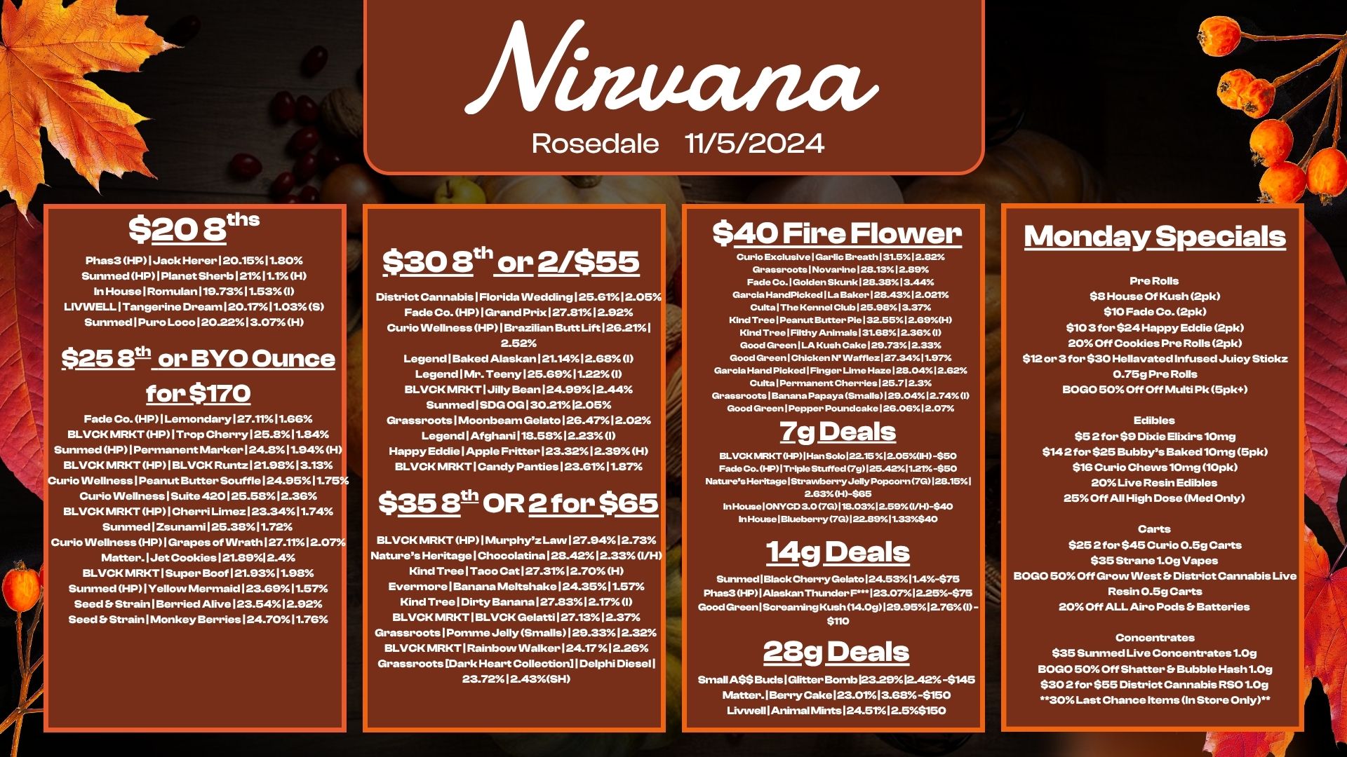 $20 8ths Phas3 HP1Jack Herer120.1511.80 Sunmed HP1Planet.erb12111.1 H HouselRomulanI..7311.53 I LIVWELLITangerine Dream120.1711.03S Sunmed1Puro Loco120.2213.07H $25 EV-11 or BYO Ounce for $170 Fade Co. HP1Lemondary127.1111.68 BLVCK MRKT HP1Trop Cherry125.811.84 Sunmed HP1Permanent Marker124.811.94H BLVCK MRKT HP1BLVCK Runtz121.9813.13 Curio Wellness1Peanut Butter .uffle124.9511.75 Curio Wellness1Suite 420125.5812.36 BLVCK MRKT HP1Cherri Limez123.3411.74 Sunmed1Zsunami125.3811.72 Curio Wellness HP1Grapes of Wrath127.1112.07 Matter.lJet Cookies121.8912.4 BLVCK MRKT1Super Boof121.9311.98 Sunmed HP1Yellow Mermaid123.89 11.57 Seed .StrainlBerried Alive123.5412.92 Seed .StrainlMonkey Berries124.70.11.76 Aftaucum Rosedale 11/5/2024 030 Eith or 2/$55 I District Cannabis1Floric.INedding125.6112.05 Fade Co. HP1Grand Prix127.8112.92 Curio VVellness HP113razilian Butt Lift12.21 I 2.52 Legend1Baked Alaskan121.1412.68 I Legend Mr- Theny125.6911.221 BLVCK MRKT1Jilly Bean124.9912.44 SunmedISDGOG130-2112.05 Grassroots1Moonbeam Gelato126.47Al2.02 Legend 1 Afghani118.5812.23 I Happy EddielApple Fritter123.3212.39 H BLVCK MRKT1Candy Panties123.6111.87 $5h OR 2 for $65 BLVCK MRKT HP1MurphyzLaw127.9412.73 Natures HeritagelChocolatina128.4212.331/H Kind TreelTaco Cat127.3112.70 H Evermore1Banana Meltshake124.3511.57 Kind TreelDirty Banana127.8312.17I BLVCK MRKT1BLVCK Gelatti127.. I 2.37. Grassroots1Pomme Jelly Smalls129.3312.32 BLVCK MRKT1Rainbow Walker124.1712.26 Grassroots Dark Heart CollectionlDelphi Diesell 23.7212.43SH $40 Fire Flower Curio ExclusivelGarlic Breath131.512.82 Grassroots1Novarinel28.1312.89 Fade Go. 1 Gol den Skunk128.3613.44 Garcia Ha ndPicked1La Baker 128.4312.021 Culta1The Kennel Club125.9813.37 Kind Tre elP ea nut Butter Pi e132.55.12.69H Kind Tree /Filthy Animals Me. I 2.36 I Good GreenILA Kush Ca ke129.7312.33 Good GreeniChicken N. Waftlez 1 27.3411.97 Garcia Hand Pi cked1Fing e r Lime Haze128.0412.62 italPe rrnane nt Cherries125.71 2.3 G ra saroots1Banana Papaya Sm a Ils129.0412.74 1 Good Green I Pepper Poun d c a ke126.0612.07 7g Deals BLVCK IVRKT HP1Han Solo122.159.12.59. -$50 Fa... HP Triple Stuffed 79125.4211.2T-550 Natures Heritage Strawberry Jelly Popcorn 7G128.15 I 2630-0-S65 in oNvermo C7G I ist.o.31259 In House 1 Blueberry 7G122.8911.33440 14g Deals Smarted Black Cherry Gelatol24.5311.4-$7. Phas3 HP I Alaskan Thundor..123.0712.25-$75 Good Green/ Scree. Kush 14.09129.9512761- 5110 28g Deals Small A88 BudsiGlitter .mb1232912-42 -5145 Nlatter.1 Berry Cake123.0113.55-$150 Lhrwell Animal Mints 124.arx12.scx4iso Monday Specials Pre Rolls $8 House Of Kush 2pk $10 Fade Co. 2pk $1031 $24 Happy Eddie 2pk 20 Off Cookies Pre Rolls 2pk $12 or 3 for $30 Hellavated Infused Juicy Stick. 0.75g Pre Rolls BOLO 50 Off Off Multi Pk 5pk Edibles $52 for $9 Dixie Elixirs 10mg $142 for $25 Bubbys Baked10mg 5pk $16 Curio Chews10mg 10pk 20 Live Resin Edibles 25Off All High Dose Med Only Carts 8252 for $45 Curio 0.59 Carts $35 Serene 1.0g Vapes BOGO 50 Off Grow West Er District Cannabis Uve Resin 0.5g Carts 20 Off ALL .ro Pods Er Batteries Concentrates $35 Si-aimed Live Concentrates1.09 BOGO 50 Off Shatter Bubble Hash1.0g 8302 for 855 Distri. Cannabis RS01.0g 30 Last Chance Items In Store Only. / 