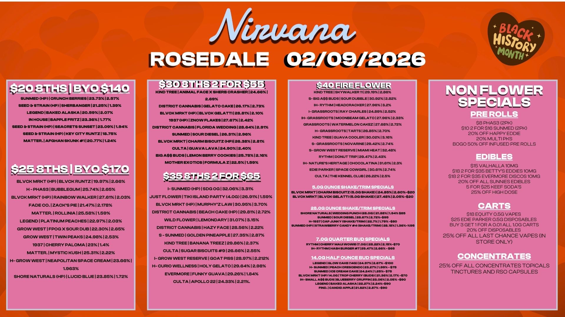 $20 EITHS BYO $ 40 SUNMED HP CRUNCH BERRIES 123.7312.57 SEED Et STRAIN HP SHERBANGER I21.2511.39 LEGEND 1 BAKED ALASKA 120.5912.07 IN HOUSE I BAPPLE FRITZ23.36 11.77 SEED STRAIN HP SEACRETS SUNSET 123.0911.94 SEED Er STRAIN HP I KEY CITY RUNTZI18.75 MATTER. AFGHAN SKUNK 1 20.7711.24 $2558THS I BYO $170 BLVCK MRKT HP I BLVCK RUN 119.971 2 66 H - PHAS31BUBBLEGUM125.7412.65 BLVCK MRKT HP1RAINBOIN WALKER127.6112.03 FADE CO.1ZACKS PIE121.4712.178 MATTER.IROLLINIAl25.5811.59 LEGEND1PLATINUM PEACHES122.9712.03 GROW VVEST1FPOG X SOUR DUB 122.3012.65 GROW INEST1TVVIN PEAKS124.9812.53 19371 CHERRY PALOMAl2311.4 MATTER.1MYSTIC KUSH125.3112.22 H- GROW VVEST1NEAPOLITAN SPACE CREAM123.66 I 1.963 SHORE NATURALS HP1LUCID BLUE123.8511.72 Afuntana. ROSEDALE 02/09/2026 33 E3 liZND TREE ANIMAL FACE X SHERB CRASHER 124.6G 2.69 DISTRICT CANNABIS I GELATO CAKE 126.17 12.73 BLVCK MRKT HP BLVCK GELATTI 28.3112.10 1937 HP I ZNO1N FLAKES 27.6712.42 DISTRICT CANNABIS I FLORIDA WEDDING I28.6412.91 SUNMED SOUR DIESEL 26.31 2.96 BLVCK MRKT I CHARN1BISCUITZ HP 26.3812.81 all CULTA I GUAVA LAVA 24.9012.40 BIG A$$ BUDS I LEMON BERRY COOKIES 125.7812.16 MOTHER EXOTICS I FORMULA Z 122.511.59 I- SUNMED HPISDGOG132.0613.31 JUST FLOVVERITIKI ISLAND PARTY 4.0G126.9111.59 BLVCK MRKT HP1MURPHYZ LAVV130.95 I 3.70 DISTRICT CANNABIS1BEACH CAKE HP129.8112.72 WILD FLOVVERILEMONDARY131.0713.15 DISTRICT CANNABIS1HAZY FACE 128.5612.22 S - SUNMED 1 GOLDEN PINEAPPLE 127.3512.87 .. KIND TREE1BANANA TREEZ129.8612.37 CULTA1SUGAR BISCUITS 9126.6612.55 I- GROW WEST RESERVE1GOAT PISS128.9712.212 H- CURIO VVELLNESS1HOLY GELAT0128.6412.98 EVERMORE1FUNKY GUAVA 129.2611.84 CULTAIAPOLLO 22124.3312.21. 1LL7711E1 KIND TREE I SKYVVALKER11129.1912.86 S- BIG ASS BUDS SOUR DUBBLE 130.8212.82 IH- RYTHM I HEADCRACKER 127.9613.2 I- GRASSROOTS I RAY CHARLES I24.8912.52 IH- GRASSROOTS I MOONBEAM GELATO I27.9612.33 GRASSROOTS WATERMELON CAKEZ 127.6812.72 H- GRASSROOTS I TARTS 126.8512.70 KIND TREE I GUAVA COOLER 130.0213.16 S- GRASSROOTS I NOVARINE 129.4212.74 S- GROW WEST RESERVEI MIAMI HEAT 132.48 RYTHMI DONUT TRIP 129.4712.43 IH- NATURES HERITAGE I CHOCOLATINA 131.6112.3 EDIE PARKER I SPACE COWGIRL 130.6112.74 CULTA THE KENNEL CLUB 2022962.6 4.11111.1.1.1.11111. BKRK7CHZI C7T 1 1 -2-6 2BLCMR IBIHL1.f II .42.05-20 111 SHRENATSLUTALESDIrS12$77221.945 H-19371 CAP JUNKY SHAKE/TRIM 22-711.79-$80 BUNMED OAP STRAWBERRY CANDY. SHAKE/TRIM 28.1811.36-96 RYTHM1CHERRY MAUI VVOWIE7.00128.2212.15670 IH- RYTHM 1 HASH BURGER 47129. .1 111 1 7N ZE I 1TH-PEAC N1.9 75 BLVCK MT 01114C.L7IRTERAOP CCFii127.116i22736t7152 17 -$70 IH- SMALLLINErESAIUEBERRY CRUFFIN 123.0 61 2.05 $9 0 millFIND. CANDID ZIIrE2117271T-1.24-$-90 $8 PHAS3 2PK $10 2 FOR $16 SUNMED 2PK 20 OFF HAPPY EDDIE 20 MULTI PKS BOLO 50 OFF INFUSED PRE ROLLS DIIL $15 VALHALLA 10MG $18 2 FOR $35 BETTYS EDDIES 10MG $18 2 FOR $35 EVERMORE DISCOS IOMG 20 OFF ALL SONNIES EDIBLES 5 FOR $25 REEF SODAS 25 OFF HIGH DOSE AR $18 EAMG VAPES $25 EDIE PARKER 0.5G DISPOSABLES BUY 3 GET 1 FORA 0.01 ALL 1.0G CARTS 20 OFF DISPOSABLES 25 OFF ALL LAST CHANCE VAPES IN STORE ONLY ONCENTR 25 OFF ALL CONCENTRATES TOPICALS TINCTURES AND RSO CAPSULES / 
