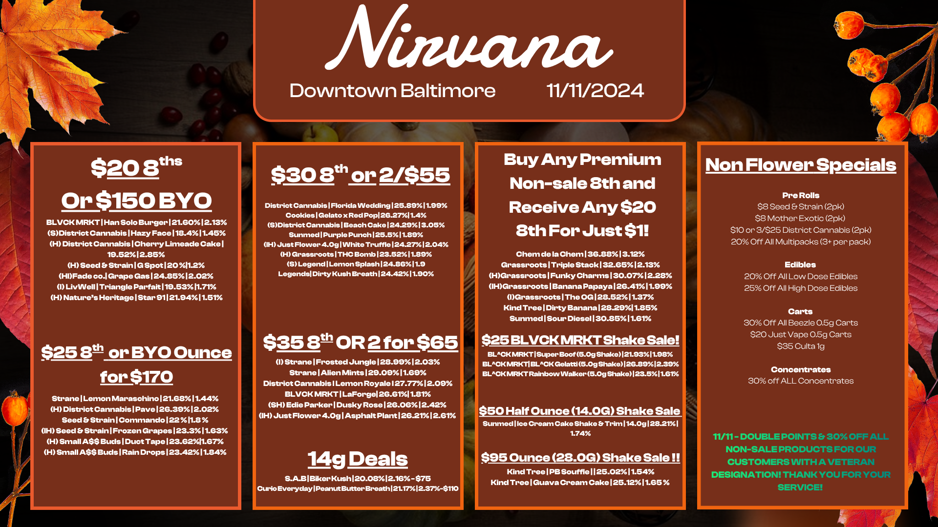 $20 Bun Or $150 BYO BLVCK MRKT I Han Solo Burger 121.6012.13 SDistrict Cannabis 1 Hazy Face118.411.45 H District Cannabis I Cherry Limeade Cake I 19.5212.85 H Seed Er Strain I G Spot 120 11.2 HIFade col Grape Gas124.8512.02 I LivWell 1 Triangle Parfait 119.53 11.71 H Natures Heritage I Star 91121.94 11.51 $25 St or BYO Ounce for $170 ril Strane I Lemon Maraschino121.6811.44 H District Cannabis I Pave 126.39 12.02 Seed Et Strain1Commando12211.8 IH Seed Et Strain I Frozen Grapes 123.3 11.63 H Small A$$ Buds I Duct Tape 123.6211.67 H Small ASS Buds I Rain Drops 123.4211.84 Afinuanct Downtown Baltimore 11/11/2024 $30 13th or 2/$55 District Cannabis I Florida Wedding 125.8911.99 Cookies I Gelato x Red Pop126.2711.4 SDistrict Cannabis I Beach Cake124.2913.05 Sunmed I Purple Punch 125.511.89 IH Just Flower 4.0911Nhite Truffle 124.27 12.04 H Grassroots 1 THC Bomb123.5211.39 S Legend I Lemon Splash 124.8611.9 Legends Dirty Kush Breath 124.4211.90 $35 Bth OR 2 for $65 I Strane I Frosted Jungle 128.9912.03 Strane I Alien Mints 129.0911.69 District Cannabis I Lemon Royale I27.7712.09 BLVCK MRKT I LaForgel 26.6111.81 SH Edie Parker I Dusky Rose 126.0612.42 OH Just Flower 4.Og I Asphalt Plant 126.21 12.61 14g Deals S.A.B1Biker Kush120.0812.16- $75 Curio Everyday I Peanut Butter Breath121.1712.37-$110 Buy Any Premium Non-sale 8th and Receive Any $20 8th For Just $1 Chem de la Chem 136.88 13.12 Grassroots I Triple Stack 132.65 12.13 HGrassroots I Funky Charms130.0712.28 IHGrassroots I Banana Papaya126.4111.99 1Grassroots1The OG128.5211.37 Kind Tree I Dirty Banana128.2911.85 Sunmed I Sour Diesel130.8511.61 $25 BLVCK MRKT Shake Sale BLACK MRKT I Super Boot 5.0g Shake121.9311.98 BLACK MRKTI BLACK Gelatti 5.0g Shako126.8912.39 BLACK MRKT Rainbow Walker 5.0g Shake123.5I 1.61A $50 Half Ounce 14.0G Shake Sale SunmedlIce Cream Cake Shake b Trim 114.0g 128.211 1.74 $95 Ounce 28-0G Shake Sale Kind Tree I PB Souffle 1125.02 11.54 Kind Tree I Guava Cream Cake 125.121166 Non Flower Specials Pre Rolls $8 Seed Et Strain 2pk $8 Mother Exotic 2pk $10 or 3/$25 District Cannabis 2pk 20 Off All Multipacks 3 per pack Edibles 20 Off All Low Dose Edibles 25 Off All High Dose Edibles Carts 30 Off All Beezle 0.5g Carts $20 Just Vape 0.5g Carts $35 Culta lg Concentrates 30 off ALL Concentrates 11/11 - DOUBLE POINTS 30 OFF ALL NON-SALE PRODUCTS FOR OUR CUSTOMERS WITH A VETERAN DESIGNATION THANK YOU FOR YOUR SERVICE / 