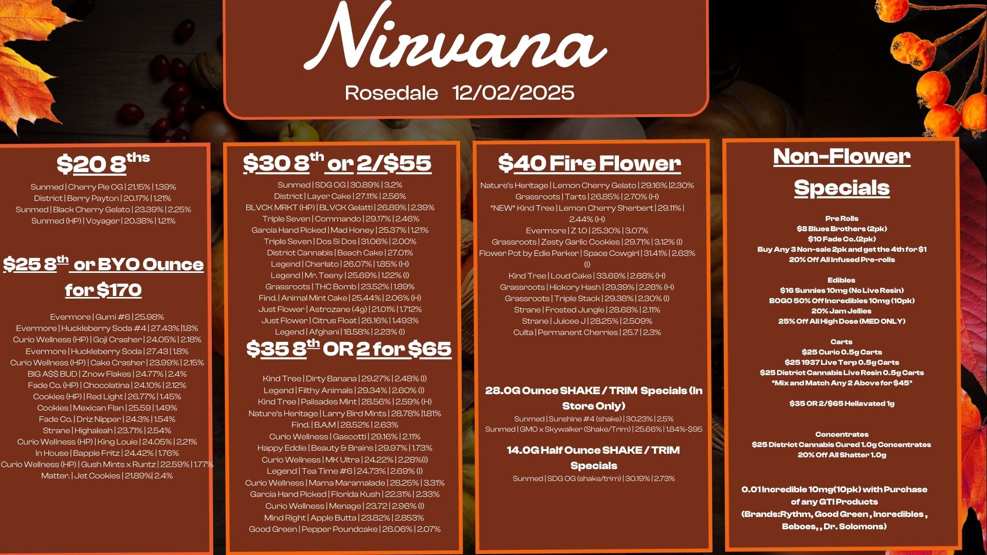 $20 Sths Sunmed Cherry Pie OG121.1511.39 District 113erry Payton 120.1711.21 Sunmed I Black Cherry Gelato 1 23.3.1 2.25 Sunmed HP 1 Voyager 1 20.381121 $25 10 or BYO Ounce for $170 Evermore 1 Gumi 6125.98 Evermore Huckleberry Soda 4I 27.4311.8 Curio Wellness HP 1 Goji Crasher I 24.0512.18 Evermore 1 Huckleberry Soda 1274311.8 Curio Wellness HP 1 Cake Crasher 1 23.9912.15 BIG ASS BUD 1 2now Flakes 124.77 12.4 Fade Co. HP 1 Chocolatina 124.101212 Cookies HP 1 Red Light 126.77 11.45 Cookies 1 Mexican Flan 125.5911.49 Fade Co. 1 Driz Nipper 124.31154 Strane I Highaleah 123.7112.54 Curio Wellness HP 1 King Louie 124.051221 In House 1 Bapple Fritz 1 24.4211.76 Curio Wellness HP I Gush Mints x Run. 22.5911 Matter. Jet Cookies 1 21.891 2.4 Call-af12. Rosedale 12/02/2025 $30 3th or 2/$55 Sunmed 1 SDG OG130.8913.2 District Layer Cake 127.1112.56 BLVCK MRKT HP I BLVCK Gelatti 126.8912.39 Triple Seven Commando I 29.1712.46 Garcia Hand Picked I Mad Honey 125.37 11.21 Triple Seven I Dos Si Dos I 31.0612.00 District Cannabis I Beach Cake 127.01 Legend I Cherlato 1 26.0711.85 H Legend 1 Mr. Teeny 125.691122 I Grassroots 1 THC Bomb 123.52 11.89 Find. 1 Animal Mint Cake 1 25.441 2.06 H Just Flower I Astrozane 4g 1 21.01 11.712 Just Flower Citrus Float 126.1611.493 LogendlAfghani118.5812.23 I $35 3 OR 2 for $65 Kind Tree I Dirty Banana 129.2712.48 I Legend Filthy Animals 129.3412.60 I Kind Tree Palisades Mint 128.5612.59 H Natures Heritage 1 Larry Bird Mints 128.7811.81 Find. 1 B.AM 128.5212.63 Curio Wellness 1 Gascotti 129.1612.11 Happy Eddie Beauty Et Brains 129.9711.73 Curio Wellness 1 MK Ultra 124.2212280 Legend 1 Tea Time 6 124.7312.69I Curio Wellness Mama Maramalade 128.2513.31 Garcia Hand Picked Florida Kush 1 22.3112.33 Curio Wellness Menage 123.72 12.96 I Mind Right Apple Butts 123.8212853 Good Green 1 Pepper Poundcake 126.0612.07 $40 Fire Flower Natures HeritagelLemon Cherry Gelato129.1612.30 GrassrootslTarts126.8512.70 H NEW. Kind Tree I Lemon Cherry Sherbert129.111 2.44 H Evermore I Z 1.0 125.3013.07 Grassroots 1 Zesty Garlic Cookiesl 29.71 13.12 I Flower Pot by Edie Parker Space Cowgirl 1 31.4112.63 Kind Tree 1 Loud Cake 133.69 12.68 H Grassroots 1 Hickory Hash 129.3912.26 H Grassroots Triple Stack 129.381230 I Strane 1 Frosted Jungle 128.6812.11 Strane I Juicee J 128.2512.509 Cults Permanent Cherries 1 25.71 2.3 28.0G Ounce SHAKE / TRIM Specials In Store Only Sunmed Sunshine 4 shake 130.23 125 Sunmed I GMO x Skywalker Shake/Trim I 25.6611.84095 14.0G Half Ounce SHAKE / TRIM Specials Sunmed I SDG OG shake/trim I 30.131 2.73 Non-Flower Specials Pre Rolls $8 Blues Brothers 2pk $10 Fade Co.2p10 Buy Any 3 Non-sale 2pk and get the 4th for $1 20 Off All Infused Pre-rolls Edibles $16 Sunnies10mg No Live Resin BOLO 50 Off Incredibles10mg 10pk 20 Jam Jellies 25 Off All High Dose MED ONLY Carts $25 Curio 0.59 Carts $251937 Live Tarp 0.5g Carts $29 District Cannabis Live Resin 0.5g Carts Mix and Match Any 2 Above for $45 $35 OR 2/$65 Hellavated 1g Concentrates $25 District Cannabis Cured 1.09 Concentrates 20 Off All Shatter 1.0g 0.01 Incredible 10mglOpk with Purchase of any GTI Products BrandsRythm Good Green Incredibles Beboes Dr. Solomons / 