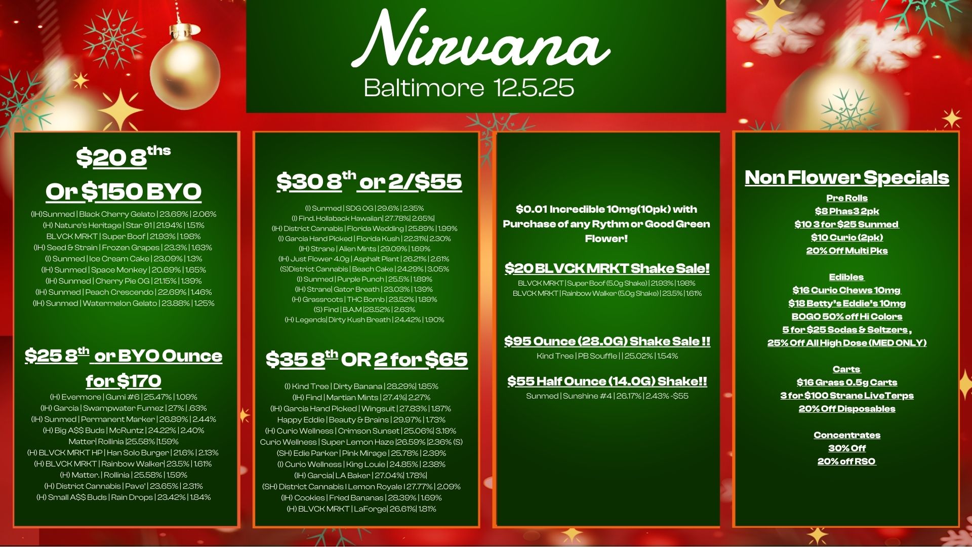 $20 Eels Or $150 BYO IHSunmed I Black Cherry Gelato 123.6912.06 H Natures Heritage 1 Star 911219411.51 BLVCK MRKT 1 Super Boof 121.9311.98 IH Seed Er Strain I Frozen Grapes 23.311.63 0 Sunmed I Ice Cream Cake I 23.0911.3 IH Sunmed Space Monkey 1 20.6911.65 IH Sunmed Cherry Pie OG1211511.39 IH Sunmed I Peach Crescendo 22.6911.46 OH Sunmed Watermelon Gelato 123.88 1125 $25 EO or BYO Ounce for $170 H Evermore 1 Gumi 6 125.4711.09 IH Garcia 1 Swampwater Fume. 1271.63 IH Sunmed Permanent Marker 126.8912.44 H Big ASS Buds 1 McRuntz 1 24.2212.40 Matter Rollinia 125.5811.59 H BLVCK MRKT HP 1 Han Solo Burger 121.6 12.13 HBLVCK MRKT 1 Rainbow Walker 23.511.61 H Matter. Rollinia 125.5811.59 H District Cannabis I Pave 123.65 1231 H Small A$S Buds Rain Drops 1234211.84 mectiza Baltimore 12.5.25 $308th or 2/$55 I Sunm. I SDG OG 129.612.35 I Find. Hollaback Hawaiian 27.7812651 OH District Cannabis I Florida Wedding I 25.8911.99 I Garcia Hand Pick. I Florida Kush 122.3112.30 IH Strane I Alien Mints I 29.0911.69 IH Just Flower 4.09 I Asphalt Plant 126.21 12.61 SDistrict Cannabis I Beach Cake I 242913.05 I Sunmed I Purple Punch I 25.511.89 IH Stranel Gator Breath I 23.0311.39 H Grassroots I THC Bomb I 23.5211.89 S Find I BA.M 128.52 12.63 H Legends Dirty Kush Breath 124.42 11.90 $353th OR 2 for $65 1 Kind Tree Dirty Banana 128291185 IH Find Martian Mints I 27.41227 IH Garcia Hand Picked 1 Wingsuit 1 27.8311.87 Happy Eddie 1 Beauty B. Brains 1 29.97 11.73 H Curio Wellness Crimson Sunset 125.0613.19 Curio Wellness 1 Super Lemon Haze 126.59 1236 S SH Edie Parker I Pink Mirage 1 25.781 2.39 I Curio Wellness 1 King Louie 1 24.851 2.38 IH Garcia LA Baker 127.0411.781 SH District Cannabis I Lemon Royale I 27.771209 IH Cookies 1 Fri. Bananas 128.39 11.69 HBLVCK MRKT I LaForgel 26.61110 $0.01 Incredible 10mg10pk with Purchase of any Rythm or Good Green Flower $20 BLVCK MRKT Shake Sale BLVCK MRKT I Super Boof 5.0g Shake 1219311.98 BLVCK MRKT I Rainbow Walker 5.0g ShakeI.511.61 $95 Ounce 28.0G Shake Sale Kind Tree 1 PB Souffle1125.0211.54 $55 Half Ounce 14.0G Shake SunmedISunshine 4 I 26.1712.43 -$55 Non Flower Specials Pre Rolls $8 Phas32pk $103 for $25 Sunmed $10 Curio 2pki 20 Off Multi Pks Edibles $16 Curio Chews10mg $18 Bettys Eddies10mg BOGO 50 off Hi Colors 5 for $25 Sodas b Seltzers 25 Off All High Dose MED ONLY Carts $16 Grass 0.5g Carts 3 for $100 Strane LiveTerps 20 Off Disposables Concentrates 30 Off 20 off RSO / 