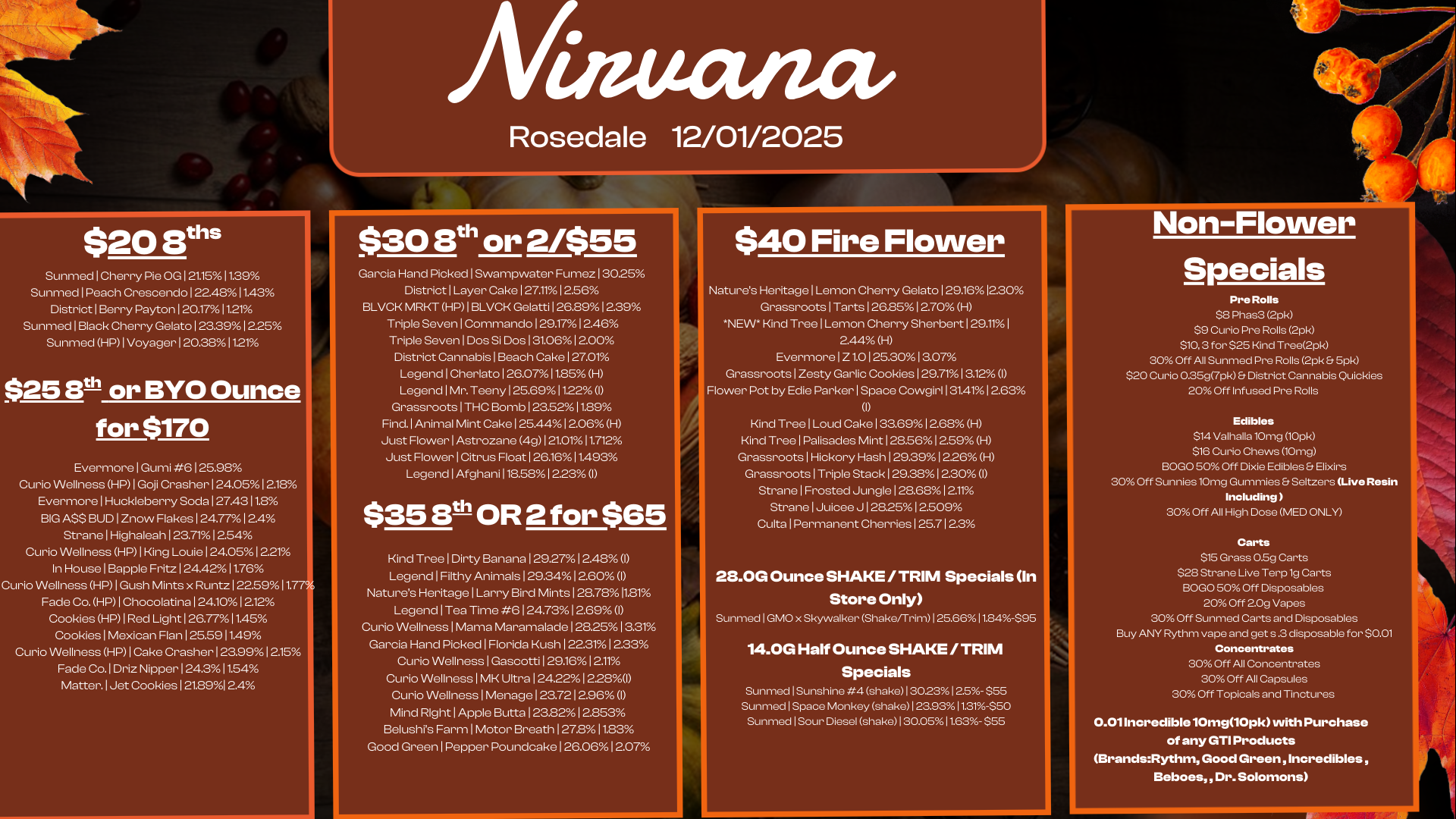$30 8th or 21$55 Garcia Hand Picked I Swampwater Fumez 13025 District I Layer Cake 127.11 12.56 BLVCK MRKT HP I BLVCK Gelatti 126.89 12.39 Triple Seven I Commando 129.17 1246 Triple Seven I Dos Si Dos 131.06 12.00 District Cannabis I Beach Cake 127.01 Legend I Cherlato I 26.0711.85 H Legend I Mr. Teeny 1 25.691122 I Grassroots I THC Bomb 123.52 11.89 Find. I Animal Mint Cake 1 25.4412.06 H Just Flower I Astrozane 4g 1 21.0111.712 Just Flower I Citrus Float 126.16 11.493 Legend I Afghani 118.58 1 223 I $35 fril OR 2 for $65 Kind Tree I Dirty Banana 129.27/ 12.48 I Legend I Filthy Animals 129.34 12.60 I Natures Heritage I Larry Bird Mints I 28.7811.81 Legend I Tea Time 6 1 24.73 12.69 I Curio Wellness I Mama Maramalade 128.25 13.31 Garcia Hand Picked I Florida Kush I 22311 233 Curio Wellness I Gascotti 1 29.161 2.11 Curio Wellness I MK Ultra 124.22I 228I Curio Wellness I Menage 1 23.72 12.96 I Mind Right I Apple Butta 123.821 2853 Belushis Farm I Motor Breath 1272 11.83 Good Green I Pepper Poundcake 1 26.0612.07 $40 Fire Flower Natures Heritage I Lemon Cherry Gelato I 29.1612.30 Grassroots I Tarts 126.8512.70 H NEW Kind Tree Lemon Cherry Sherbert 129.11 I 244 H Evermore 1Z 1.0 125.301 3.07 Grassroots I Zesty Garlic Cookies 129.71 I a12 Flower Pot by Edie Parker I Space Cowgirl 131.41 12.63 I Kind Tree 1 Loud Cake I 33.69 I 2.68 H Kind Tree I Palisades Mint 128.56 1259 H Grassroots I Hickory Hash 129.39 12.26 H Grassroots I Triple Stack 1 29.381 230 I Strane I Frosted Jungle 128.68 12.11 Strane I Juicee J 128.25 12.509 Culta I Permanent Cherries I 25.71 2.3 28.00 Ounce SHAKE /TRIM Specials In Store Only Sunmed I GMO x Skywalker Shake/Trim125.6611.84-$95 14.0G Half Ounce SHAKE / TRIM Specials Sunmed I Sunshine 4 shake1302312.5- $55 Sunmed I Space Monkey shake I 23.9311.31-$50 Sunmed I Sour Diesel shake130.05 11.63- $55 Rosedale 12/01/2025 $20 13 Sunmed I Cherry Pie OG 1 21.1511.39 Sunmed I Peach Crescendo 122.48 11.43 District I Berry Payton 1 20.1711.21 Sunmed I Black Cherry Gelato 123.39 12.25 Sunmed HP I Voyager 120.38 1121 $25 eth or BYO Ounce for $170 Evermore I Gumi 6125.98 Curio Wellness HP I Goji Crasher 1 24.051 2.18 Evermore I Huckleberry Soda 127.4311.8 BIG A$$ BUD I Znow Flakes 124.77 12.4 Strane I Highaleah 1 23.711254 Curio Wellness HP I King Louie I 24.051 221 In House I Bapple Fritz I 24.4211.76 Curio Wellness HP I Gush Mints x Runtz I 225911.77 Fade Co. HP I Chocolatina I 24.101 2.12 Cookies HP I Red Light 1 26.7711.45 Cookies I Mexican Flan 125.5911.49 Curio Wellness HP I Cake Crasher 123.99 1 2.15 Fade Co. 1 Driz Nipper I 24.311.54 Matter. I Jet Cookies I 21.891 2.4 Non-Flower Specials Pre Rolls $8 Phas3 2pk $9 Curio Pre Rolls 2pk $10 3 for $25 Kind Tree2pk 30A Off All Sunmed Pre Rolls 2pk b 5pk $20 Curio 0.3597pk Et District Cannabis Quickies 20 Off Infused Pre Rolls Edibles $14 Valhalla 10mg 10pk $16 Curio Chews 10mg BOGO 50 Off Dixie Edibles Et Elixirs 30 Off Sunnies 10mg Gummies Et Seltzers Lhro Rosin Including 30 Off All High Dose MED ONLY Carts $15 Grass 0.5g Carts $28 Strane Live Terp 1g Carts BOGO 50 Off Disposables 20PA Off 2.0g Vapes 30 Off Sunmed Carts and Disposables Buy ANY Rythm vape and get s .3 disposable for $0.01 Concentrates 30 Off All Concentrates 30 Off All Capsules 30 Off Topicals and Tinctures 0.01 Incredible 10mg10pk with Purchase of any GTI Products BrandsRythm Good Green Incredibles Beboes Dr. Solomons / 