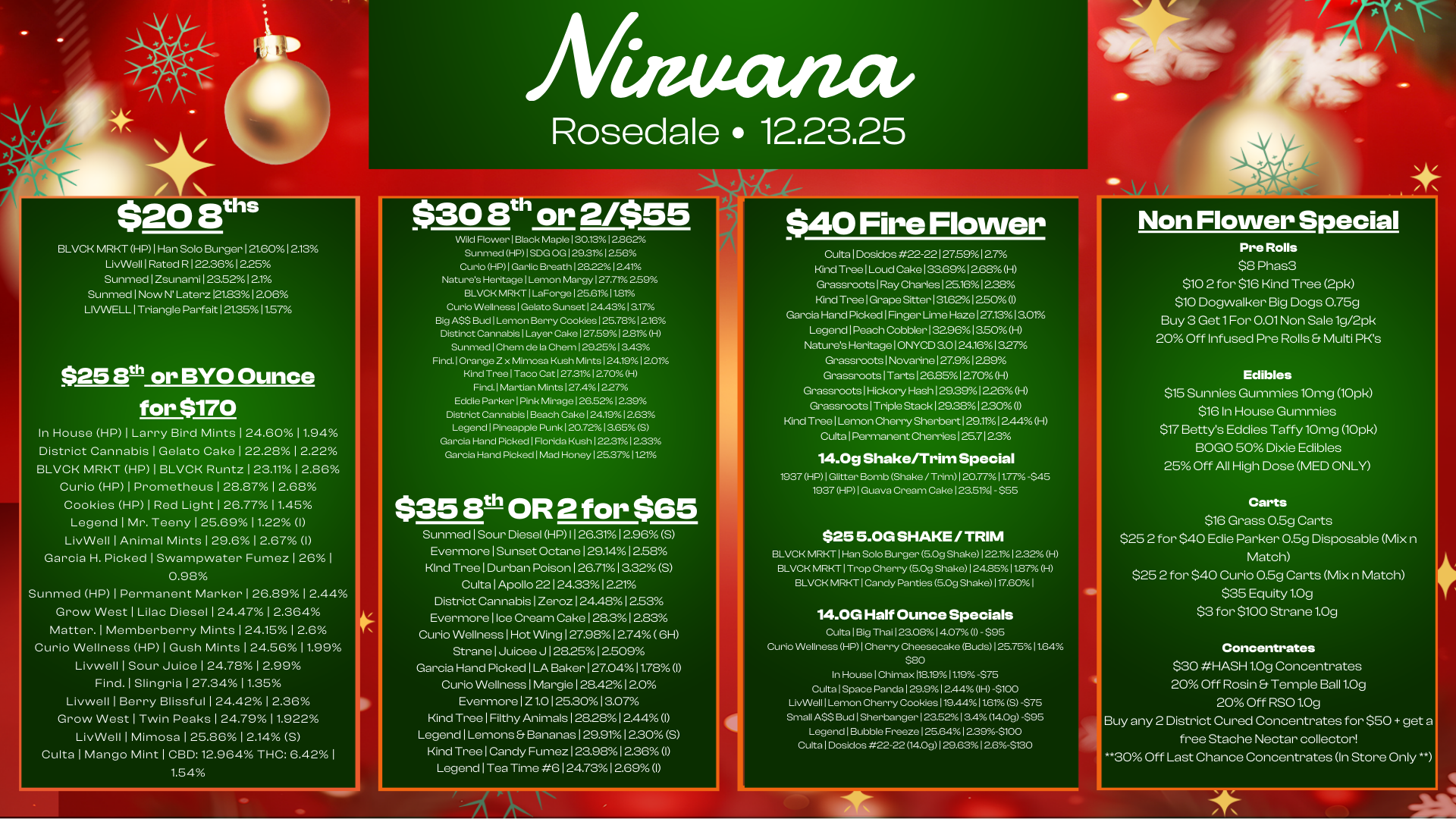 Rosedale 12.23.25 $20 8 s $30 3t or 2/$55 BLVCK MRKT HP I Han Solo Burger 1 21.601 2.13 LivWell 1 Rated R 1223612.25 Sunmed I Zsunami 1 23.521 2.1 Sunmed I Now N Laterz 12123 1 206 LIVWELL I Triangle Parfait 121.3511.57 $25 Btil or BYO Ounce for $170 In House HP I Larry Bird Mints 1 24.60 11.94 District Cannabis I Gelato Cake I 22.28 I 2.22 BLVCK MRKT HP I BLVCK Runtz 1 23.111 2.86 Curio HP I Prometheus 128.87 I 2.68 Cookies HP I Red Light 126.7711.45 Legend I Mr. Teeny 125.69 11.22 I LivWell I Animal Mints 1 29.6 1 2.67 I Garcia H. Picked I Swampwater Fumez I 261 0.98 Sunmed HP I Permanent Marker I 26.89 I 2.44 Grow West I Lilac Diesel I 24.471 2.364 Matter. I Memberberry Mints I 24.15 I 2.6 Curio Wellness HP I Gush Mints 1 24.56 11.99 Livwell I Sour Juice I 24.781 2.99 Find. I Slingria 127.3411.35 Livwell I Berry Blissful I 24.42 1 2.36 Grow West I Twin Peaks I 24.79 11.922 LivWell 1 Mimosa 1 25.861 2.14 5 Culta I Mango Mint I CBD 12.964 THC 6.42 I 1.54 Wild Flower I Black Maple 130.13 12.862 Sunmed HP 1SOG OG 1 29.311 2.56 Curio HP I Garlic Breath 12822 12.41 Natures Heritage I Lemon Margy 127.71 2.59 BLVCK MRKT I LaForge 125.61 11.81 Curio Wellness Gelato Sunset 124.43 13.17 Big ASS Bud 1 Lemon Berry Cookies 1 26.781 2.16 Distinct Cannabis I Layer Cake 1 27.591 2.81 H Sunmed I Chem de la Chem 1 29251 3.43 FInd.1 Orange Z x Mimosa Kush Mints 124.1912.01 Kind Tree 1 Taco Cat 1 27.311 2.70 H Find.1 Martian Mints 127.41227 Eddie Parker I Pink Mirage 126.52 12.39 District Cannabis 1 Beach Cake 1241912.63 Legend I Pineapple Punk 1 20.72 13.65 5 Garcia Hand Picked I Florida Kush 122311233 Garcia Hand Picked 1 Mad Honey 125.371121 $358til OR 2 for $65 Sunmed I Sour Diesel HP I 126.31 12.96 S Evermore I Sunset Octane 129.14 12.58 Kind Tree I Durban Poison I 26.711 3.32 5 Culta I Apollo 22124.33 1221 District Cannabis I Zeroz 124.48 12.53 Evermore I Ice Cream Cake 1 28.31 283 Curio Wellness I Hot Wing 127.98 1274 6H Strane I Juicee J 12825 12509 Garcia Hand Picked ILA Baker 1 27.0411.78 I Curio Wellness 1 Margie I 28.42120 Evermore I Z 1.0 125.3013.07 Kind Tree I Filthy Animals 128.28 12.44 I Legend I Lemons Bananas I29.9112205 Kind Tree I Candy Fumez 123.98 1236 I Legend I Tea Time 6 I 24.731269I $40 Fire Flower Cults I Dosidos 22-2212759127 Kind Tree I Loud Cake 133.6912.680-0 Grassroots I Ray Charles 125.161228 Kind Tree I Grape Sitter 131.621 250 I Garcia Hand Picked I Finger Lime Haze 127.131 3.01 Legend I Peach Cobbler 1329613500-0 Natures Heritage I ONYCD 3.0124161327 Grassroots I Novarine 127.91229 Grassroots I Tarts 126.851270H Grassroots I Hickory Hash 12929 1226 I-I Grassroots I Triple Stack 129281220 I Kind Tree I Lemon Cherry Sherbert 129.111244 H Cults I Permanent Cherries 125.7123 14.08 Shake/Trim Special 1937 HP I Glitter Bomb Shake / Trim I 20.771 1.77 -$45 1937 HP I Guava Cream Cake 123.511 - $55 $25 5.0G SHAKE / TRIM BLVCK MRKT I Han Solo Burger 5.Og Shake122112.32 H BLVCK MRKT I Trop Cherry 5.Og Shake 1 248511.87 0-I BLVCK MRKT I Candy Panties 5.Og Shake 117.60 I 14.0G Half Ounce Specials Culta I Big Thai 123.08I 4.07 I - $95 Curio Wellness HP I Cherry Cheesecake BudsI25.75 11.64 $80 In House I Chimax 118.1911.19-$75 Culta I Space Panda 1 29.91 244 IH -$100 LivWell1Lemon Cherry Cookies 119.4411.61 5 -$75 Small ASS Bud I Sherbanger 1 23.521 3.4 140g -$95 Legend I Bubble Freeze 125.641 2.39-$100 Culta I Dosidos 22-22 14.09129.63I2.6-5130 Non Flower Special Pre Rolls $8 Phas3 $10 2 for $16 Kind Tree 2pk $10 Dogwalker Big Dogs 0.759 Buy 3 Get 1 For 0.01 Non Sale 19/2pk 20 Off Infused Pre Rolls Multi PRs Edibles $15 Bunnies Gummies 10mg 10pk $16 In House Gummies $17 Bettys Eddies Taffy 10mg 10pk BOGO 60 Dixie Edibles 25 Off All High Dose MED ONLY On $16 Grass 0.6g Carts $25 2 for $40 Edie Parker 0.5g Disposable Mix n Match $26 2 for $40 Curio 0.6g Carts Mix n Match $35 Equity 1.Og $3 for $100 Strane 1.Og Concentrates $30 HASH 1.Og Concentrates 20 Off Rosin Temple Ball 1.Og 20 Off RSO 1.Og Buy any 2 District Cured Concentrates for $50 get a free Stache Nectar collector 30 Off Last Chance Concentrates In Store Only / 