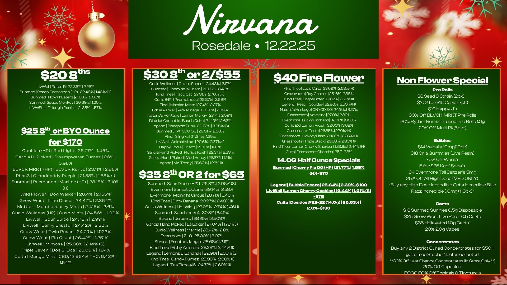 14 mectom Rosedale 12.22.25 LivWell I Rated R 12236225 Sunmed I Peach Crescendo HP I 22.48 I 143 H Sunmed I Now N Later. 121.83 I 2.06 Sunmed I Space Monkey I 20.69 I 1B5 LIVVVELL I Triangle Parfait I 21.3511.57 $25 Irla or BYO Ounce for $170 Cookies HP I Red Light 1 26.7711.45 Garcia H. Picked 1 Swampwater Fumez 1 261 0.98 BLVCK MRKT HP 1 BLVOK Runt. 123.111 2.86 Phas3 1 Granddaddy Purple 1 21.3811.58 I Sunmed I Permanent Marker HP 1 28.181 3.10 H Wild Flower 1 Dog Walker 1 26.4 12.155 Grow West I Lilac Diesel I 24.47 1 2.364 Matter. Memberberry Mints 1 24.15 1 2.6 Curio Wellness HP Guth Mints 1 24.56 11.99 Livwell 1 Sour Juice 1 24.78 1 2.99 Livwell I Berry Blissful 1 24.42 1 2.36 Grow West 1 Twin Peaks 1 24.79 11.922 Grow West Pie Crust 1 26.42 1 1.251 LivWell I Mimosa I 25.86 1 2.14 S Triple Seven I Dos Si Dos 1 28.69 I 1.84 Colts 1 Mango Mint I CBD 12.964 THC 6.421 1.54 Curio Wellness I Gelato Sunset 1 24.43 1 3.17 Sunmed I Chem de la Chem 123251 3.43 Kind Tree I Taco Cat I 27.3rXii I 270 H Curio HP I Prometheus I 28.871268 Find. Martian Mints I 27.41227 Eddie Parker I Pink Mirage I 26.521239 Natures Heritage I Lemon Mangy I 27.712.59 District Cannabis I Beach Cake I 241912.63 Legend I Pineapple Punk I 20.7213.65 S Sunmed HP I S. OG I 29.31 I 2.56 Find. I Slingria I 27.3411.35 LivWell I Animal Mints I 29.61267 I Happy Eddie I Oreoz 1 23.131.3 Garcia Hand Picked 1 Florida Kush 1 22.3M12.33 Garcia Hand Picked 1 Mad Honey 1 25.37 11.21 Legend Mr. Teeny 25.691122./0 I $35 13t-11 OR 2 for $65 Sunmed I Sour Diesel HP 11 26.31 1 2.96 S Evermore 1 Sunset Octane 129.1412.58 Evermore 1 Midnight Circus 1 28.71 1 3.43 Kind Tree 1 Dirty Banana 292712485 Curio Wellness 1 Hot Wing 1 27.9.1 2.74 6H Sunmed Sunshine 4130.313.49 Strane 1 Juicee J128.2512.509 Garcia Hand Picked 1 La Baker 1 27.04 11.7. 1 Curio Wellness 1 Margie 1 28.421 2.0 Evermore 1 Z1.0 1 25.301 3.07 Strane 1 Frosted Jungle 1 28.6.1 2. Kind Tree 1 Filthy Animals 28.28 1 2.44 I Legend 1 Lemons Er Bananas 1 29.91 1 2.30 S Kind Tree 1 Candy Fumez 23.9.0 236 I Legend 1 Tea Time 6 1 24.7.1 2.69 I $40 Fire Flower Kind Tree I Loud Cake 33691268 H Grassroots I Ray Charles 125161 2.38 Kind Tree Grape Sitter 131.621 2.50 I Legend I Peach Cobbler 1329.1350 H Naturds Heritage ONYCD 30124361327 Grassroots Novarine 127.91289 Evermore I Lucky Orchard 132.321 aas Curio EX I Lemon Fresh I 32001 ace Grassroots Tarts 26.85 270 H Grassroots Hickory Hash 129.39 1226 H Grassroots Triple Stack 1233612.30 0 Kind Tree I Lemon Cherry Sherbert129.1r 2.440-1 Cultaf Permanent Cherries125.7123 14.0G Half Ounce Specials SunmedlCherry Pie OG HP121.7711.59 H-$7. Legend 1 1.ibble Fresze125.6412.39-$100 LivINell1Lemon Cherry Cookies119.4411.61S $75 CultalDosidos 22-22 14.091129.631 2.6-$130 Non Flower Special Pre Rolls $8 Seed Strain 2pk $10 2 for $16 Curio 2pk $10 Happy Js 30 Off BLVCK MRKT Pre Rolls 20 Rythm Remix Infused Pre Rolls 1.09 20 Off Multi Pk5pk Edibles $14 Valhalla 10mg10pk $18 Orb Gummies Live Redo 20 Off Wanas 5 for $25 Keef Sodas $4 Evermore Tall Seltzers 5mg 25 Off All High Dose MED ONLY .Buy any High Dose Incredible Get a Incredible Blue Razz Incredible 10mg 1056 Carts $18 Sunmed Sunnies 0.59 Disposable $25 Grow West Live Resin 0.5 Carts $35 Hellavated 1.0g Carts 20 2.0g Vapes Concentrates Buy any 2 District Cured Concentrates for $50 get a free Stache Nectar collector .30 Off Last Chance Concentrates On Store Only 5 20 Off Capsules / 
