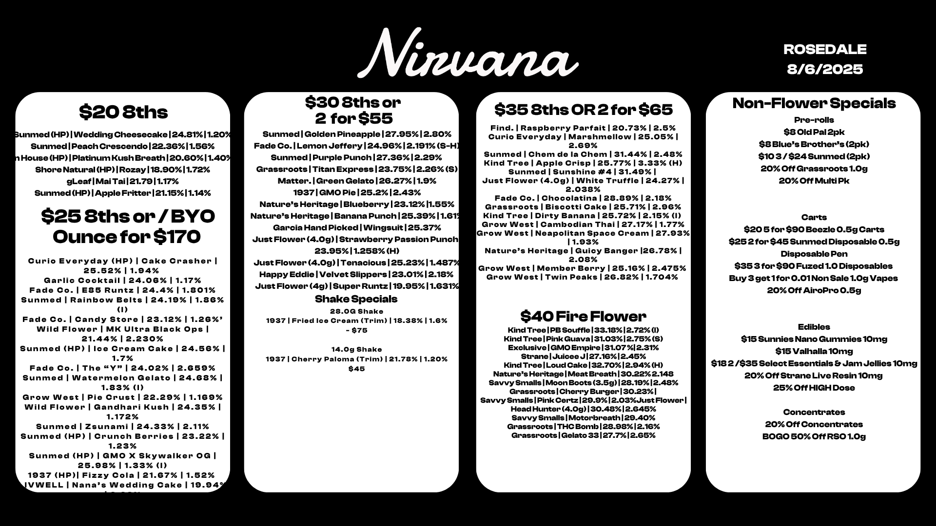 r $20 eths Sunmed HP I Wedding Cheesecake 124.8111.20 Sunmed Peach Crescendo 122.3611.56 n House HP I Platinum Kush Breath 120.6011.405 Shore Natural HP I Rozay 118.9011.72 gLeaf I Mai Tai 121.7911.17 Sunmed HP I Apple Fritter 121.1511.14 $25 Elths or I BYO Ounce for $170 Curio Everyday HP 1 Cake Crasher 1 25.52 1 1.94 Garlic Cocktail 1 24.06 1 1.17 Fade Co. 1 E85 Runtz 1 24.4 1 1.801 Sunmed 1 Rainbow Belts 1 24.19 1 1.86 I Fade Co. 1 Candy Store 1 23.12 11.26 Wild Flower 1 MK Ultra Black Ops 1 21.44 1 2.230 Sunmed HP 1 Ice Cream Cake 1 24.56 1 1.7 Fade Co. 1 The Y 1 24.02 1 2.659 Sunmed I Watermelon Gelato 1 24.68 1 1.83 I Grow West 1 Pie Crust 122.2911.169 Wild Flower I Gandhari Kush 124.351 1.172 Sunmed 1 tsunami 124.331 2.11 Sunmed HP I Crunch Berries 1 23.22 1 1.23 Sunmed HP 1 GMO X Skywalker OG 1 25.98 1 1.33 I LV1937 HP1 Fizzy Cola 1 21.67 1 1.52 1NELL 1 Nanas Wedding Cake 1 19.94 Afiuatuz r $30 Sths or 2 for $55 Sunmed I Golden Pineapple 127.9512.80 Fade Co. 1 Lemon Jeffery 124.961 2.191 S-H Sunmed 1 Purple Punch 127.3612.29 Grassroots 1 Titan Express 123.7512.26 S Matter. I Green Gelato 126.27 11.9 19371 GMO Pie 125.2 12.43 Natures Heritage I Blueberry 123.12 11.55 Natures Heritage 1 Banana Punch 125.39 11.61. Garcia Hand Picked 1 Wingsuit 125.37 Just Flower 4.0g I Strawberry Passion Punch 23.9511.258 H Just Flower 4.0g I Tenacious 125.2311.487 Happy Eddie I Velvet Slippers 1 23.011 2.18 Just Flower 4g 1 Super Runtz 119.9511.631 Shake Specials 23.03 Shake 1937 I Fried Ice Cream Trim118.3311.6 - $75 14.0g Shake 1937 I Cherry Paloma Trim121.7811.20 $45 r$35 3ths OR 2 for $651 Find. I Raspberry Parfait 120.731 2.5 Curio Everyday 1 Marshmellow 125.051 2.69 Sunmed I Chem de la Chem 131.4412.48 Kind Tree I Apple Crisp 125.7713.33 H Sunmed 1 Sunshine 4131.491 Just Flower 4.0g 1 White Truffle 1 24.27 1 2.038 Fade Co. 1 Chocolatina 128.8912.18 Grassroots 1 Biscotti Cake 125.7112.96 Kind Tree I Dirty Banana 125.7212.15 I Grow West I Cambodian Thai 1 27.1711.77 Grow West I Neapolitan Space Cream 1 27.93 11.93 Natures Heritage 1 Guicy Banger 126.78 1 2.08 Grow West Member Berry 1 25.16 1 2.475 Grow West 1 Twin Peaks 1 26.82 11.704 $40 Fire Flower Kind TreelPBSouffle133.1812.721 Kind Tree I Pink Guava 131.0312.75 5 ExclusiveIGMOEmpire131.0712.31 StranelJuiceeJ127.1612.45 Kind Tree I Loud Cake132.7012.94 H Natures Heritage I Meat Breath 130.222.148 Savvy Smalls I Moon Boots 3.58128.1912.48 Grassroots1CherryBurger130.231 Savvy Smalls I Pink Certz129.912.03Just Flower I Head Hunter 4.08130.4812.645 Savvy Smalls1Motorbreath129.40 Grassroots1THCBomb128.9812.16 Grassroots I Gelato 33127.712.65 ROSEDALE 8/6/2025 r Non-Flower Specials -1 Pre-rolls $8 Old Pal 2pk $8 Blues Brothers 2pk $10 3 / $24 Sunmed 2pk 20 Off Grassroots1.0g 20 Off Multi Pk Carts $20 5 for $90 Beezle 0.5g Carts $252 for $45 Sunmed Disposable 0.5g Disposable Pen $35 3 for $90 Fuzed 1.0 Disposables Buy 3 get 1 for 0.01 Non Sale 1.0g Vapes 20 Off AiroPro 0.5g Edibles $15 Sunnies Nano Gummies 10mg $15 Valhalla 10mg $18 2 /$35 Select Essentials Jam Jellies 10mg 20 Off Strane Live Resin 10mg 25 Off HIGH Dose Concentrates 20 Off Concentrates BOGO 50 Off RS01.09 / 