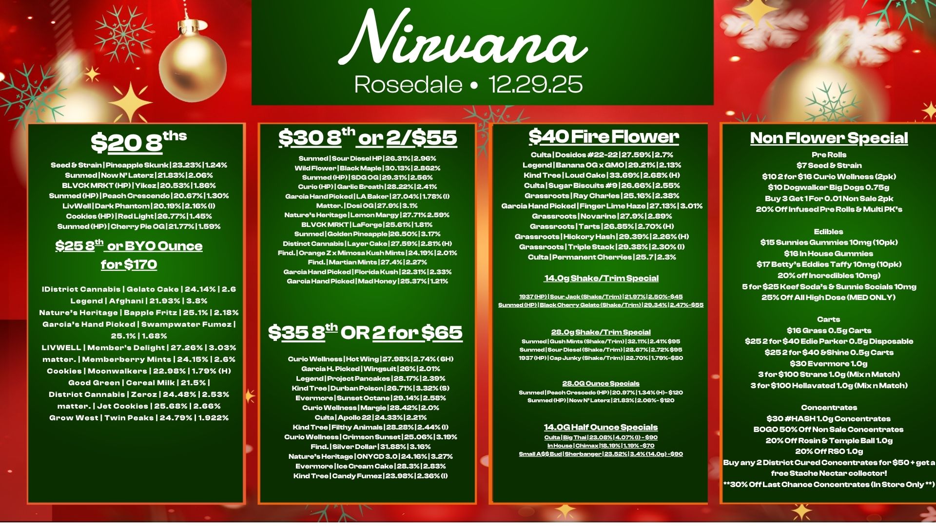 $20 aths Seed .Strain I Pineapple Skunk 123.2311.24 Sunmed I Now NLaterz121.8312.06 BLOCK MRKTHPIYikez120.5311.86 SunmedHP1PeachCrescendo120.6711.30 LivINeill Dark Phantom 120.1912.16I Cookies HPI Red Light128.7711.45 Sunmed HPI Cherry Pie OG 121.77 11.59 $25 Bth or BYO Ounce for $170 District Cannabis I Gelato Cake124.1412.6 Legend I Afghani I 21.9313.8 Natures Heritage I Bapple Fritz 125.112.18 Garcias Hand PickedISwampwater Fumez I 25.1 11.68 LIVVVELL1Members DelightI27.2613.03 matter. I Memberberry Mints124.1512.6 Cookies1Moonwalkers122.9811.79 H Good Green1Cereal Milk121.51 District Cannabis I Zeroz124.48 12.53 matter.1Jet Cookies125.6812.66 Grow INest1Twin Peaks I 24.7911.922 mutat Rosedale 12.29.25 $30 St or 2/$55 SunmedlSour Diesel HP 126.3112.96 Wild Flower I Black Maple 130.1312862 Sunmed HP I SDGOG 129.3112.66 Curio HP I Garlic Breath 1213.2212.41 Garcia Hand Picked 1 LA Baker 127.0411.7B I Matter. Dosi OG 127.913.1 Natures Heritage I Lemon Margy 127.71 2.59 BLOCK MRKT I LaForge 125.0111.81 Sunmed Golden Pineapple 126.5013.17 Distinct Cannabis 1 Layer Cake 127.5912.81H Find. Orange Z x Mimosa Kush Mints 124.1912.01 Find. Martian Mints 127.412.27 Garcia Hand Picked I Florida Kush 122.3112.33 Garcia Hand Picked I Mad Honey 129.0711.21 $353th OR 2 for $65 Curio Wellness I Hot Wing 127.9812.746H Garcia H. Picked 1 Wingsuit 12612.01 Legend 1Project Pancakes 128.1712.39 Kind Tree I Durban Poison 126.7113.32S Evermore Sunset Octane 129.1412.58 Curio Wellness I Margie 128.4212.0 Culta 1 Apollo 22124.3312.21 Kind Tree Filthy Animals 128.2812.44 I Curio Wellness Crimson SunsetI25.0613.19 Find. I Silver Dollar 131.8813.16 Natures Heritage I ONYCD 3.0124.1613.2/ Evermore I Ice Cream Cake 128.31283. Kind Tree I Candy Fumez 123.9812.36I $40 Fire Flower Cults 1030130s 22-22127.5912.7 LegendlBanana OG x GM0129.2112.13 Kind TreelLoud Cake1.33.6912.68 H CultalSugar Biscuits 9126.6612.55 Grassroots1Ray Charles 125.1612.38 Garcia Hand Picked1Finger Lime Haze 127.1313.01 Grassroots1Novarine127.912.89 GrassrootslTarts126.8512.70H Grassroots1Hickory Hash 129.3912.26H Grassroots1Triple Stack129.3812.30 I CultalPermanentCherries125.712.3 14.09 Shake/Trim Special Jaok Sheke/710121.9712.50 .unmed H P I 51Ackgburr3.9.114sOilmktari.l22.34.4 I 28 OgShakeRrimSpecial Sunmod I Gush Mints Shako/Trim132.111241. 995 Sunmod I Sour Dios. ShakofTrim128.67. 2.72.995 1937 HP I Cap Junky Shako/Trim I 22-70.1.79980 28.0G OunceSpecials Sunmed1PaaohCroseadoHP120.97.11.34.H- $120 Sunmod HPINow NLnterr 121.83 1206- $120 14.0G Half Ounce Specials Cults l Big Thai 23.013.14.07 I $90 In House I Chi max1113.19.11.19. -$70 Smell ASS Bud I Sherbenger I 23.5213.4 14.0gE$90 Non Flower Special Pre Rolls $7 Seed Strain $102 for $16 Curio Wellness 2pk $10 Dogwalker Big Dogs 0.759 Buy 3 Get 1For 0.01 Non Sale 2pk 20 Off Infused Pre Rolls Multi PKs Edibles $15 Sunnies Gummies10mg 10pk $16 In House Gummies $17 Bettys Eddies Taffy 10mg 10pk 20 off Incredibles10m9 5 for $25 Keef Sodas Sunnie Socials 10m9 25 Off All High Dose MED ONLY Carts $16 Grass 0.59 Carts $252 for $40 Edie Parker 0.59 Disposable $252 for $40 Shine 0.59 Carts $30 Evermore 1.09 3 for $100 Strane 1.09 Mix n Match 3for $100 Hellavated 1.09 Mix n Match Concentrates $30 HASH1.09 Concentrates BOLO 50 Off Non Sale Concentrates 20 Off Rosin Temple Ba111.049 20 Off RS01.09 uy any 2 District Cured Concentrates for $50 get -free Stache Nectar collector 30 Off Last Chance Concentrates In Store Only.. / 