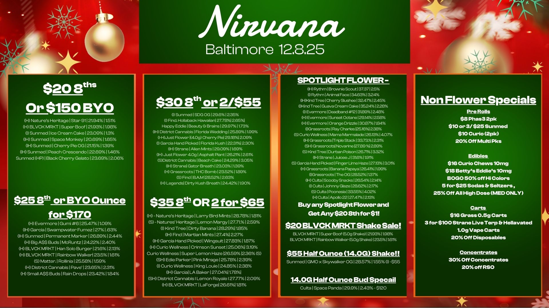 $20 Eels Or $150 BYO H Natures Heritage I Star 91121.9411.51 H BLVCK MRI-C1 I Super Boof I 21.9311.98 I Sunmed I Ice Cream Cake I 23.0911.3 IH Sunmed I Space Monkey I 20.6911.65 IH Sunmed I Cherry Pie OG 1 21.1511.39 IH Sunmed 1 Peach Crescendo I 22.6911.46 Sunmed HP I Black Cherry Gelato 123.691 2.06 $25 EO or BYO Ounce for $170 H Evermore I Gumi 6 I 25.4711.09 IH Garcia 1 Swampwater Fume. 1271.63 IH Sunmed I Permanent Marker I 26.891244 H Big A$S Buds I McRuntz I 24.221240 H BLVD MRKT 1 Han Solo Burger 121.6 12.13 HBLVCR MRKT Rainbow Walker 23.511.61 S Matter. I Rollinia 125.5.11.59 H District Cannabis I Pave 1 .65 I 231 H Small A$S Buds I Rain Drops 1234211.84 mectiza Baltimore 12.8.25 $30 8th or 2/$55 Sunmed I SDG OG 129.61235 I Find. Hollaback Hawaiian 27.7812.651 Happy Eddie Beauty Brains 129.9711.73 IH District Cannabis Florida Wedding 125.8911.99 I-HJust Flower 14.0g Cherry Piel 29.1812.09 I Garcia Hand Picked Florida Kush I 22.3rAl 230 IH Strane Alien Mints 129.091169 IH Just Flower 409 1 Asphalt Plant 126.2112.61 SDistrict Cannabis I Beach Cake I 242913.05 IH Stranel Gator Breath 123.03 11.39 H Grassroots 1 THC Bomb I 23.541189 S Find 1 BAM 128.5212.63 H Legends Dirty Kush Breath 124.4211.90 $35 Elth OR 2 for $65 H - Natures Heritage I Larry Bird Mints I 207811.81 S - Natures Heritage Lemon Margy 127.71. 12.59 I Kind Tree I Dirty Banana 128.2911.85 IH Find Martian Mints 127.412.27 IH Garcia Hand Picked I Wingsuit 127.8311.87 H Curio Wellness I Crimson Sunset 125.0613.19 Curio Wellness 1 Super Lemon Haze 126.5912.36 S SH Edie Parker 1 Pink Mirage 125.7812.39 I Curio Wellness I King Louie 124.8512.38 IH Garcia LA Baker 127.0411.781 SH District Cannabis I Lemon Royale I 27.771209 HBLVCR MRKT I LaForgel 26.61110 SPOT1JGHT1 FLOVVER - IH Rythm Brownie Scout 37.37125 I Ryth m I Animal Face 1 34.631324 IHKind Tree Cherry Slushee 1324712.45 IKind Tree Guava Cream Cake 135241228 I Evermore I Deadband 12131891248 H Evermore I Sunset Octane 129.141258 H Evermore 1 Orange Drizzle 130.87 11.84 IGrassroots I Ray Charles 125.161238 S Curio Wellness 1 Mama Marmalade 126.1314.07 IR Grassroots Triple Stack 1.73.12.31 SH Grassroots Novarine127.89 S Kind Tree 1Dur.n Poison 1 26.7. I a32 IH Stra.1 Juicee J 13161191 S Garcia Hand Picked 1 Finger Lime Haze 127.1313.01 H Grassroots I Banana papaya 126.411199 1Grassroots1The OG128.5211.37 H Cu. 1Scooby Snacks 126.54 12.14 I Cu. Johnny Glaze 128.62I 217 S Cu. I Poonesia 1335514.024 H Cu. lApolb 22127.4712.13 Buy any Spotlight Flower and Get Any $20 8th for $1 $20 BLVCK MRKT Shake Sale BLVCK MRKT I Super Boof 5.0g Shake I 2031 tSS BLVCK MRKT I Rainbow Walker 5.09 Shake 123.5116M $55 Half Ounce 14.0G Shake Sunmed I GMO x Skywalker OG 128.57 11.55 I -$55 14.0G Half Ounce Bud Specail Cults I Space Panda 129.9 I 243 - $120 Non Flower Specials Pre Rolls 68 Phas32pk $10 or 3/$25 Sunmed $10 Curio 2pk 20 Off Multi Pks Edibles $16 Curio Chews10mg $18 Bettys Eddies10mg BOGO 50 off Hi Colors 5 for $25 Sodas Et Seltzers 25 Off All High Dose MED ONLY Carts $16 Grass 0.5g Carts 3 for $100 Strane Live Terp Er Hellavated 1.0g Vape Carts 20 Off Disposables Concentrates 30 Off Concentrates 20 off RSO / 