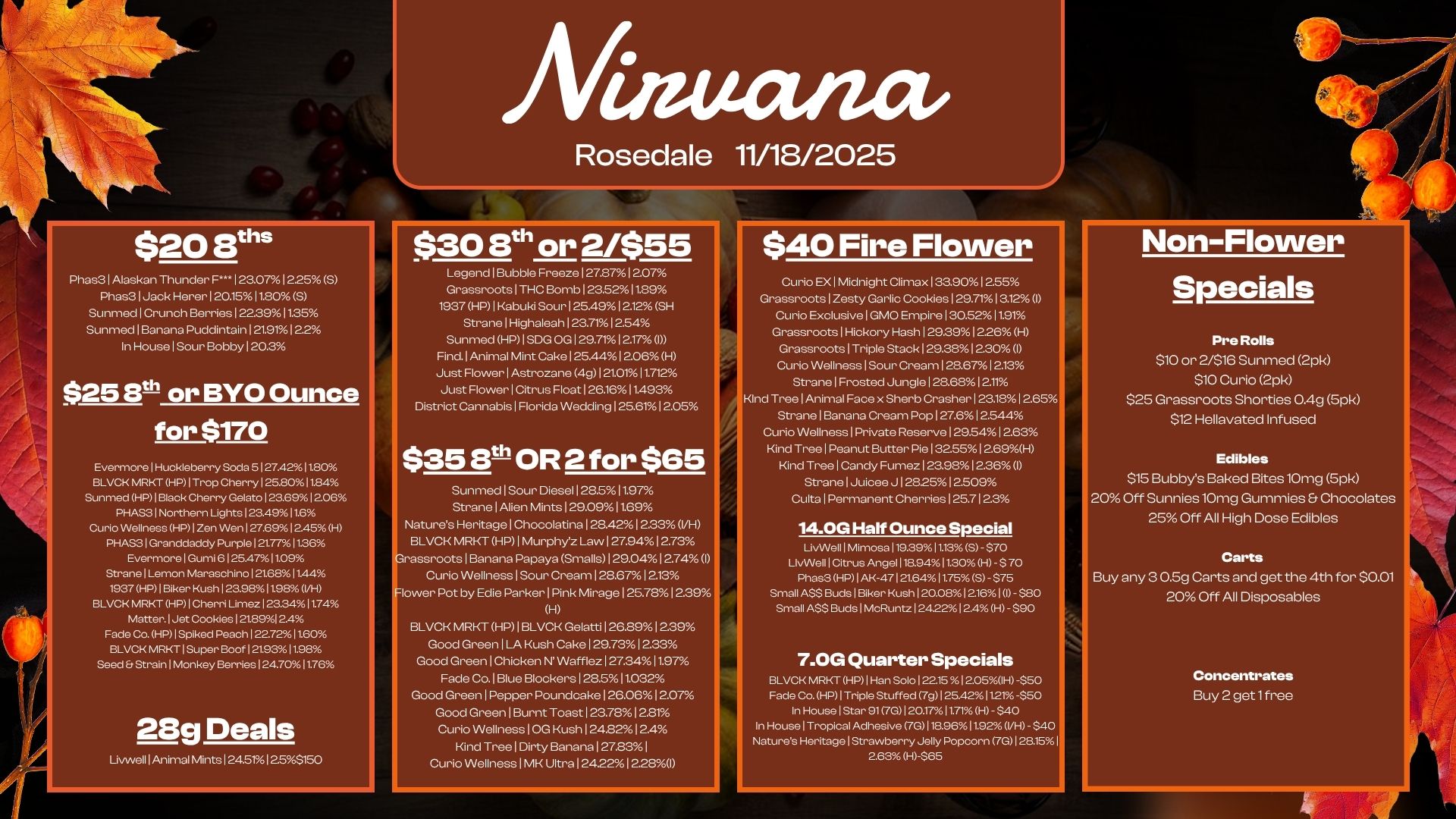 Allituzuza Rosedale 11/18/2025 $20 Eels Phas3 I Alaskan Thunder F... 123.07 1225 S Phas3 I Jack Herer 1 20.1511.80 S Sonmed Crunch Berries I 22.3911.35 Sunmed I Banana Puddintain I 21.9112.2 In House I Sour Bobby 120.3 $25 Etth or BYO Ounce for $170 Evermore Huckleberry Soda 5127.421180 BLVCK MRKT HP 1Trop Cherry 125.8011.84 Sunmed HP I Black Cherry Gelato 123.6.12.06 PHA. Northern Lights 1 23.4911.6 Curio Wellness HP Zen Wen 127.691 2.45 H PHAS3 I Granddaddy Purple 1 21.7711.36 Evermore I Gumi 6125.4711.09 Strane 1 Lemon Maraschino 1 21.6811.44 1937 HP 1 Biker Kush 123.981198/H BLOCK MOST HP I Cherri Limez I 23.341574 Matter. Jet Cookies 1 218912.4 Fade Co. HP 1 Spiked Peach I 22.7211.60 BLVCK MRKT Super Boof 1219311.98 Seeder Strain Monkey Berries I 24.7011.76 28g Deals Uvwell 1 Arm nal Mints I 245.1253150 Legend 1 Bubble Freeze 127.8712.07 Grassroots 1 THC Bomb 123.5211.89 1937 HP 1 Kabuki Sour 125.491 212 SH Strane I Highaleah I 23.7112.54 Sunn-ied HP I SDG 00 I 29.71 1 2.17 I Find. I Animal Mint Cake 125.4412.06 H Just Flower I Astrozane 4g I 21.01 11.712 Just Rower I Citrus Float I 26.1611493 District Cannabis I Florida Wedding I 25.6112.05 $35 13th OR 2 for $65 Sunmed I Sour Diesel 128.511.97 Strane I Alien Mints I 29.091 1.69 Natures Heritage 1 Chocolatina I 28.421 2.33 VH BLVCK MRKT HP I Murphy Law I 27.941 273 irassroots I Banana Papaya Smalls 129.04 I 2.74 I Curio Wellness I Sour Cream 128.67 12.13 lower Pot by Edie Parker I Pink Mirage 125.78 12.39 H BLOCK MRKT HP I BLVCK Gelatti 126.89 1239 Good Green I LA Kush Cake 129.73 12.33 Good Green I Chicken N Wafflez I 27.3411.97 Fade Co. I Blue Blockers I 28.511.032 Good Green I Pepper Poundcake 126.06 12.07 Good Green I Burnt Toast 123.78 12.81 Curio Wellness I OG Kush 124.82 12.4 Kind Tree I Dirty Banana 127.83 I Curio Wellness I MK Ultra I 24.221 2.28I $40 Fire Flower Non-Flower Curio EX I Midnight Climax 133.901 2.55 Grassroots I Zesty Garlic Cookies 1 29.711 3.12 I Curio Exclusive I GMO Empire I 30.5211.91 Grassroots 1 Hickory Hash 129.39 12.26 H Grassroots I Triple Stack I 29.381230 I Curio Wellness I Sour Cream 128.67 12.13 Strane I Frosted Jungle I 28.681 2.11 Kind Tree I Animal Face x Sherb Crasher I 23181 2.65 Strane 1 Banana Cream Pop 127.6 12544 Curio Wellness I Private Reserve 129.54 12.63 Kind Tree I Peanut Butter Pie 132551 269H Kind Tree I Candy Fun-iez I 23.981 226 0 Strane I Juicee J 12825 12.509 Cults I Permanent Cherries I 25.71 23 14.0421Hatf Ounce Speotal LivWeillMimosa119.3911.13S -370 LivVVell 1 Citrus Angell...41130 H - 70 Phas3 HP I AK-4712164 11.75 9 - 375 Small ASS Buds1Biker Kush 20.08216 1I - $80 Small ASS Buds I MoRuntz 1242212.4 H - 590 7.0G Quarter Specials BLVCI MRKT HP1Han Solo 122.15 12.050H -$50 Fade Co. HP1Triple Stuffed 79125.421121-350 In HouselStar 917G120.1711.71H - 540 In HouselTropict.41Adhesive 7G/118.9611.92 VH - $40 Natures HeritagelStrawberry Jelly Popcorn 7.128.151 2.63 H-$65 Specials Pre Rolls $10 or 2/$16 Sunmed 2pk $10 Curio 2pk $25 Grassroots Shorties 0.4g Sok $12 Hellavated Infused Edibles $15 Bubbys Baked Bites 10mg 5pk 20 Off Sunnies 10mg Gummies Chocolates 25 Off All High Dose Edibles Carts Buy any 3 0.5g Carts and get the 4th for $0.01 20 Off All Disposables Concentrates Buy 2 get 1 free / 