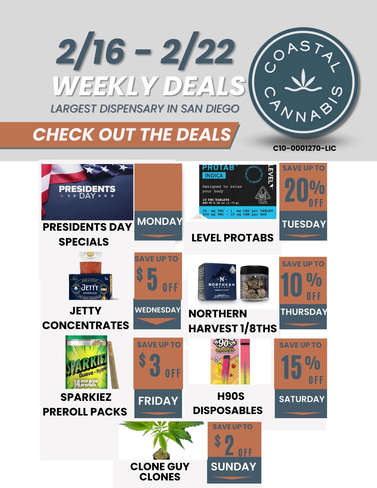 5 07 TUESDAY 2/16 2/22 I f D LARGEST DISPENSARY IN SAN DIEGO r C10-0001 70-LIC PRESIDENTS DAY PRESIDENTS DAY SPECIALS JETTY CONCENTRATES SPARKIEZ PREROLL PACKS SAVE UP TO FRIDAY Z1 1. mg CBD per HOR LEVEL PROTABS NORTHERN HARVEST 1/8THS H9OS DISPOSABLES CLONE GUY CLONES SAVE UP TO 20 OFF SAVE UP TO 1 0 0/0 nor SATURDAY / 