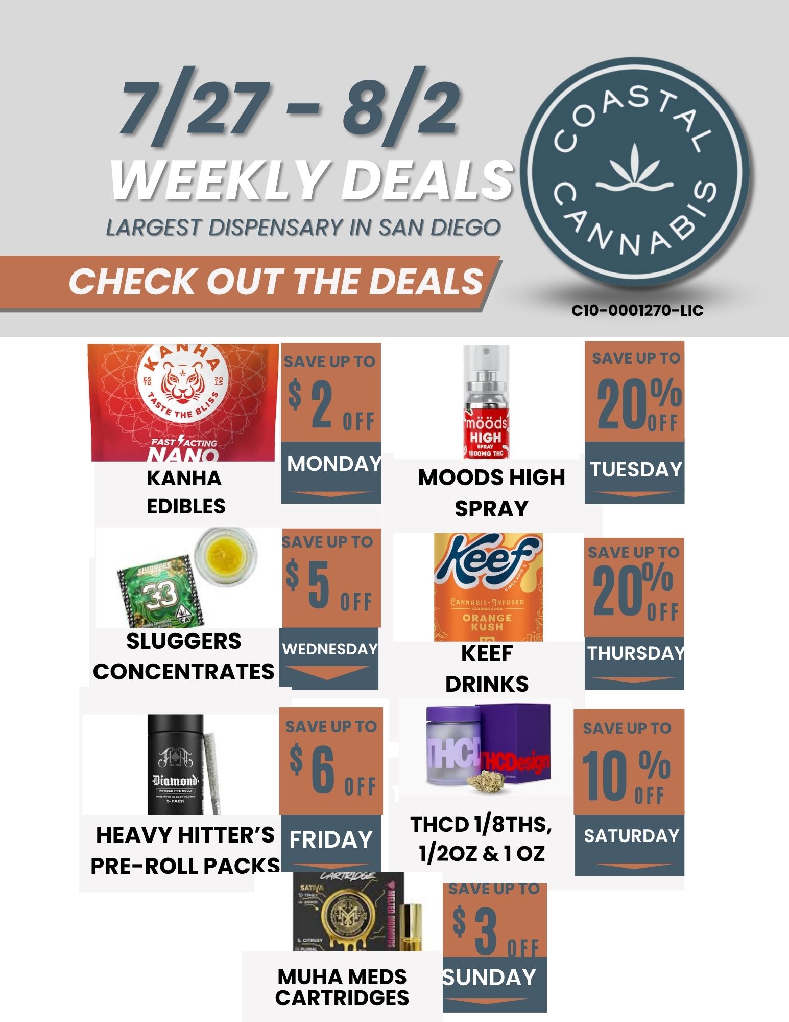 7/27 - 8/2 wr. rip/ i LARGEST DISPENSARY IN SAN DIEGO CHECK OUT THE DEALS AVE UP T1 2 OFF KANHA EDIBLES MOODS HIGH SPRAY SLUGGERS CONCENTRATES HEAVY HITTERS PRE-ROLL PACKS SAVE UP T $ 0 F FRIDAY KEEF DRINKS A. 4 THCD 1/8THS 1/20Z 1 OZ MUHA MEDS CARTRIDGES SAVE umm C10-0001 70-LIC SAVE UP TO 20 OFF. SAVE UP TO 21Th OF SATURDAY / 