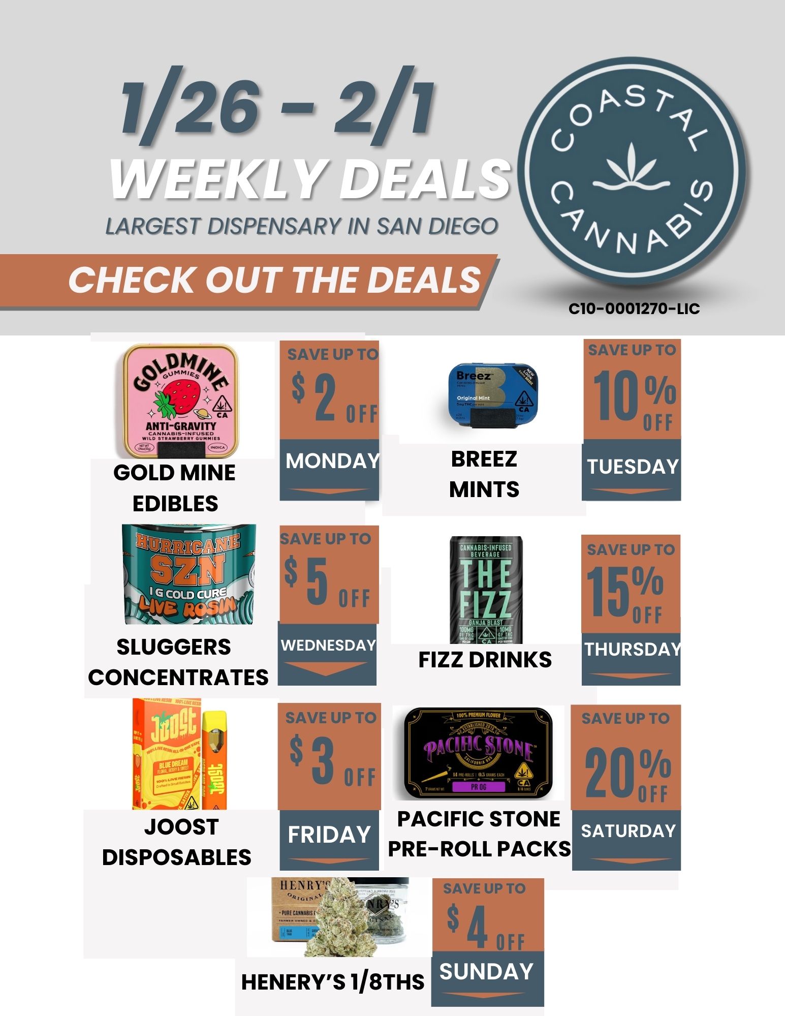 0I SAVE U $ 3 1/26 - 2/1 JJ 7/1 Drr- LARGEST DISPENSARY IN SAN DIEGO C10-0001 70-sic eet-Ri V tit Allt6 ANTIGRAVITY GOLD MINE EDIBLES SAVE UP ia $ 2 OFF SLUGGERS CONCENTRATES I. A. 0 JOOST DISPOSABLES FRIDAY BREEZ MINTS FIZZ DRINKS .w5ginkw. MK PP mom 0- PACIFIC STONE PRE-ROLL PACKS HENERYS 1/8THS SAVE UP TO 1 0 OFF TUESDAY SAVE UP TO SIVO IrPOFF4 SATURDAY / 