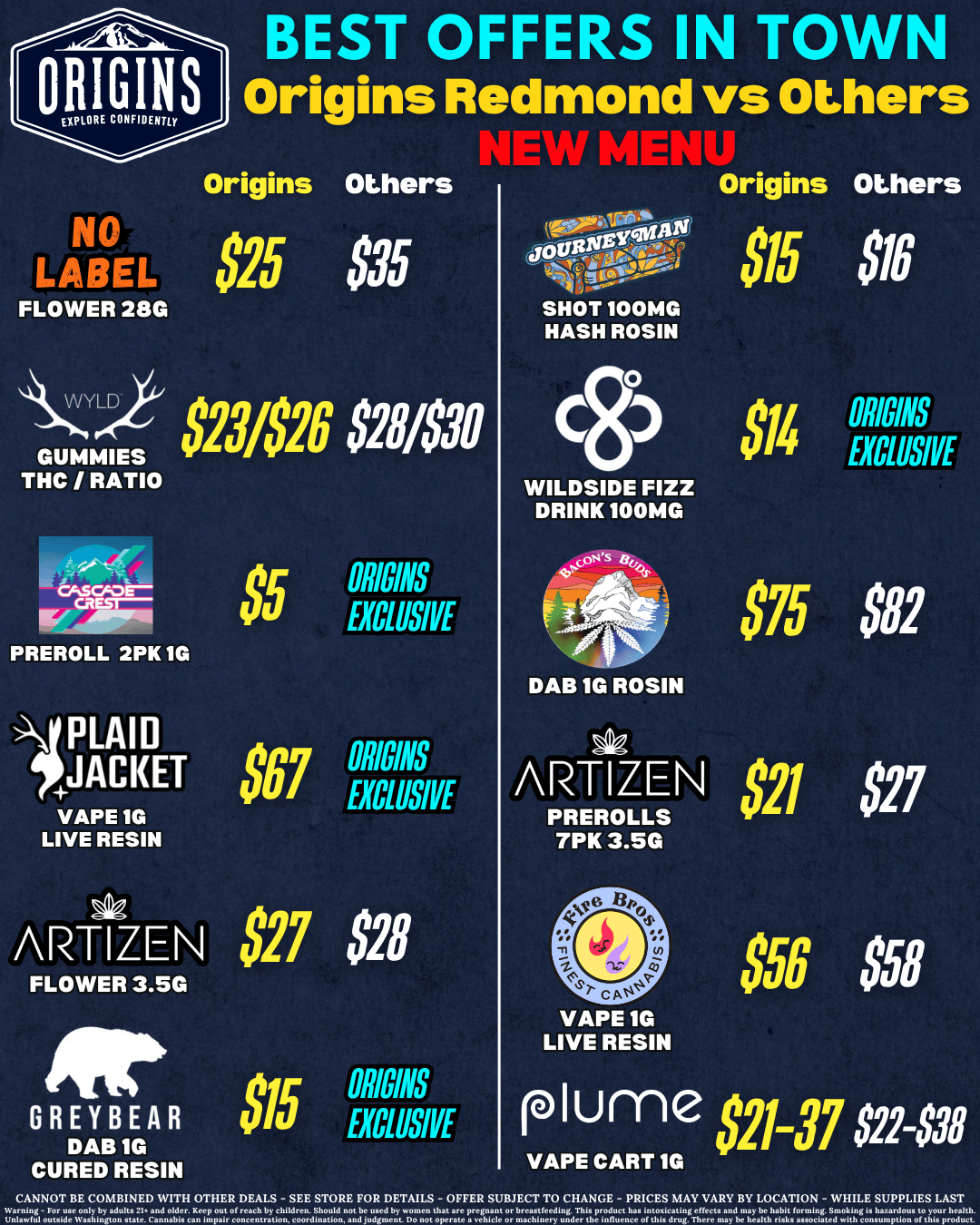 BEST OFFERS IN TOWN ORIGINS Origins Redmond vs Others 1EW MEW NO ABEL FLOWER 28G Origins Others Origins Others $25 835 GUMMIES $231$26 $281830 THC / RATIO G.SCA0E-CRECI-41....1.1 PREROLL 2PK 1G PLAID aVACKET VAPE 1G LIVE RESIN 010 ARTIZEN FLOWER 3.5G GREYBEAR DAB 1G $5 ORIGINS EXCLUSIVE eg7 ORIGINS Yu EXCLUSIVE $27 $28 Oic ORIGINS nu EXCLUSIVE 100.4Lor 10 YSHOT 100MG HASH ROSIN cg WILDSIDE FIZZ DRINK 100MG DAB 1G ROSIN ARTIZEN PREROLLS 7PK 3.5G VAPE 1G LIVE RESIN $15 $16 S14eu ORIGINS EXCLUSIVE $75 $82 $21 827 $56 858 fD I urn e 821-37 $22-$38 CURED RESIN VAPE CART 1G CANNOT BE COMBINED WITH OTHER DEALS - SEE STORE FOR DETAILS - OFFER S UMECT TO CHANGE - PRICES MAY VARY BY LOCATION - WHILE SUPPLIES LAST /  We've got the Best Offers in Redmond!  Enjoy the lowest prices and exclusive deals, only from Origins!  On the go? Go online!  Wednesday thru Saturday, we've got exclusively online deals to help you save even more!