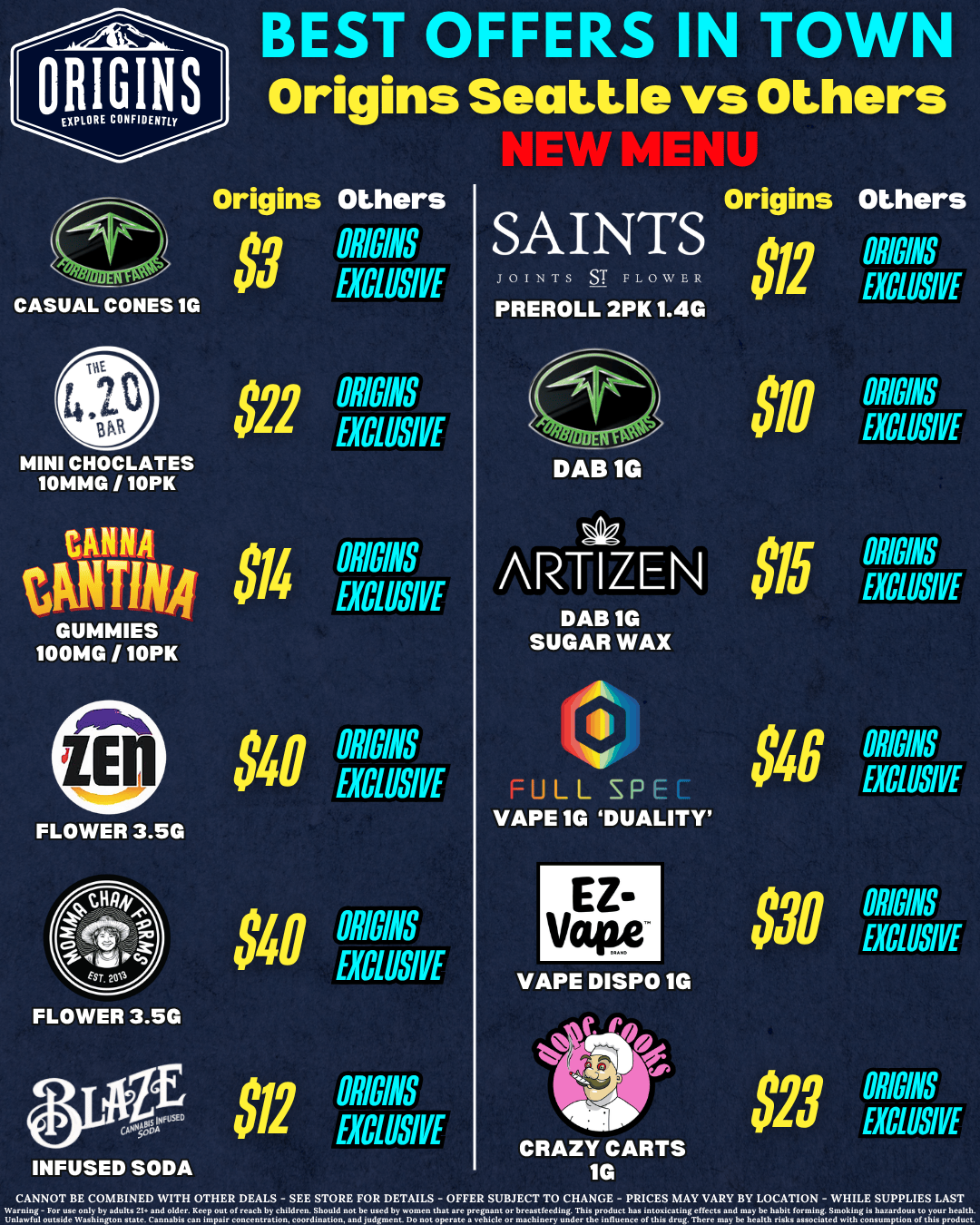 BEST OFFERS IN TOWN ORIGINS Origins Seattle vs Others NEW MEP CASUAL CONES 1G MINI CHOCLATES 10MMG / 10PK Origins Others eg ORIGINS Vu EXCLUSIVE 09 ORIGINS iLL EXCLUSIVE tANTNIAPI A em ORIGINS int EXCLUSIVE GUMMIES 100MG / 10PK FLOWER 3.5G FLOWER 3.5G lin ORIGINS vitu EXCLUSIVE X40 ORIGINS crru EXCLUSIVE SAINTS JOINTS Sr FLOWER $12 PREROLL 2PK 1.4G Origins Others J $10 DAB 1G 01 ARTIZEN DAB 1G SUGAR WAX A 4 -LILL SP VAPE 1G DUALITY EZ-Vat VAPE DISPO 1G $15 $46 $30 oa$ 19 OWNS L EXCLUSIVE $23 CRAZY CARTS 1G CANNOT BE COMBINED WITH OTHER DEALS - SEE STORE FOR DETAILS - OFFER SUBJECT TO CHANGE - PRICES MAY VARY BY LOCATION - WHILE SUPPLIES LAST n.rrrrn. INFUSED SODA ORIGINS EXCLUSIVE ORIGINS EXCLUSIVE ORIGINS EXCLUSIVE ORIGINS EXCLUSIVE ORIGINS EXCLUSIVE ORIGINS EXCLUSIVE /  We've got the Best Offers in Seattle!  Enjoy the lowest prices and exclusive deals, only from Origins!  On the go? Go online!  Wednesday thru Saturday, we've got exclusively online deals to help you save even more!