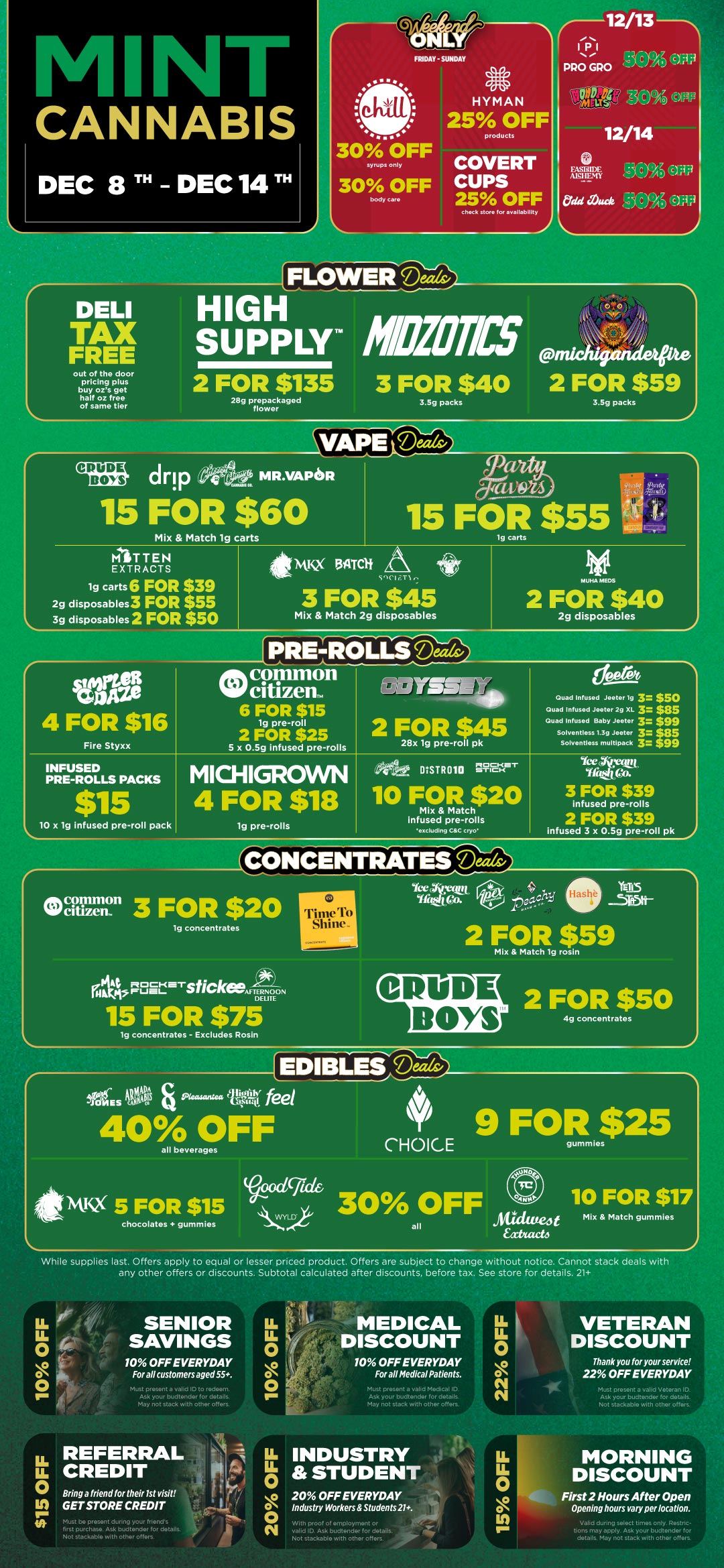 CANNABIS DEC 8 TH DEC 14 TH FRIDAY-SUNDAY HYMAN 25 OFF products r 30 OFF syrups only COVERT body care check store for availability FLOWER 5 DELI TAX FREE out of the door pricing plus buy ozs get half oz free of same tier HIGH SUPPLY MET/LO 2 FOR $135 3 FORk$40 2 FOR $59 28g prepackaged flower drip 15 FOR $60 MR.VAPISR Mix Match tg carts 15 FOR $55 srook viotq Tit A ji rpTlfai/i MITTEN EXTRACTS 1g carts 6 FOR $39 2g disposables3 FOR $55 3g disposables 2 FOR $50 4IMISX 51flct 3 FOR $45 Mix Match 2g disposables N mustA MEOS 2 FOR $40 2g disposables RE-ROLLSeds 44 son GnAlie 4 FOR $16 Fire Styxx common Wcittzen. 6 FOR $15 tg pre-roll 2 FOR $25 5 x 0.59 Infused pre-rolls giDYSIS7MY 2 FOR $45 28x tg pre-roll pk INFUSED PRE-ROLLS PACKS $115 10 x 1g infused pre-roll pack MICHIGROWN 4 FOR $18 1g pre-rolls DIST11010 RIFErr 10 FOR $20 Mix Match infused pre-rolls excluding CSC cryo Quad Infused Jester 193 $50 Quad Infused Jester 29 XL 3 $$5 Quad Infused Baby Jootor 3 $99 Solventless 1.3g Peeler 3 195 Solventless multIpack 3 99 Yee law Qa. 3 FOR $39 Infused pre-rolls 2 FOR $39 infused 3 x 0.5g pre-roll pk CONCENTRATES Deeds CDre.17 3 FOR $20 tg concentrates Pitt 1101-stir-stickeeIfl ..F1-II1L. AFTERNOON DELITE 15 FOR $75 1g concentrates - Excludes Rosin 0 1 Tinier Shine .- .. tect e.fz 61.5 -5161t-2 FOR $59 Mix Match tg rosin CRUD Boys 2 FOR $50 4g concentrates 5rta OES Paa feel 40 OFF all beverages CHOICE 9 FORmako25 tee 4SX 5 FOR $15 podgid 30 OFF I ZIYLE0 chocolates gummies all 10 FOR $17 Mix Match gummies While supplies last. Offers apply to equal or lesser priced product. Offers are subject to change without notice. Cannot stack deals with any other offers or discounts. Subtotal calculated after discounts before tax. See store for details. 21 10 OFF EVERYDAY For all customers aged 55. Must present a valid ID to rodoem Ask your butRockier for details May not stack with other offers. MEDICAL DISCOUNT 10 OFF EVERYDAY For all Medical Patients. VETERAN DISCOUNT Thank you for your service 22 OFF EVERYDAY vodical ID yiet.t ut 4e for doter. May not stack With other offer stackablo with other ottQ Bring a friend for their 1st visit GET STORE CREDIT present dunng your friends purchase. Ask budtondor for details Not statkoble with other offer IL INDUSTRY nill STUDENT 20 OFF EVERYDAY O Industry Workers Students 21. 0 valid ID. Ask budtender for detailsr Not stackable with other offers. - MORNING DISCOUNT First 2 Hours After Open Opening hours vary per location. bons May apply Ask your budtonder details. May not stack with othor off or / Click the link to find more deals at your nearest Mint: https://mintdeals.com/michigan/
