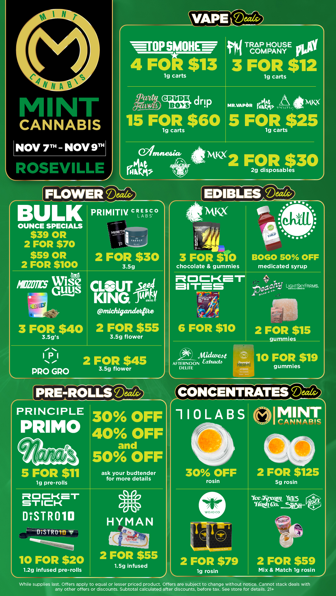 NAPE ig WrOP ANEW 4 Fat$13 1g carts tiqTRAP HOUSE 00111 COMPANY 3 FOR $12 carts P44 AL K2CM. MR.VAPOR vIci 5 FOR $25 1g carts Wfmne4ia. talAt fizz 2 FOR $30 Kum FLAN/ER Deeds-BULK OUNCE SPECIALS $39 OR 2 FOR $70 $59 OR 2 FOR $100 PRIMITIV. CRESCO ABS Pr 41- villtAtil im..... - vi sc 0 2 FOR $30 3.5g 1 firms WiSe GUMS 3 FOR $40 3.5gs CLOUT set KING midtigandee 2 FOR $55 3.5g flower IPI I PRO GRO 2 FOR $45 3.5g flower 2g disposables EDIBLES MKX 3 FOR $10 chocolate gummies BOGO SO OFF medicated syrup ncial-c1- en-as 6 FOR $10 Itt ler LIGHTSKYFARMS. lbo-vat Atuaiet AFTERNOON exhack DELITE PRE-ROLLS Deals/ PRINCIPLE PRIMO 5 FOR $11 19 pre-rolls 30A OFF 404 OFF 5421 0 OFF ROCKET STICK DtSTR010 DISTRon v 10 FOR $20 1.2g infused pre-rolls ask your budtender for more details HYMAN 2 FOR $55 1.5g infused 2 FOR $15 gummies 10 FOR $19 gummies CONCENTRATES Dela 110LABS MINT rAIMIMAIPIC 30 OFF rosin 2 FOR $125 2 FOR $79 1g rosin 5g rosin YceAyget Ygli5 Walt 3159- 2 FOR $59 Mix Match 19 rosin While supplies last. Offers apply to equal or lesser priced product. Offers are subject to change without notice. Cannot stack deals with any other offers or discounts. Subtotal calculated after discounts before tax. See store for details. 21 / Click the link to find more deals at your nearest Mint: https://mintdeals.com/location/roseville-mi/deals