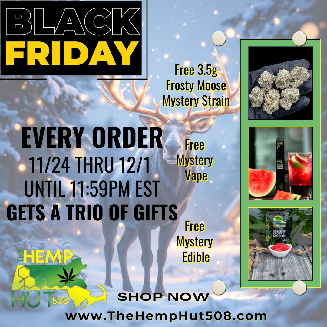 C 3 K FR DAY Free 3.5g Frosty Moose Mystery Strain EVERY OilD61 11/24 THRU 12/1 UNTIL 1159PM EST GETS A TRIO OF GIFTS Free Mystery Vape biarerrais Th4 Free Mystery Edible SHOP NOW - wwwTheHempHut508.com PPIIIII9 An SI / 
