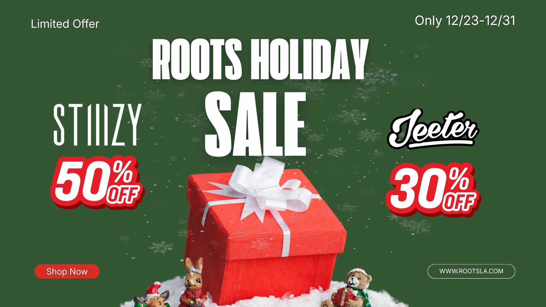 livedeal image / Thought the deals were over? Think again 12/23 to 12/31JEETER 30% OFFSTIIIZY 50% OFFTUESDAY THRU FRIDAY 6AM-8AM WE HAVE COFFEE & DONUTS 