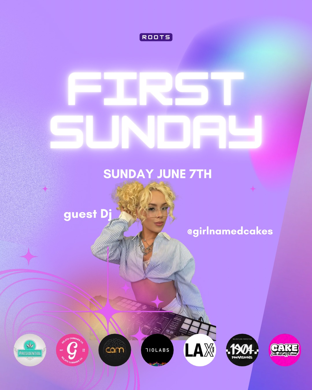 FIRST SUNDRY SUNDAY JUNE 7TH 444 girinamedcakes / FIRST SUNDAY @ ROOTS 6/7 OPEN 6AM10PM COFFEE HAPPY HOUR 6AM10AM SUNDAY & MONDAY = 30% OFF STOREWIDE! ORDER THROUGH OUR WEBSITE & GET AN EXTRA 5% OFF STACKABLE DON'T FORGET FIRST SUNDAY:DJ spinning from 4pm-7pm  SPEND $60+ & GET ENTERED INTO OUR RAFFLE GIVEAWAY! FIRST SUNDAY 40% OFF SPECIALS Sluggers  40% OFF Biscotti  40% OFF Tutti  40% OFF Presidential  40% OFF CAM  40% OFF DIME Industries  40% OFF STOCK UP  SAVE BIG  ENTER TO WIN! SEE YOU AT ROOTS! 