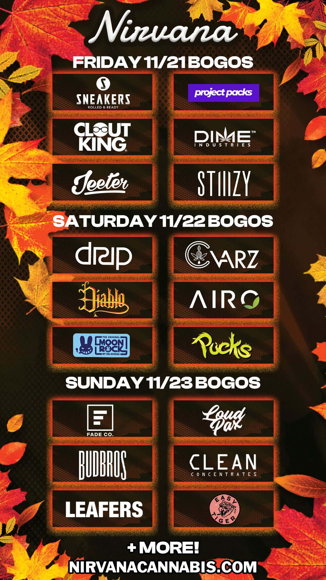 SUNDAY 11/23 BOGOS CLEAN CONCENTRATES / Check out more Friday BOGOs & Low Prices at Nirvana AZ: https://nirvanacannabis.com/arizona/ *Restrictions apply*